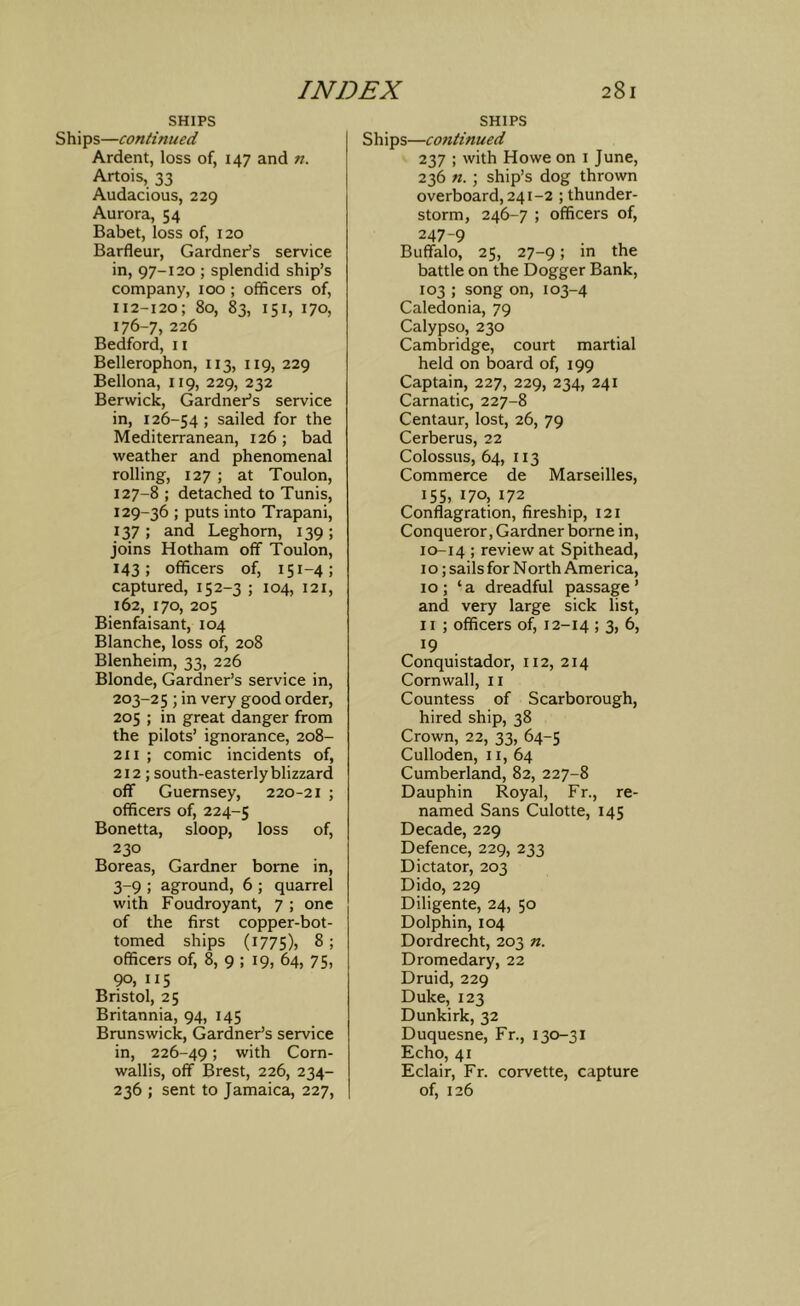 SHIPS Ships—continued Ardent, loss of, 147 and n. Artois, 33 Audacious, 229 Aurora, 54 Babet, loss of, 120 Barfleur, Gardner’s service in, 97-120 ; splendid ship’s company, 100 ; officers of, 112-120; 80, 83, 151, 170, 176-7, 226 Bedford, 11 Bellerophon, 113, 119, 229 Bellona, 119, 229, 232 Berwick, Gardner’s service in, 126-54; sailed for the Mediterranean, 126 ; bad weather and phenomenal rolling, 127 ; at Toulon, 127-8 ; detached to Tunis, 129-36 ; puts into Trapani, 137; and Leghorn, 139; joins Hotham off Toulon, 143; officers of, 151-4; captured, 152-3 ; 104, 121, 162, 170, 205 Bienfaisant, 104 Blanche, loss of^ 208 Blenheim, 33, 226 Blonde, Gardner’s service in, 203-25 ; in very good order, 205 ; in great danger from the pilots’ ignorance, 208- 211 ; comic incidents of, 212; south-easterly blizzard off Guernsey, 220-21 ; officers of, 224-5 Bonetta, sloop, loss of, 230 Boreas, Gardner borne in, 3-9 ; aground, 6 ; quarrel with Foudroyant, 7 ; one of the first copper-bot- tomed ships (1775), 8 ; officers of, 8, 9 ; 19, 64, 75, 90, 115 Bristol, 25 Britannia, 94, 145 Brunswick, Gardner’s service in, 226-49; with Corn- wallis, off Brest, 226, 234- 236 ; sent to Jamaica, 227, SHIPS Ships—continued 237 ; with Howe on i June, 236 n. ; ship’s dog thrown overboard, 241-2 ; thunder- storm, 246-7 ; officers of, 247-9 Buffalo, 25, 27-9; in the battle on the Dogger Bank, 103 ; song on, 103-4 Caledonia, 79 Calypso, 230 Cambridge, court martial held on board of, 199 Captain, 227, 229, 234, 241 Carnatic, 227-8 Centaur, lost, 26, 79 Cerberus, 22 Colossus, 64, 113 Commerce de Marseilles, 15s, 170, 172 Conflagration, fireship, 121 Conqueror, Gardner borne in, 10-14 ; review at Spithead, 10; sails for North America, 10; ‘a dreadful passage’ and very large sick list, II ; officers of, 12-14 5 3> 6, ^9 Conquistador, 112, 214 Cornwall, ii Countess of Scarborough, hired ship, 38 Crown, 22, 33, 64-5 Culloden, ii, 64 Cumberland, 82, 227-8 Dauphin Royal, Fr., re- named Sans Culotte, 145 Decade, 229 Defence, 229, 233 Dictator, 203 Dido, 229 Diligente, 24, 50 Dolphin, 104 Dordrecht, 203 n. Dromedary, 22 Druid, 229 Duke, 123 Dunkirk, 32 Duquesne, Fr., 130-31 Echo, 41 Eclair, Fr. corvette, capture of, 126