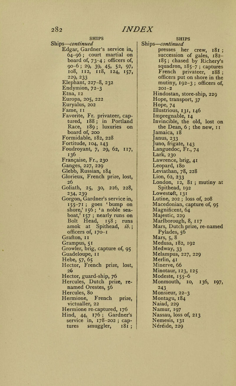 SHIPS Ships—continued Edgar, Gardner’s service in, 64-96; court martial on board of, 73-4 ; officers of, 90-6; 29, 39, 45, 52, 97, 108, 112, 118, 124, 157, 229, 233 Elephant, 227-8, 232 Endymion, 72-3 Etna, 12 Europa, 205, 222 Euryalus, 202 Fame, ii Favorite, Fr. privateer, cap- tured, 188 ; in Portland Race, 189; luxuries on board of, 200 Formidable, 182, 228 Fortitude, 104, 143 Foudroyant, 7, 29, 62, 117, 136 . Frangaise, Fr., 230 Ganges, 227, 229 Glebb, Russian, 184 Glorieux, French prize, lost, 26 Goliath, 25, 30, 226, 228, 234, 239 Gorgon, Gardner’s service in, 155-71 5 goes ‘bump on shore,’ 156; ‘a noble sea- boat,’ 157 ; nearly runs on Bolt Head, 158 ; runs amok at Spithead, ib.; officers of, 170-1 Grafton, ii Grampus, 51 Growler, brig, capture of, 95 Guadeloupe, ii Hebe, 57, 65 Hector, French prize, lost, 26 Hector, guard-ship, 76 Hercules, Dutch prize, re- named Orestes, 56 Hercules, 80 Hennione, French prize, victualler, 22 Hermione re-captured, 176 Hind, 44, 176 ; Gardner’s service in, 178-202 ; cap- tures smuggler, 181 ; SHIPS S h i ps—continued presses her crew, 181 ; succession of gales, 182- 185 ; chased by Richery^s squadron, 185-7 ; captures French privateer, 188 ; officers put on shore in the mutiny, 192-3 ; officers of, 201-2 Hindostan, store-ship, 229 Hope, transport, 37 Hope, 74 Illustrious, 131, 146 Impregnable, 14 Invincible, the old, lost on the Dean, 6 ; the new, ii Jamaica, 18 Janus, 233 Juno, frigate, 143 Languedoc, Fr., 74 Lark, 230 Lawrence, brig, 41 Leopard, 180 Leviathan, 78, 228 Lion, 62, 233 London, 12, 81 ; mutiny at Spithead, 192 Lowestoft, 131 Lutine, 202 ; loss of, 208 Macedonian, capture of, 95 Magnificent, 64 Majestic, 229 Marlborough, 8, 117 Mars, Dutch prize, re-named Pylades, 56 Mars, 5, 8 Medusa, 182, 192 Medway, 33 Melampus, 227, 229 Merlin, 41 Minerve, 66 Minotaur, 123, 125 Modeste, 155-6 Monmouth, 10, 136, 197, 243 Monsieur, 22-3 Montagu, 184 Naiad, 229 Namur, 197 Nassau, loss of, 213 Nemesis, 131 Ndrdide, 229