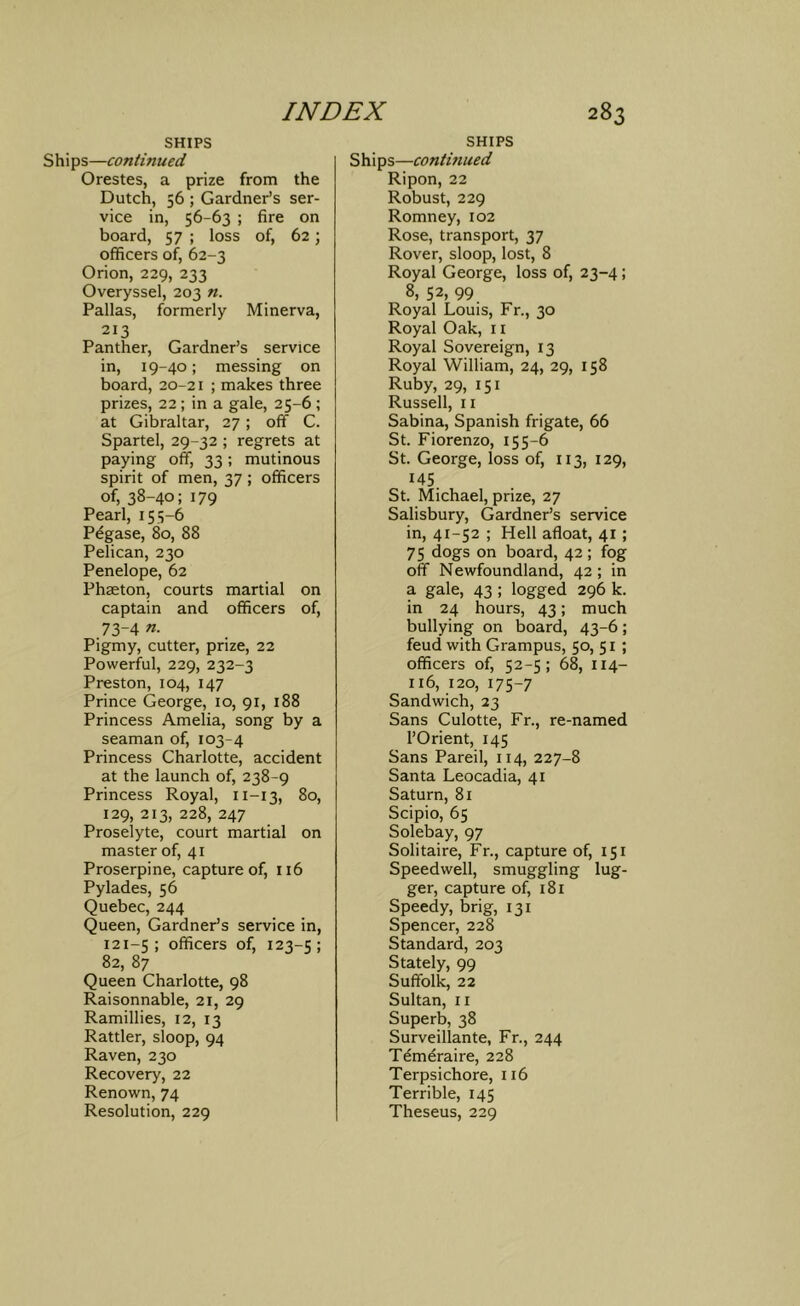 SHIPS Ships—continued Orestes, a prize from the Dutch, 56 ; Gardner’s ser- vice in, 56-63 ; fire on board, 57 ; loss of, 62 j officers of, 62-3 Orion, 229, 233 Overyssel, 203 n. Pallas, formerly Minerva, 213 Panther, Gardner’s service in, 19-40; messing on board, 20-21 ; makes three prizes, 22; in a gale, 25-6 ; at Gibraltar, 27; off C. Spartel, 29-32 ; regrets at paying off, 33; mutinous spirit of men, 37; officers of, 38-40; 179 Pearl, 155-6 Pdgase, 80, 88 Pelican, 230 Penelope, 62 Phaeton, courts martial on captain and officers of, 73-4 n. Pigmy, cutter, prize, 22 Powerful, 229, 232-3 Preston, 104, 147 Prince George, 10, 91, 188 Princess Amelia, song by a seaman of, 103-4 Princess Charlotte, accident at the launch of, 238-9 Princess Royal, 11-13, 80, 129, 213, 228, 247 Proselyte, court martial on master of, 41 Proserpine, capture of, 116 Pylades, 56 Quebec, 244 Queen, Gardner’s service in, 121-5 ; officers of, 123-5; 82, 87 Queen Charlotte, 98 Raisonnable, 21, 29 Ramillies, 12, 13 Rattler, sloop, 94 Raven, 230 Recovery, 22 Renown, 74 Resolution, 229 SHIPS Ships—continued Ripon, 22 Robust, 229 Romney, 102 Rose, transport, 37 Rover, sloop, lost, 8 Royal George, loss of, 23-4; 8, 52, 99 Royal Louis, Fr., 30 Royal Oak, 11 Royal Sovereign, 13 Royal William, 24, 29, 158 Ruby, 29, 151 Russell, 11 Sabina, Spanish frigate, 66 St. Fiorenzo, 155-6 St. George, loss of, 113, 129, 145. St. Michael, prize, 27 Salisbury, Gardner’s service in, 41-52 ; Hell afloat, 41; 75 dogs on board, 42 ; fog off Newfoundland, 42 ; in a gale, 43 ; logged 296 k. in 24 hours, 43; much bullying on board, 43-6; feud with Grampus, 50, 51 ; officers of, 52-5; 68, 114- 116, 120, 175-7 Sandwich, 23 Sans Culotte, Fr., re-named I’Orient, 145 Sans Pareil, 114, 227-8 Santa Leocadia, 41 Saturn, 81 Scipio, 65 Solebay, 97 Solitaire, Fr., capture of, 151 Speedwell, smuggling lug- ger, capture of, 181 Speedy, brig, 131 Spencer, 228 Standard, 203 Stately, 99 Suffolk, 22 Sultan, II Superb, 38 Surveillante, Fr., 244 T^mdraire, 228 Terpsichore, 116 Terrible, 145 Theseus, 229