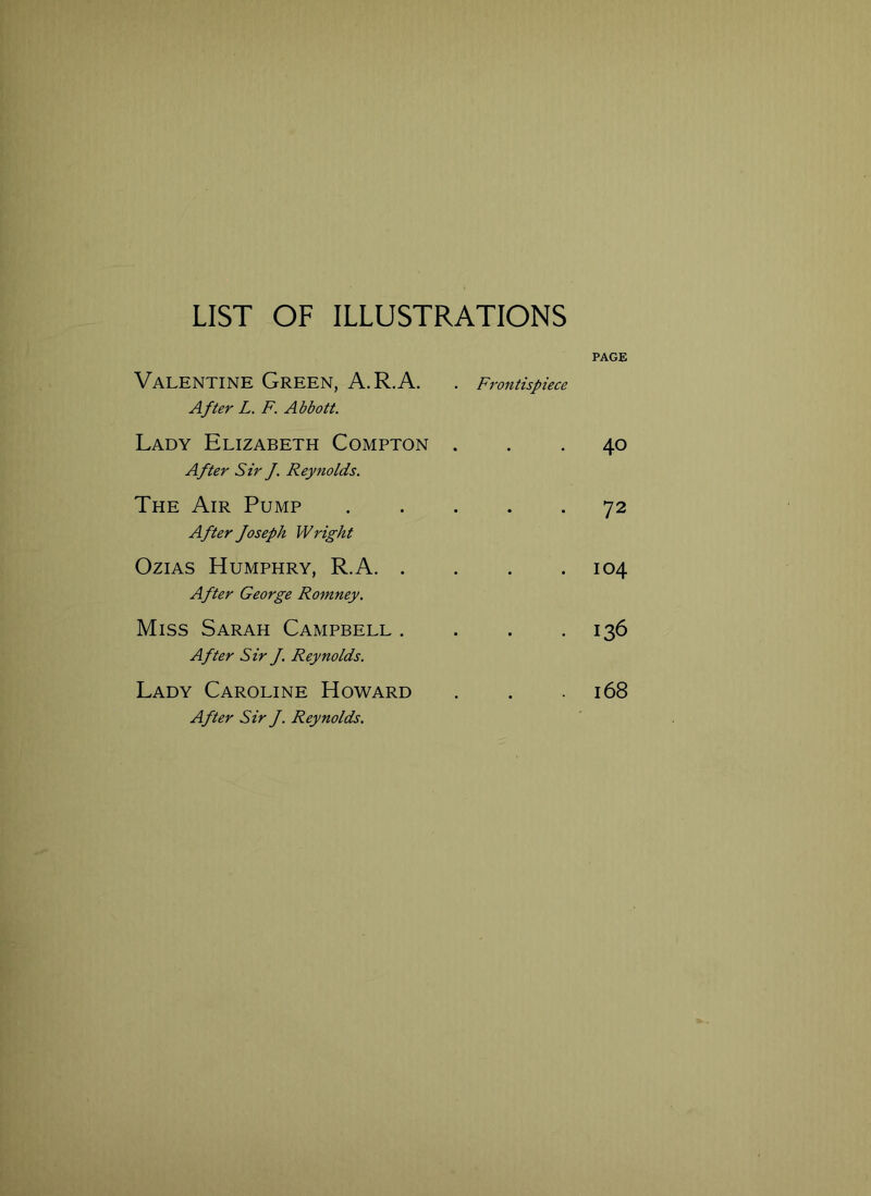 LIST OF ILLUSTRATIONS Valentine Green, A.R.A. . Frontispiece After L. F. Abbott. Lady Elizabeth Compton . After Sir f. Reynolds. The Air Pump After Joseph Wright Ozias Humphry, R.A After George Romney. Miss Sarah Campbell . After Sir J. Reynolds. Lady Caroline Howard After Sir J. Reynolds. PAGE 40 72 104 136 168