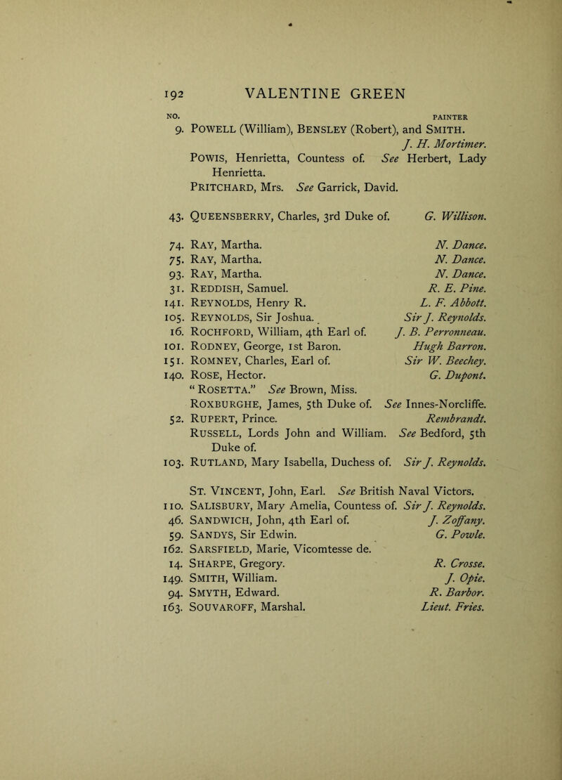 NO. PAINTER 9. Powell (William), Bensley (Robert), and Smith. J. H. Mortimer. Powis, Henrietta, Countess of. See Herbert, Lady Henrietta. Pritchard, Mrs. See Garrick, David. 43. Queensberry, Charles, 3rd Duke of. G. Willison. 74. Ray, Martha. N. Dance. 75. Ray, Martha. N. Dance. 93. Ray, Martha. N. Dance. 31. Reddish, Samuel. R. E. Pine. 141. Reynolds, Henry R. L. F. Abbott. 105. Reynolds, Sir Joshua. Sir J. Reynolds. 16. Rochford, William, 4th Earl of J. B. Perronneau. 101. Rodney, George, 1st Baron. Hugh Barron. 151. Romney, Charles, Earl of. Sir W. Beechey. 140. Rose, Hector. G. Dupont. “ Rosetta.” See Brown, Miss. Roxburghe, James, 5th Duke of See Innes-Norcliffe. 52. Rupert, Prince. Rembrandt. RUSSELL, Lords John and William. See Bedford, 5th Duke of 103. Rutland, Mary Isabella, Duchess of. Sir J. Reynolds. St. Vincent, John, Earl. See British Naval Victors. no. Salisbury, Mary Amelia, Countess of Sir J. Reynolds. 46. Sandwich, John, 4th Earl of J. Zoffany. 59. Sandys, Sir Edwin. G. Powle. 162. Sarsfield, Marie, Vicomtesse de. 14. Sharpe, Gregory. R. Crosse. 149. Smith, William. J. Opie. 94. Smyth, Edward. R. Barb or. 163. Souvaroff, Marshal. Lieut. Fries.