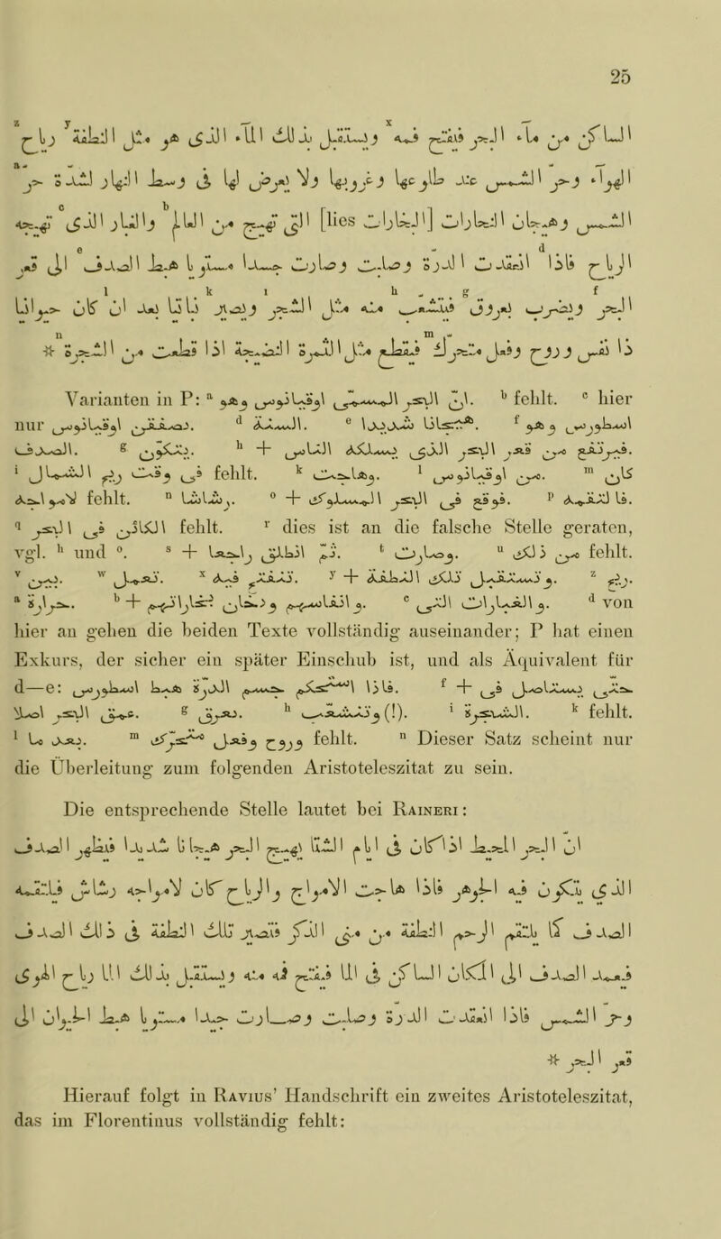 ) Ajtial! I JJÜ « jj ^ • 11 ^ -i.' J-a.uJ ) ^ •■ L« ^ U ^ j>. oJa--J tS 1^^ iJ^J*2 ^ L^-U' ^1*^^ ^^'* [lies w'ljÜ-!'] Oblstdl ,iJ (J,l Ö-V^M Ja-A l jU-.« oj-O i 1 _ k 1 ** - „ . S ^ Ljl^>- 1^ l-> J''^ (JJj»} t_J__pi=5J n . m - _ ^ ■Ji- SjÄ—U ^,-« sll-jilas Sj*a.n JkV,« J ^j-äJ o Varicaiiteu in P: • ^^■»CAiV.^J \ ^sv]\ jjj\. fehlt. ® hier nur ^yUs^\ ÜJ.<w..^Jh ® \jojJo ülsr:^. * >*3 j^5Lxj. '* + ^_J.oLi3\ i33.h ^^>31 c^'° ^ cr^' ‘ JU-*iJ\ ^9 fehlt. ^ <)<=Ayt>i fehlt. “ Liöl..i,. ” + iiS'^L,^^]\ j-s.'Oi £s^9. p «k.»jLAl3 U. '> j^v'l US» ^;^Sl5ü\ fehlt. *■ dies ist an die falsche Stelle geraten, vgl. '' und °. ® + '••s-^'j ,3ihh P’. ‘ OjUaj. “ viX3 3 fehlt. '' ^ y + ^33^3 \ jJ...^Ä.x.«.»j'^. fij. 2ii \^lÄr^ ® ^ von <1 hier au gehen die beiden Texte vollständig auseinander; P hat einen Exkurs, der sicher ein .später Einschub i,st, und als Äquivalent für d ei k^vA J(^lX3\ ^ “h q_-o\ ►s:-ü\ (3.«.t. ® ^ '■»“‘^3^(!)• ^ isj.Äui..33. *' fehlt. ^ Lo joip “ C3J3 Ißlilh  Dieser Satz scheint nur die L^heideitung zum folgenden Aristoteleszitat zu sein. Die entsjirechende Stelle lautet bei Raineri : ._S-A..,a' I j^IaX» ljo-t.1 Ij 1-5;.A U.iJ I (3 Ja.StU A*.«L» 0>-1^ ^■^1* ‘'* ö -ll I ^-V^i All.3 (3 ääIäJ 1 Aiij jrj.n ^.« jj.« üia-n jVi-.i ^A3 C-^^ ^ Al! Jo j..Äju~5j A~« aJ ^r*.» IR ^j, ^“rUJI ijlscli k_>j.o.li ö[j.h-3 Ja-A l —« l_k>- Ojl 3 3 ajÄl Jh'-ti*d Ijls 3 ^3 tt ,s=J 3 ,«j ^ , J Hierauf folgt in Raviu.s’ Handschrift ein zweites Aristotele.szitat, das im Florentinus vollständig fehlt: