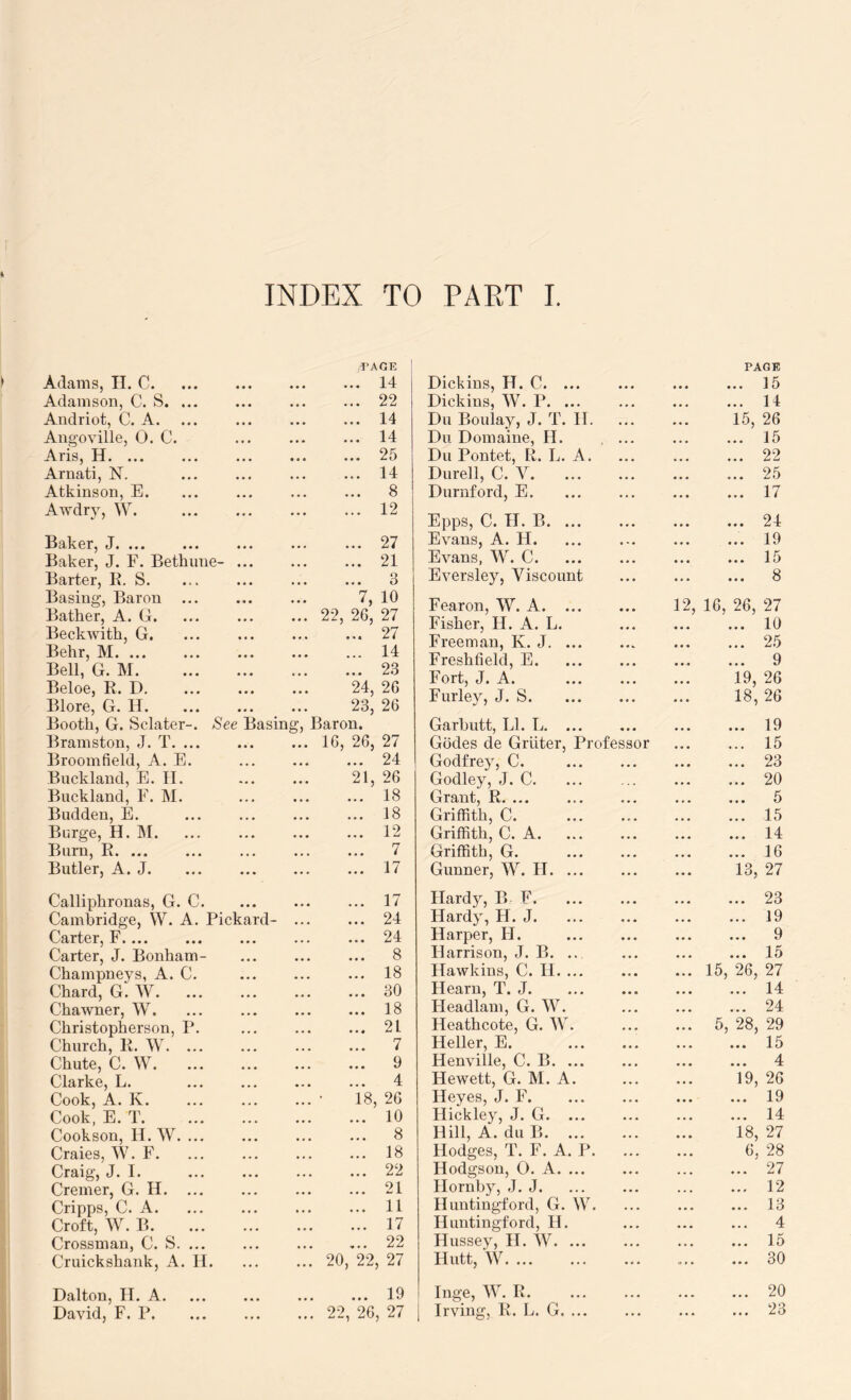INDEX TO PAKT I. Adams, H. C. VAOE ... 14 Adamson, C. S. ... • « • • • • . • « 22 Andriot, C. A. • • ♦ • • • » • • 14 Augoville, 0. C. • • • • • • . * 14 Aris, H • • • • • • • • * 25 Arnati, IST. • • • * . • • • • 14 Atkinson, E. « • « ... 4 • • 8 Awdry, W. ... ... 12 Baker, J 27 Baker, J. F. Bethune- • • • ... . • « 21 Barter, E. S. * • • • « • • • • 3 Basing, Baron ... • • • « • 7, 10 Bather, A. G. • • • • • • 22, 26, 27 Beckwith, G. • • • • . « • • « 27 Behr, M • • • • • « 14 Bell, G. M. • • • ... 4 • • 23 Beloe, R. D. « • • • • • 24, 26 Blore, G. H. • • • • • « 23, 26 Booth, G. Sclater-. See Basing, Baron. Bramston, J. T. ... • • • • • • 16, 26, 27 Broomfield, A. E. ♦ ♦ • * . • 4.4 24 Buckland, E. II. • « • 21, 26 Buckland, F. M. • • • « • • 18 Budden, E, * • • .44 18 Burge, H. IM. • . • • • « 4.4 12 Burn, R. ... 4 4 4 7 Butler, A. J. ••• ... 17 Calliphronas, G. C. ... • . • 17 Cambridge, W. A. Pickard- •. « • 4 4 24 Carter, F • • « 4 4 4 24 Carter, J. Bonham- Champneys, A. C. • • • • . « 4 4 4 8 • • • ... .44 18 Chard, G. W. ... • • • ... 4 4 4 30 Chawner, W. • • ♦ 4 4 4 18 Christopherson, P. •. • .. • 4 4 4 21 Church, R. W. ... • • • ... 4.4 7 Chute, C. W. ... • • • • . • 9 Clarke, L. • • • • . ♦ . . 4 4 Cook, A. K. •«• ... • 18, 26 Cook, E. T. «• • ... 10 Cookson, H. W. ... • • « ... • . 4 8 Craies, W. F. • • • ... 4.4 18 Craig, J. I. « • • « .. 4.4 22 Cremer, G. H. ... • • • • • • . • 4 21 Cripps, C. A. • • •. • 4 . 4 11 Croft, W. B. • • • • • • « 4 17 Crossman, C. S. ... • • • . . •4 • 4 22 Cruickshank, A. II. ... ... 20 22 27 Dalton, II. A. 19 David, F. P. • • • ... 22 ,*26 ,27 PAGE Dickins, H. C. ... 4 4 4 4 4 4 ... 15 Dickins, W. P. ... « . 4 ... 14 Du Boulay, J. T. II. • « • 44 4 15, 26 Du Domaine, II. ... ... ... 15 Du Pontet, R. L. A. 4.4 ... 22 Durell, C. V. ... 4 • • ... 25 Durnford, E. ... 17 Epps, C. IT. B. ... 4.4 4 4 4 ... 24 Evans, A. H. 4-4 • 4 4 ... 19 Evans, W. C. ... 4 4 4 4 4 4 ... 15 Eversley, Viscount ... ... ... 8 Fearon, \V. A. ... ... 12, 16, 26, 27 Fisher, H. A. L, 4 4 4 ... 10 Freeman, K. J. ... 4.4 4 4 4 ... 25 Freshfield, E. 4.4 4 4 4 ... 9 Fort, J. A. 4.4 4.4 19, 26 Furley, J. S. ... ... 18, 26 Garbutt, LI. L. ... ... ... ... 19 Godes de Grliter, Professor ... 15 Godfrey, C. 4.4 .44 ... 23 Godley, J. C. 4.4 ... 20 Grant, R. ... ... 5 Griffith, C. ... • 4 • ... 15 Griffith, C. A. . • 4 ... 14 Griffith, G. ... ... 16 Gunner, W. 11. ... 4 . * 4.4 13, 27 Hardy, B F. 4 4 4 4.4 ... 23 Hardy, H. J. ... 4.4 • . . ... 19 Harper, H. 4 4 4 ... 9 Harrison, J. B. .. 4.4 ... 15 Hawkins, C. H. ... 4 4 4 4.4 15, 26, 27 Hearn, T. J. 4 4 4 ... 14 Headlam, G. W. 4 4 4 4 « 4 ... 24 Heathcote, G. W. 5, 28, 29 Heller, E. 4 4 4 ... ... 15 Henville, C. B. ... ... ... 4 Hewett, G. M. A. ... . 4 4 19, 26 Heyes, J. F. ... ... 19 Ilickley, J. G. ... 4.4 . . • ... 14 Hill, A. du B. ... ... 18, 27 Hodges, T. F. A. P. ... 4 4 4 6, 28 Hodgson, 0. A. ... 4 4 4 ... ... 27 Hornby, J. J. 4 4 4 ... ... 12 Huntingford, G. W. « . . 4 • 4 ... 13 Huntingford, H. • • 4 4.4 ... 4 Hussey, H. W. ... ... ... ... 15 Hutt, W ... ... ... 30 Inge, W. R. ... 20 Irving, R. L. G. ... ... ... ... 23