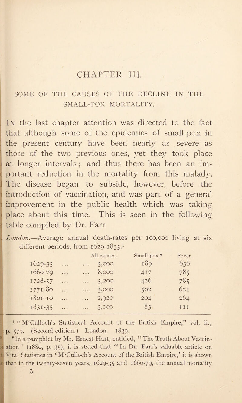 SOME OF THE CAUSES OF THE DECLINE IN THE SMALL-POX MORTALITY. In the last chapter attention was directed to the fact that although some of the epidemics of small-pox in the present century have been nearly as severe as those of the two previous ones, yet they took place . at longer intervals ; and thus there has been an im- portant reduction in the mortality from this malady. ] The disease began to subside, however, before the introduction of vaccination, and was part of a general improvement in the public health which was taking place about this time. This is seen in the following : table compiled by Dr. Farr. iv London.—Average annual death-rates per 100,000 living at six different periods, from 1629-1835.1 All causes. Small-pox.1 2 * Fever. 1629-35 ... 5,000 189 636 1660-79 8,000 417 785 1728-57 ... ... 5,200 426 785 1771-80 5,000 502 621 1801-10 2,920 204 264 1831-35 ... ... 3,200 83 111 1 “ M'Culloch’s Statistical Account of the British Empire,” vol. ii., p. 579. (Second edition.) London. 1839. 2In a pamphlet by Mr. Ernest Hart, entitled, “ The Truth About Vaccin- )i ation” (1880, p. 35), it is stated that “In Dr. Farr’s valuable article on Ji Vital Statistics in 4 M£Culloch’s Account of the British Empire,’ it is shown £ that in the twenty-seven years, 1629-35 and 1660-79, the annual mortality