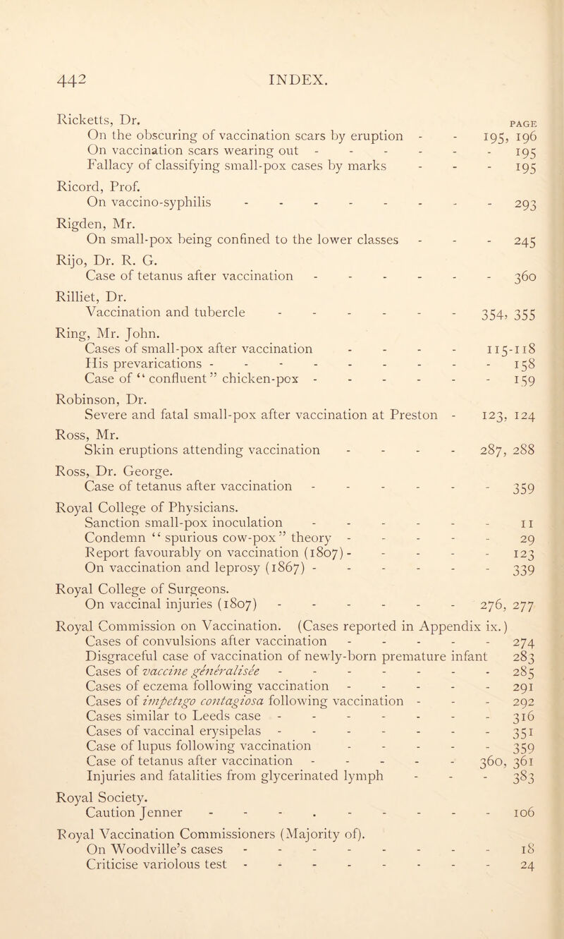 Ricketts, Dr. page On the obscuring of vaccination scars by eruption - - 195, 196 On vaccination scars wearing out - - - - - 195 Fallacy of classifying small-pox cases by marks - - - 195 Ricord, Prof. On vaccino-syphilis -------- 293 Rigden, Mr. On small-pox being confined to the lower classes - - - 245 Rijo, Dr. R. G. Case of tetanus after vaccination ------ 360 Rilliet, Dr. Vaccination and tubercle ------ 354, 333 Ring, Mr. John. Cases of small-pox after vaccination - - - - 115-118 Elis prevarications - - - - - - - - 158 Case of “ confluent ” chicken-pox - - - - - 159 Robinson, Dr. Severe and fatal small-pox after vaccination at Preston - 123, 124 Ross, Mr. Skin eruptions attending vaccination - - - - 287, 288 Ross, Dr. George. Case of tetanus after vaccination ------ 359 Royal College of Physicians. Sanction small-pox inoculation - - - - - - 11 Condemn “ spurious cow-pox ” theory ----- 29 Report favourably on vaccination (1807) - - - - - 123 On vaccination and leprosy (1867) ------ 339 Royal College of Surgeons. On vaccinal injuries (1807) ------ 276, 277 Royal Commission on Vaccination. (Cases reported in Appendix ix.) Cases of convulsions after vaccination ----- 274 Disgraceful case of vaccination of newly-born premature infant 283 Cases of vaccine generalisee ------- 285 Cases of eczema following vaccination - - - - - 291 Cases of impetigo contagiosa following vaccination - - - 292 Cases similar to Leeds case - - - - - - - 316 Cases of vaccinal erysipelas - - - - - - 351 Case of lupus following vaccination - - - - - 359 Case of tetanus after vaccination ----- 360, 361 Injuries and fatalities from glycerinated lymph - - - 383 Royal Society. Caution Jenner - - - . - - - - 106 Royal Vaccination Commissioners (Majority of). On Woodville’s cases -------- 18 Criticise variolous test 24