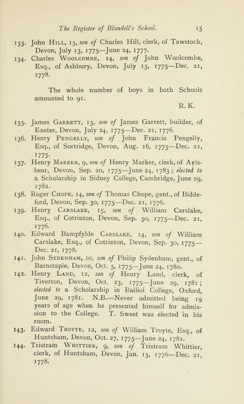 133. John Hill, 15, son of Charles Hill, clerk, of Tawstock, Devon, July 13, 1775—June 24, 1777. 134. Charles Woolcombe, 14, son of John Woolcombe, Esq., of Ashbury, Devon, July 15, 1775—Dec. 21, 1778, The whole number of boys in both Schools amounted to 91. R. K. 135. James Garrett, 13, son of James Garrett, builder, of Exeter, Devon, July 24, 1775—Dec. 21, 1776. 136. Henry Pengelly, son of John Francis Pengelly, Esq., of Sortridge, Devon, Aug. 16, 1775—Dec. 21, 1775- 137. Henry Marker, 9, so7i of Henry Marker, clerk, of Ayls- bear, Devon, Sep. 20, 1775—June 24, 1783 ; elected to a Scholarship in Sidney College, Cambridge, June 29, 1782. 138. Roger Chore, 14, son of Thomas Chope, gent., of Bidde- ford, Devon, Sep. 30, 1775—Dec. 21, 1776. 139. Henry Carslake, 15, son of William Carslake, Esq., of Cotrinton, Devon, Sep. 30, 1775—Dec. 21, 1776. 140. Edward Bampfylde Carslake, 14, son of William Carslake, Esq., of Cotrinton, Devon, Sep. 30, 1775 — Dec, 21, 1778. 141. John Sydenham, 10, son of Philip Sydenham, gent., of Barnstaple, Devon, Oct. 5, 1775—June 24, 1780. 142. Henry Land, 12, son of Henry Land, clerk, of Tiverton, Devon, Oct. 23, 1775—June 29, 1781 ; elected to a Scholarship in Balliol College, Oxford, June 29, 1781. N.B.—Never admitted being 19 years of age when he presented himself for admis- sion to the College. T. Sweet was elected in his room. 143. Edward Troyte, 12, son of William Troyte, Esq., of Huntsham, Devon, Oct. 27, 1775—June 24, 1781. 144. Tristram Whittier, 9, son of Tristram Whittier, clerk, of Huntsham, Devon, Jan. 15, 1776—Dec. 21, 1778.