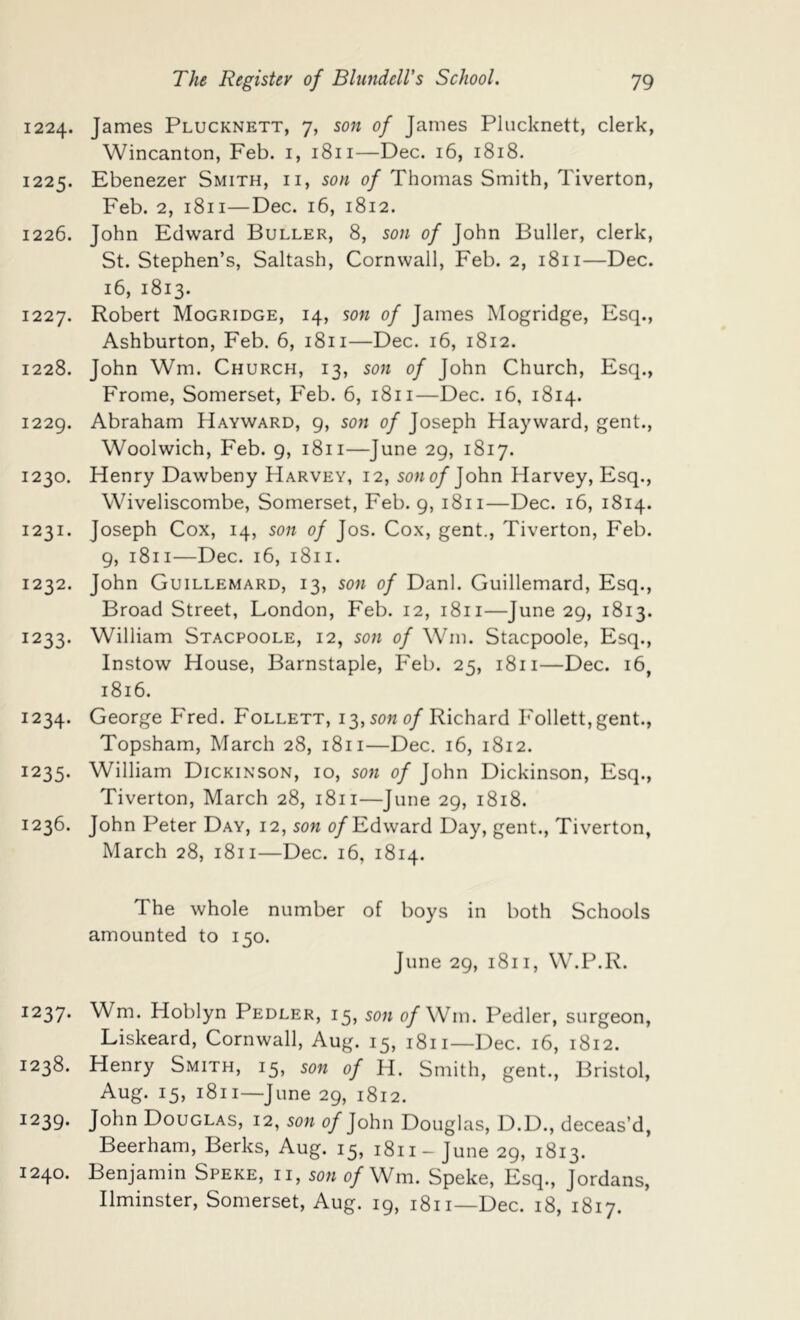 1224. 1225- 1226. 1227- 1228. I22g. 1230. 1231. 1232. 1233- 1234. 1235- 1236. 1237. 1238. 1239. 1240. The Register of Bltindell’s School. 79 James Plucknett, 7, son of James Pliicknett, clerk, Wincanton, Feb. i, 1811—Dec. 16, 1818. Ebenezer Smith, ii, son of Thomas Smith, Tiverton, Feb. 2, 1811—Dec. 16, 1812. John Edward Duller, 8, son of John Duller, clerk, St. Stephen’s, Saltash, Cornwall, Feb. 2, 1811—Dec. 16, 1813. Robert Mogridge, 14, son of James IMogridge, Esq., Ashburton, Feb. 6, 1811—Dec. 16, 1812. John Wm. Church, 13, son of John Church, Esq., Frome, Somerset, Feb. 6, 1811—Dec. 16, 1814. Abraham Hayward, 9, son of Joseph Hayward, gent., Woolwich, Feb. 9, 1811—June 29, 1817. Henry Dawbeny Harvey, 12, son of John Harvey, Esq., Wiveliscombe, Somerset, Feb. 9, 1811—Dec. 16, 1814. Joseph Cox, 14, son of Jos. Cox, gent., Tiverton, Feb. 9, 1811—Dec. 16, 1811. John Guillemard, 13, son of Danl. Guillemard, Esq., Droad Street, London, Feb. 12, 1811—June 29, 1813. William Stacpoole, 12, son of Wm. Stacpoole, Esq., Instow House, Darnstaple, Feb. 25, 1811—Dec. 16, 1816. George Fred. Follett, 13, sow 0/Richard Follett, gent., Topsham, March 28, 1811—Dec. 16, 1812. William Dickinson, 10, son of John Dickinson, Esq., Tiverton, March 28, 1811—June 29, 1818. John Peter Day, 12, son 0/Edward Day, gent., Tiverton, March 28, 1811—Dec. 16, 1814. The whole number amounted to 150. of boys in both Schools June 29, 1811, W.P.R. Wm. Hoblyn Pedler, 15, son 0/Wm. Pedler, surgeon, Liskeard, Cornwall, Aug. 15, 1811—Dec. 16, 1812. Henry Smith, 15, son of H. Smith, gent., Dristol, Aug. 15, 1811—June 29, 1812. John Douglas, 12, son 0/John Douglas, D.D., deceas’d, Deerham, Derks, Aug. 15, 1811- June 29, 1813. Denjamin Speke, ii, sowo/Wm. Speke, Esq., Jordans,