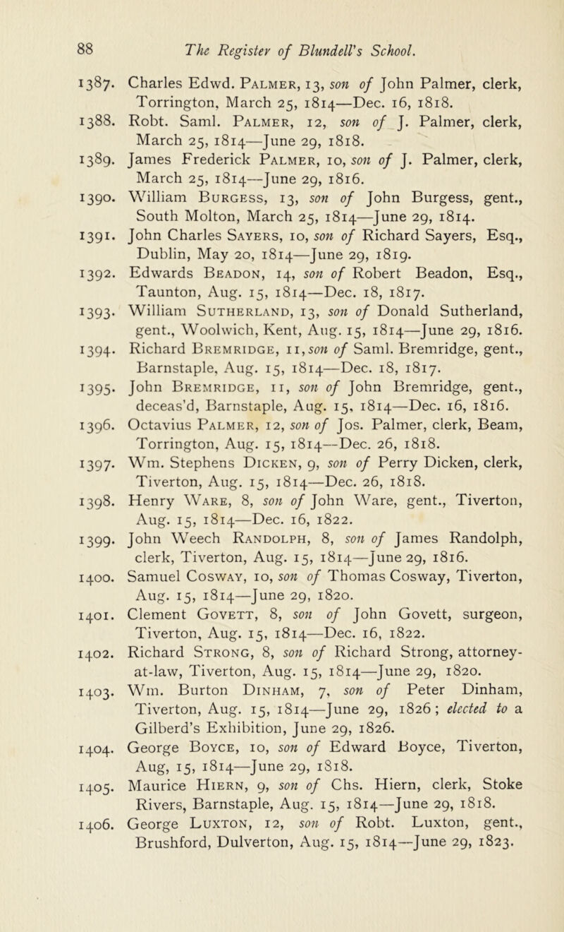 1387. Charles Edwd. Palmer, 13, son of John Palmer, clerk, Torrington, March 25, 1814—Dec. 16, 1818. 1388. Robt. Sami. Palmer, 12, son of J. Palmer, clerk, March 25, 1814—June 29, 1818. 1389. James Frederick Palmer, 10, son of J. Palmer, clerk, March 25, 1814—June 29, 1816. 1390. William Burgess, 13, son of John Burgess, gent.. South Molton, March 25, 1814—June 29, 1814. 1391. John Charles Sayers, 10, son of Richard Sayers, Esq., Dublin, May 20, 1814—June 29, 1819. 1392. Edwards Beadon, 14, son of Robert Beadon, Esq., Taunton, Aug. 15, 1814—Dec. 18, 1817. 1393. William Sutherland, 13, son of Donald Sutherland, gent., Woolwich, Kent, Aug. 15, 1814—June 29, 1816. 1394. Richard Bremridge, 11, son of Sami. Bremridge, gent., Barnstaple, Aug. 15, 1814—Dec. 18, 1817. 1395. John Bremridge, ii, son of John Bremridge, gent., deceas’d, Barnstaple, Aug. 15, 1814—Dec. 16, 1816. 1396. Octavius Palmer, 12, son of Jos. Palmer, clerk. Beam, Torrington, Aug. 15, 1814—Dec. 26, 1818. 1397. Wm. Stephens Dicken, 9, son of Perry Dicken, clerk, Tiverton, Aug. 15, 1814—Dec. 26, 1818. 1398. Henry Ware, 8, son 0/John Ware, gent., Tiverton, Aug. 15, 1814—Dec. 16, 1822. 1399. John Weech Randolph, 8, son of James Randolph, clerk, Tiverton, Aug. 15, 1814—June 29, 1816. 1400. Samuel Cosway, 10, son of Thomas Cosway, Tiverton, Aug. 15, 1814—June 29, 1820. 1401. Clement Govett, 8, son of John Govett, surgeon, Tiverton, Aug. 15, 1814—Dec. 16, 1822. 1402. Richard Strong, 8, son of Richard Strong, attorney- at-law, Tiverton, Aug. 15, 1814—June 29, 1820. 1403. Wm. Burton Dinham, 7, son of Peter Dinham, Tiv'erton, Aug. 15, 1814—June 29, 1826; elected to a Gilberd’s Exhibition, June 29, 1826. 1404. George Boyce, 10, son of Edward Boyce, Tiverton, Aug, 15, 1814—June 29, 1818. 1405. Maurice Hiern, 9, son of Chs. Hiern, clerk, Stoke Rivers, Barnstaple, Aug. 15, 1814—June 29, 1818. 1406. George Luxton, 12, son of Robt. Luxton, gent., Brushford, Dulverton, Aug. 15, 1814—June 29, 1823.