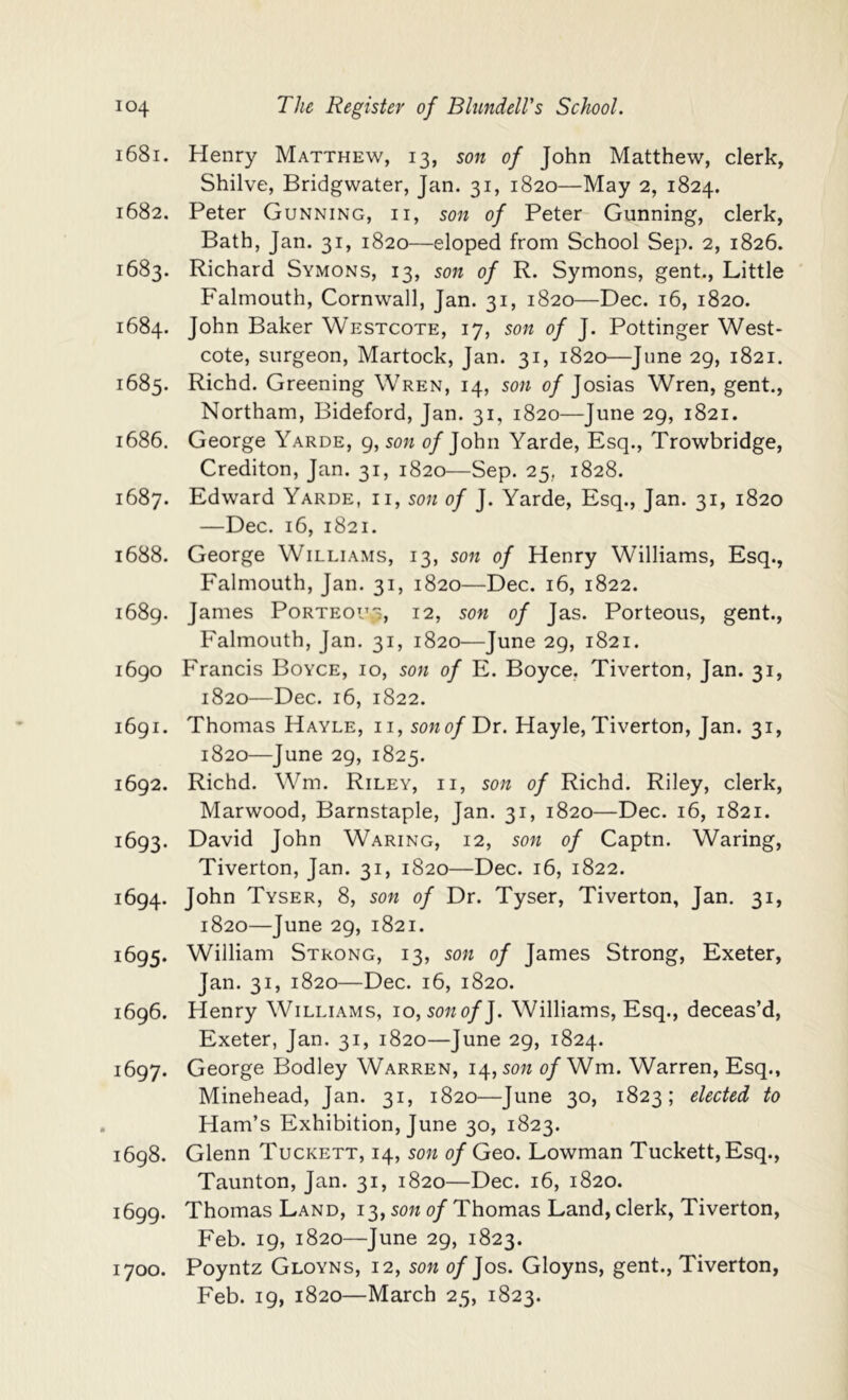 1681. Henry Matthew, 13, son of John Matthew, clerk, Shilve, Bridgwater, Jan. 31, 1820—May 2, 1824. 1682. Peter Gunning, ii, son of Peter Gunning, clerk, Bath, Jan. 31, 1820—eloped from School Sep. 2, 1826. 1683. Richard Symons, 13, son of R. Symons, gent.. Little Falmouth, Cornwall, Jan. 31, 1820—Dec. 16, 1820. 1684. John Baker Westcote, 17, son of J. Pottinger West- cote, surgeon, Martock, Jan. 31, 1820—June 29, 1821. 1685. Richd. Greening Wren, 14, son of Josias Wren, gent., Northam, Bideford, Jan. 31, 1820—June 29, 1821. 1686. George Yarde, 9, sow 0/John Yarde, Esq., Trowbridge, Crediton, Jan. 31, 1820—Sep. 25, 1828. 1687. Edward Yarde, ii, son of J. Yarde, Esq., Jan. 31, 1820 —Dec. 16, 1821. 1688. George Williams, 13, son of Henry Williams, Esq., Falmouth, Jan. 31, 1820—Dec. 16, 1822. 1689. James Porteous, 12, son of Jas. Porteous, gent., Falmouth, Jan. 31, 1820—June 29, 1821. 1690 Francis Boyce, 10, son of E. Boyce, Tiverton, Jan. 31, 1820—Dec. 16, 1822. 1691. Thomas Hayle, ii, sonofDx. Hayle,Tiverton, Jan. 31, 1820—June 29, 1825. 1692. Richd. Wm. Riley, ii, son of Richd. Riley, clerk, Marwood, Barnstaple, Jan. 31, 1820—Dec. 16, 1821. 1693. David John Waring, 12, son of Captn. Waring, Tiverton, Jan. 31, 1820—Dec. 16, 1822. 1694. John Tyser, 8, son of Dr. Tyser, Tiverton, Jan. 31, 1820—June 29, 1821. 1695. William Strong, 13, son of James Strong, Exeter, Jan. 31, 1820—Dec. 16, 1820. 1696. Henry Williams, 10, sowo/J. Williams, Esq., deceas’d, Exeter, Jan. 31, 1820—June 29, 1824. 1697. George Bodley Warren, 14, sow 0/Wm. Warren, Esq., Minehead, Jan. 31, 1820—June 30, 1823; elected to Ham’s Exhibition, June 30, 1823. 1698. Glenn Tuckett, 14, sow of Geo. Lowman Tuckett,Esq., Taunton, Jan. 31, 1820—Dec. 16, 1820. 1699. Thomas Land, 13, sow of Thomas Land, clerk, Tiverton, Feb. 19, 1820—June 29, 1823. 1700. Poyntz Gloyns, 12, sow of Jos. Gloyns, gent., Tiverton, Feb. 19, 1820—March 25, 1823.