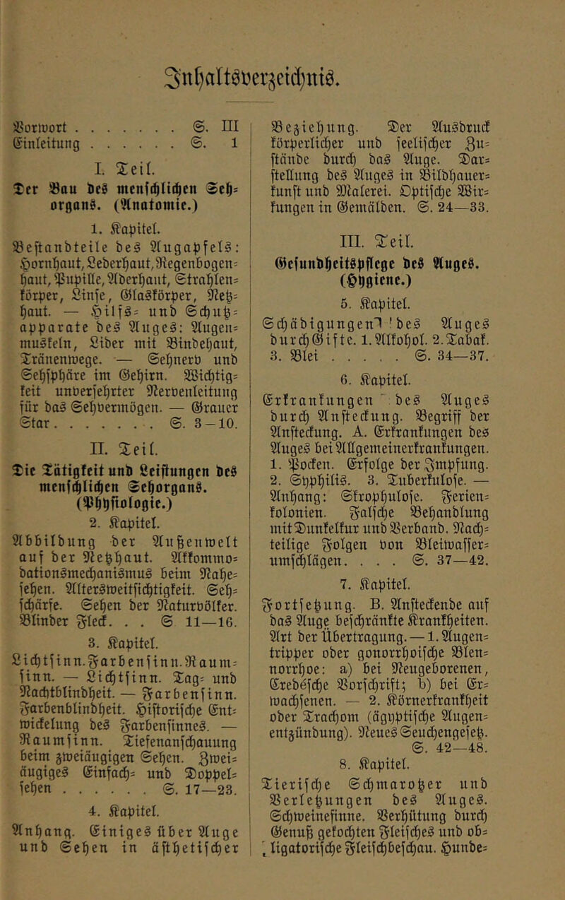 i^oriDort ©. ni 6'inleitung ©. 1 I. %tH. !ter !iBau t)e0 menfi^Iii^en orgonS. ('Knotomic.) 1. S'avitcl. 33eftanbteile beg Stugajjfel^: §orn^aut,2eber^aut,9?egenbogen= ^aut, 9(bct^aut, Straetens forper, Sinfe, Ola^förper, ^aut. — unb ©cl)ii^ = ap^jarate beä 3htge§; Stugeiu mu^teln, Sibcr mit 58inbef)aiit, Jränenmege. — @et)nerü unb ©e^jpt)äre im ©e^irn. 38i^tig= !eit unberi'etjrter JJeröeiilcituug für baö ©e^üermögen. — ©rauer ©tar ©.3 — 10. II. %eii Xie S^ätigfeit unb Setzungen beS menf^lidicn ©c^orgonS. (^^brioiogic.) 2. ilapitel. Slbbilbung ber Stußenmett auf ber ifte^’^aut. 2tffommo= bation§mec^ani§muä Beim 9?a^e= l'e^en. Stlter^iueitfid^tigfeit. @e'^= fc^ärfe. ©e:^en ber Dlaturöölfer. ®Iinber gletf. . . © 11—16. 3. Kapitel. Si^tjinn.garBenjinn.Si aum= iinn. — Si^tfinn. Sag^ unb 5Ra(l)tblinb^eit. — ^tttfaenfinn. Sarbeublinb^eit. ^iftorije^e Snt= roidelung be§ SfltbenfinneS. — Siaumjinn. Siefenanfe^auung beim jmeiäugigen ©e^cn. äugigel ©infac^s unb ®oppeI* je^en 17—23. 4. Kapitel. Stn^ang. ©inigeä über Stuge unb ©e^en in äft:^etij(i^er 93eäiel)ung. ®er 2tu§brucE förpertic^er unb jeeliid^cr ftäubc burd) bag Stuge. $ars fteßung beä 9(uge§ in 58itbt)nuers fünft unb 3Diaterei. Dptifdje 35ßir= hingen in ©emätben. ©. 24—33. III. ^eil. 0c{unb^eitg|)fIcgc be§ tftugetl. (§l)gicnc.) 5. Kapitel. ©d)äbigungenl 'be§ Stugeä burd)©ifte. l.^dfo^of. 2.jlabaf. 3. 58Iei ©. 34—37. 6. Äapitet. ©rfranfungen ■■ bc^ Slugel burd) 9tnftedüng. 93egriff ber 9tnftedung. A. ©rfranfungen bes 9tuge^ bei9ltlgemeinerfranfungen. 1. '^odeu. ©rfotge ber 3inf>fung. 2. @i)p:^iti^. 3. Sluberfutofe. — 9tn^ang: ©frop^utofe. f^erien= folonien. 3alfd)e 93e^anbtung mitS)un!etfur unbSBerbanb. 9?ad)= teitige ^otgen Pon 93teimaffer= umfd)tägen. . . . ©. 37—42. 7. Stapitel. j^ortfe^ung. B. 9lnftedenbe auf ba§ Suge befc^ränfte ^ranf^eiten. 9trt ber Übertragung. — 1.9lugen= tripper ober gonorrf)oifd)e 93Ien= norrtjoe: a) bei 9teugeborenen, ©reb^fd)e 9Sorfd)rift; b) bei ©r^ tua^fenen. — 2. ^örnerfranft)eit ober STradjom (ägi)ptifd)e 9lugen= entjünbung). 9Ieue^©eud)engefe^. ©. 42—48. 8. Sfapitet. 2:ierifd)e ©d)maro^er unb SSerte^ungen be^ 9tugeS. ©c^meinefinne. SSerl^ütung burd) ©enufe gefod)ten ^leifd^e^ unb ob^ Iigatorifd)e gleifd)befd)au. |)uube=
