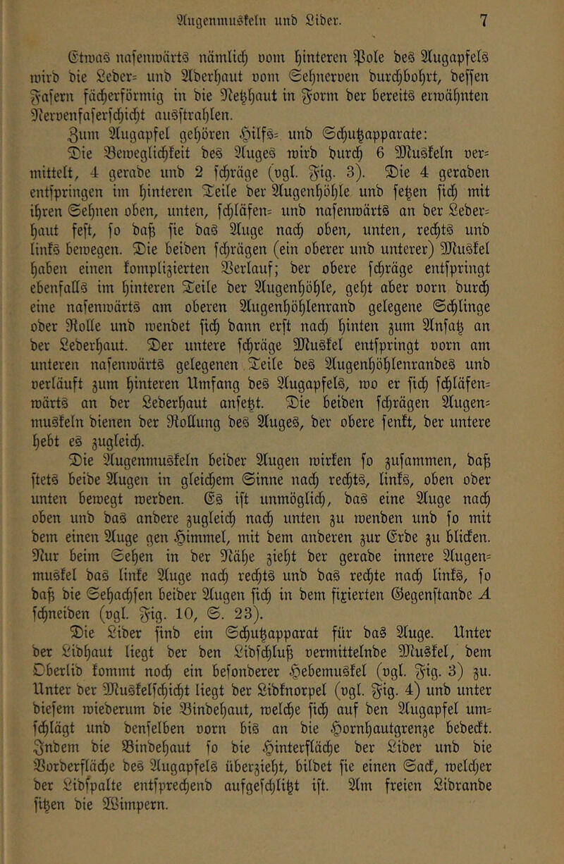 (i'tniaä nafentoärtö nämlid; doiu Ijinteren ^ole beö 2lugapfe(ä wirb bie 2cber= unb 2lberf;aut üoin (Se^nevuen burdfjbo^vt, beffen ^•afern fächerförmig in bie D^e^haut in 3^orm ber Bereite ermähnten 9^eroenfafer^djicht auSftrnhIen. 3um Stugapfel gehören Jpilfs= unb ©d;u^apparate: ®ie 33emegUd;feit be§ Shiges roirb burdh 6 3)^uöfeln ner= mittelt, 4 gerabe unb 2 fi^räge (ngl. g^ig. 3). ®ie 4 geraben entfpringen im hinteren Steile ber 2lugenhöhle unb fe^en fid; mit ihren ©ebnen oben, unten, fd;Iäfen= unb nafenroärt§ an ber 2eber= haut feft, fo ba^ fie ba§ Stuge nad; oben, unten, rechte unb linfs bemegen. ®ie beiben fd;rägen (ein oberer unb unterer) 9Jlu§fel haben einen fomplijierten Verlauf; ber obere fdhräge entfpringt ebenfatlä im hinteren Steile ber 2lugenhöhle, geht aber oorn burdh eine nafenmärtä am oberen Slugenhöhlenranb gelegene ©dhlinge ober 9iode unb menbet fidh bann erft nad; hinten gum 3tnfa^ an ber Seberhaut. 2)er untere fdhräge 3)7u§fel entfpringt oorn am unteren nafenmärtS gelegenen Steile be§ 2lugenhöhlenranbe§ unb oertäuft jum hinteren Umfang be§ Stugapfefe, mo er fidh fdhiäfen= märts an ber Seberhaut anfe^t. S)ie beiben fdjrägen Sfugens mugfeln bienen ber 9lottung beä 2fuge§, ber obere fenft, ber untere hebt eä gugteidh- ®ie 2(ugenmuöfeln beiber Stugen mirfen fo gufommen, ba^ ftet§ beibe 2tugen in gleid;em ©inne nod; redhtS, tinfs, oben ober unten bemegt roerben. @§ ift unmöglid;, bai eine 2tuge nadh oben unb baö onbere gugleidh nadh unten gu menben unb fo mit bem einen Sfuge gen Fimmel, mit bem anberen gur ®rbe gu bliden. 37ur beim ©eben in ber SRähe gieht ber gerabe innere 2Cugen= muöfel ba§ linfe 2tugc nadh redht§ unb ba§ redhte nach fo bap bie ©ehachfen beiber 2(ugen fidh in bem fixierten ©egenftanbe A fchneiben (ogI. g^ig. 10, ©. 23). ®ie Siber finb ein ©dhu^apparat für ba§ Sluge. Unter ber Sibhaut liegt ber ben Sibfdhlu^ oermittelnbe 5Ru§fet, bent Cberlib fommt nodh ein befonberer §ebemuöfel (ogI. §ig. 3) gu. Unter ber SRusfelfdhidht liegt ber Sibfnorpel (ogl. g^ig. 4) unb unter biefem mieberum bie Sinbehaut, meldhe fidh uuf ben 2tugopfeI um= fdhiägt unb benfelben oorn bi§ an bie §ornhautgrenge bebedt. 3nbem bie SSinbehaut fo bie ^interflädhe ber Siber unb bie 25orberftädhe bee 2tugapfelg übergieht, bitbet fie einen ©ad, metd;er ber Sibfpatte entfpre^enb aufgefd;Ii|t ift. 2tm freien Sibranbe fi^en bie äßimpern.