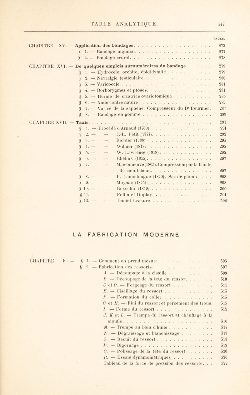 PAGES. CHAPITRE XV. — Application des bandages 275 § 1. — Bandage inguinal 277 § 2. — Bandage crural 278 CHAPITRE XVL — De quelques emplois surnuméraires du bandage 279 § 1. — Hydrocèle, orchite, épididymite 279 § 2. — Névralgie testiculaire 280 § 3. — Varicocèle 281 § 4. — Borborygmes et ptoses 281 § 5. — Hernie de cicatrice ovariotomique 283 § 6. — Anus contre nature 287 § 7. — Varice de la saphène. Compresseur du D''Beurnier. 287 § 8. — Bandage en gomme 289 CHAPITRE XVH. — Taxis 291 § L — Procédé d’Arnaud (1769) 291 § 2. — — J.-L. Petit (1774) 292 § 3. — — Richter (1788) 293 § 4. _ _ Wilmer (1818) 295 § 5. — — W. Lawrence (1818) 295 ^6. — — Chélius (1855) 297 § 7. — — Maisonneuve(1863).Compressionpar la bande de caoutchouc 297 § 8. — — P. Lannelongue (1870). Sac de plomb. . . . 298 § 9. — — Moynac (1875) 298 § 10. — Gosselin (1879) 300 § 11. — — Follin et Duplay 501 § 12. — ^ Daniel Leasure 302 LA FABRICATION MODERNE CHAPITRE L^ — § 1. — Comment on prend mesure 505 § 2. — Fabrication des ressorts 307 A. — Découpage à la cisaille 309 B. — Découpage de la tête du ressort 310 C et I>. — Forgeage du ressort 311 E. — Cisaillage du ressort 313 F, — Formation du collet 313 G et H. — Fini du ressort et percement des trous. 315 L — Forme du ressort 315 J, K et L. — Trempe du ressort et chauffage à la moufle 316 il/. — Trempe au bain d’huile 317 N. — Dégraissage et blanchissage 318 O. — Recuit du ressort 318 P. — Bigornage 319 Q. — Polissage de la tête du ressort 520 R. — Essais dynamométriques 320 Tableau de la force de pression des ressorts. . . 322