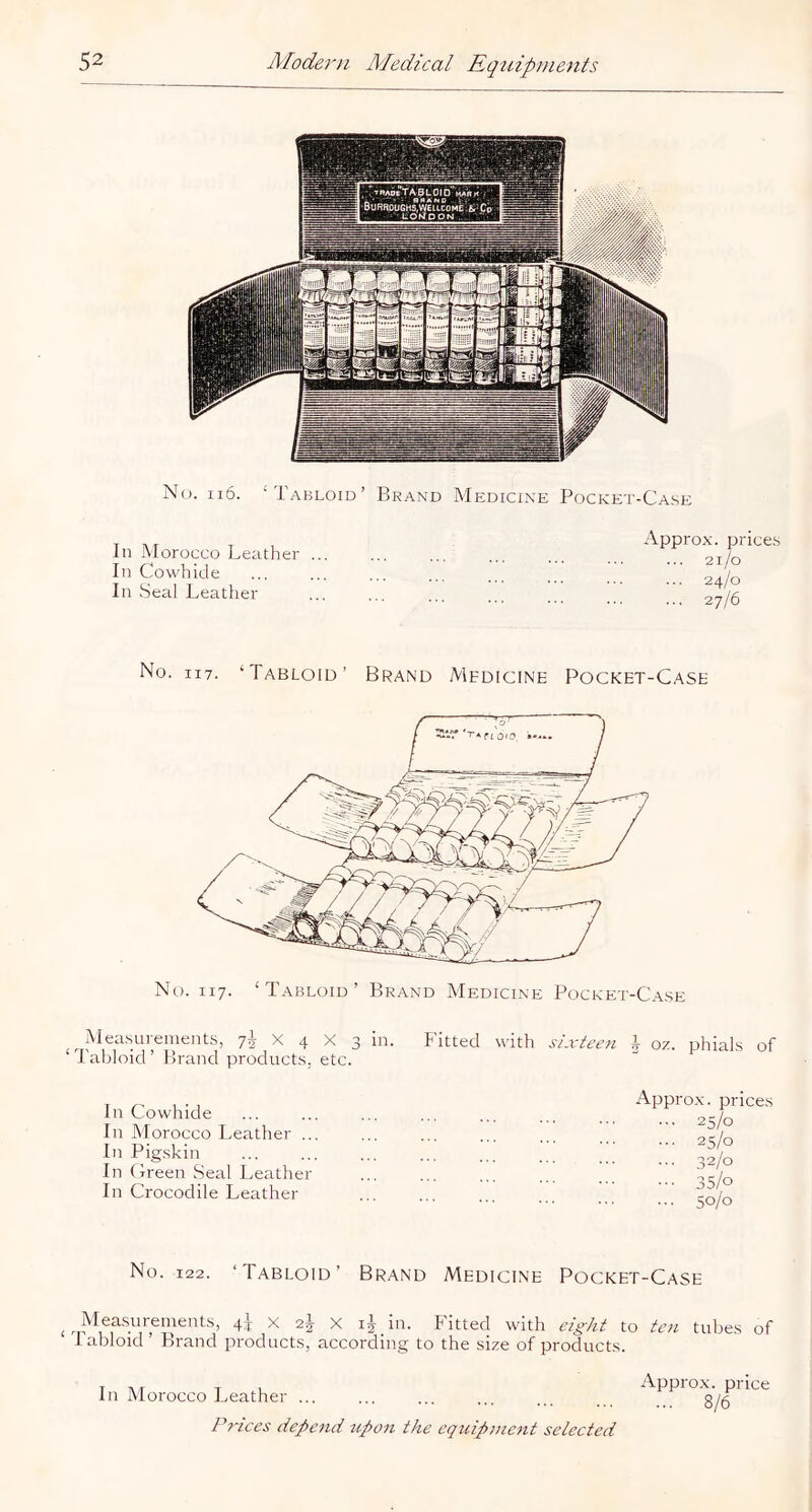 No. ii6. ‘Tabloid’ Brand Medicine Pocket-Case In Morocco Leather ... In Cowhide In Seal Leather Approx. price.s 2 I /o ... 24/0 ... 27/6 No. 117. ‘Tabloid’ Brand Medicine Pocket-Case No. 117. ‘Tabloid’ Brand Medicine Pocket-Ca.se Mea.sui-enients, 7^ X 4 X 3 in- Fitted with sixteen \ or. phials of ‘ Tabloid ’ Brand products, etc. In Cowhide In Morocco Leather ... In Pig.skin In Creen Seal Leather In Crocodile Leather Approx, prices ... 25/0 ... 25/0 ... 32/0 ••• 35/0 ... 50/0 No. 122. ‘Tabloid’ Brand Medicine Pocket-Case Measurements, 4]: x 2^ x ij in. Fitted with eig-At to ten tubes Tabloid ’ Brand products, according to the size of products. of In Morocco Leather ... Prices depend upon the equipment selected Approx, price ... 8/6