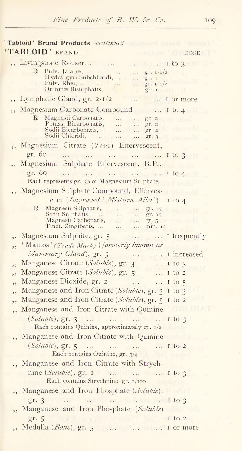 ‘Tabloid’ Brand Products—contimted ‘TABLOID’ BRAND— DOSE ? 1 Livingstone Rouser... R Pulv. Jalapae, Hydrargyri Subchloridi, ... Pulv. Rhei, ... Quininse Bisulphatis, Lymphatic Gland, gr. 2-1/2 ... I to 3 gr. 1-1/2 gr. I gr. 1-1/2 gr- I ... I or more ,, Magnesium Carbonate Compound ... i to 4 R Magnesii Carbonatis, ... ... gr. 2 Potass. Bicarbonatis, ... ... gr. 2 Sodii Bicarbonatis, ... ... gr. 2 Sodii Chloridi, ... ... ... gr. 3 ,, Magnesium Citrate [True) Eftervescent, gr. 60 ... ... ... ... ... I to 3 ,, Magnesium Sulphate Effervescent, B.P., gr. 60 ... ... ... ... ... I to 4 Each represents gr. 30 of Magnesium Sulphate. ? ? Magnesium Sulphate Compound, Efferves- cent {Intproved ‘ Mist lira Aida') i to 4 R Magnesii Sulphatis, Sodii Sulphatis, Magnesii Carbonatis, Tinct. Zingiberis, ... gr. 15 gr. 15 gr_. 5 min. 12 ? ? j 5 3 3 5 3 3 5 5 3 3 3 5 5 Magnesium Sulphite, gr. 5 ... ... i frequently ‘ Mamos ’ {Trade Mark) [formerly known as Mammary Gland), gi- 5 ... i increased Manganese Citrate [Solnble), gr. 3 ... i to 3 Manganese Citrate [Soluble), gr. 5 ... i to 2 Manganese Dioxide, gr. 2 ... ... i to 5 Manganese and Iron Citrate [Soluble), gr. 3 i to 3 Manganese and Iron Citrate [Soluble), gr. 5 i to 2 Manganese and Iron Citrate with Quinine [Soluble), gr. 3 ... ... ... ... i to 3 Each contains Quinine, approximateh^ gr. 1/2 ,, Manganese and Iron Citrate with Quinine [Soluble), gr. 5 ... ... ... ... i to 2 Each contains Quinine, gr. 3/4 ,, Manganese and Iron Citrate with Strych- nine [Soluble), gr. I ... ... ... i to 3 Each contains Strychnine, gr. i/ioo ,, Manganese and Iron Phosphate [Soluble), gr. 3 I to 3 ,, Manganese and Iron Phosphate [Soluble) gr. 5 I to 2 ,, Medulla [Bone), gr. 5 ... ... ... i or more
