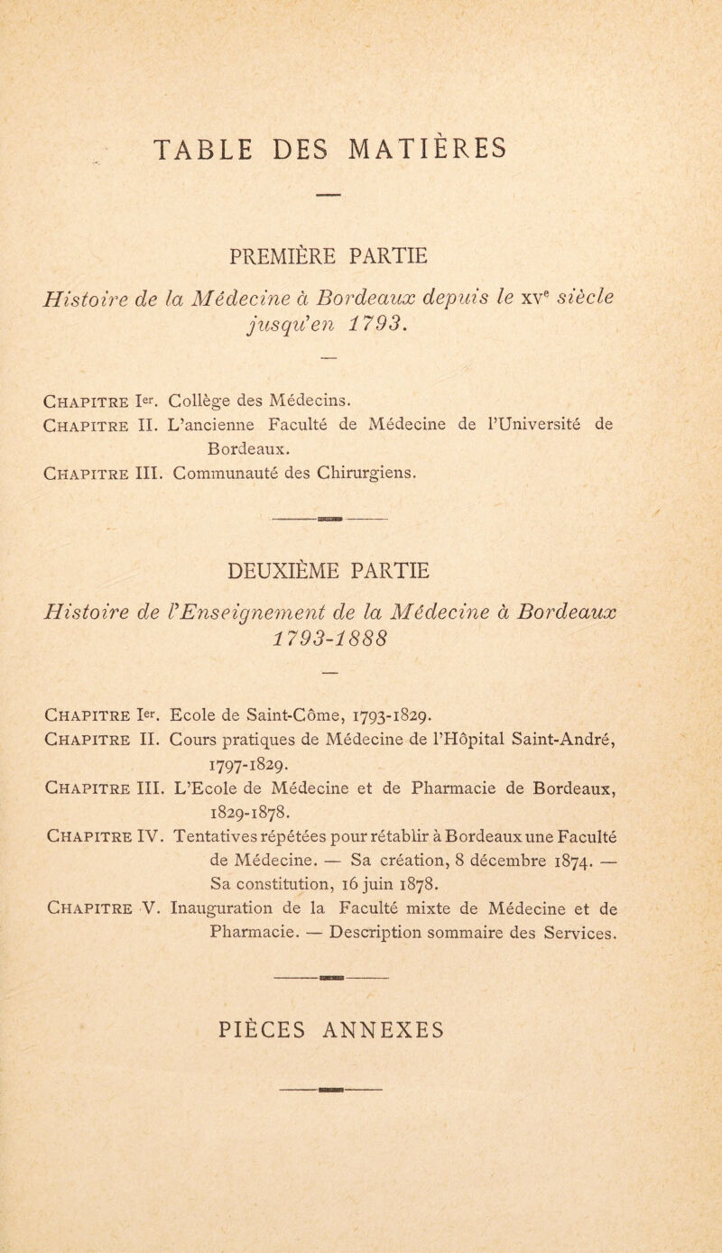TABLE DES MATIÈRES PREMIÈRE PARTIE Histoire de la Médecine à Bordeaux depuis le xve siècle jusqu’en 1793. Chapitre Ier. Collège des Médecins. Chapitre II. L’ancienne Faculté de Médecine de l’Université de Bordeaux. Chapitre III. Communauté des Chirurgiens. DEUXIÈME PARTIE Histoire de F Enseignement de la Médecine à Bordeaux 1793-1888 Chapitre Ier. Ecole de Saint-Côme, 1793-1829. Chapitre II. Cours pratiques de Médecine de l’Hôpital Saint-André, 1797-1829. Chapitre III. L’Ecole de Médecine et de Pharmacie de Bordeaux, 1829-1878. Chapitre IV. Tentatives répétées pour rétablir à Bordeaux une Faculté de Médecine. — Sa création, 8 décembre 1874. — Sa constitution, 16 juin 1878. Chapitre V. Inauguration de la Faculté mixte de Médecine et de Pharmacie. — Description sommaire des Services. PIÈCES ANNEXES