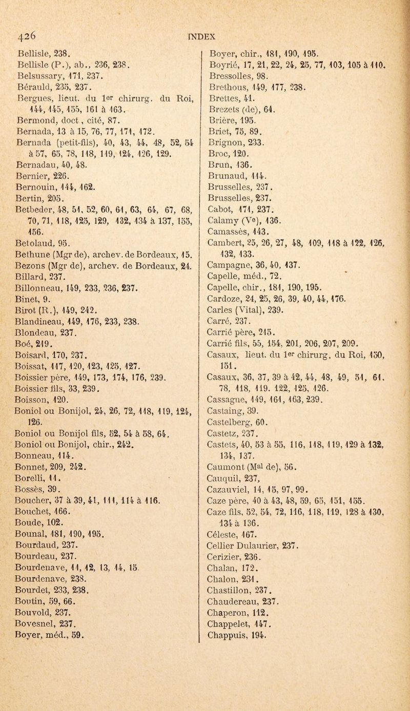 Bellisle, 238. Bellisle (P.), ab., 236, 238. Belsussary, 171, 237. Bérauld, 235, 237. Bergues, lieut. du 1er chirurg. du Roi, 144, 145, 155, 161 à 163. Bermond, doct, cité, 87. Bernada, 13 à 15, 76, 77, 171, 172. Bernada (petit-fils), 40, 43, 44, 48, 52, 54 à 57, 65, 78, 118, 119, 124, 126, 129. Bernadau, 40, 48. Ber nier, 226. Bernouin, 144, 162. Ber tin, 205. Betbeder, 48, 51, 52, 60, 61, 63, 64, 67, 68, 70, 71, 118,125, 129, 132, 134 à 137, 155, 156. Betolaud, 95. Bethune (Mgr de), archev. de Bordeaux, 15. Bezons (Mgr de), archev. de Bordeaux, 24. Billard, 237. Billonneau, 149, 233, 236, 237. Binet, 9. Birot (R.), 149, 242. Blandineau, 149, 176, 233, 238. Blondeau, 237. Boé, 219. Boisard, 170, 237. Boissat, 117, 120, 123, 125, 127. Boissier père, 149, 173, 174, 176, 239. Boissier üls, 33, 239. Boisson, 120. Boniolou Bonijol, 24, 26, 72, 118, 119, 124, 126. Boniol ou Bonijol fils, 52, 54 à 58, 64. Boniol ou Bonijol, ckir., 242. Bonneau, 114. Bonnet, 209, 242. Borelli, 11. Bossès, 39. Bouclier, 37 à 39, 41, 111, 114 à 116. Bouchet, 166. Boude, 102. Bounal, 181, 190, 195. Bourdaud, 237. Bourdeau, 237. Bourdenave, 11, 12, 13, 14, 15. Bourdenave, 238. Bourdet, 233, 238. Boutin, 59, 66. Bouvold, 237. Bovesnel, 237. Boyer, méd., 59. Boyer, ckir., 181, 190, 195. Boyrié, 17, 21, 22, 24, 25, 77, 103,105 à 110. Bressolles, 98. Bretkous, 149, 177, 238. Brettes, 41. Brezets (de), 64. Brière, 195. Briet, 75, 89. Brignon, 233. Broc, 120. Brun, 136. Brunaud, 114. Brusselles, 237. Brusselles, 237. Cabot, 171, 237. Calamy (Ve), 136. Camassès, 143. Cambert, 25, 26, 27, 48, 109, 118 à 122, 126, 132, 133. Campagne, 36, 40, 137. Capelle, méd., 72. Capelle, ckir., 181, 190,195. Cardoze, 24, 25, 26, 39, 40, 44,176. Caries (Vital), 239. Carré, 237. Carrié père, 215. Carrié fils, 55, 154, 201, 206, 207, 209. Casaux, lieut. du 1er chirurg. du Roi, 150, 151. Casaux, 36, 37, 39 à 42, 44, 48, 49, 51, 61. 78, 118, 119. 122, 125, 126. Cassagne, 149, 161, 163, 239. Castaing, 39. Castelberg, 60. Castetz, 237. Castets, 40, 53 à 55, 116, 118, 119,129 à 132, 134, 137. Caumont (Mal de), 56. Cauquil, 237, Cazauviel, 14, 15, 97, 99. Caze père, 40 à 43, 48, 59, 65, 151, 155. Caze fils, 52, 54, 72, 116, 118, 119, 128 à 130, 134 à 136. Céleste, 167. Cellier Dulaurier, 237. Cerizier, 236. Ckalan, 172. Ckalon, 231. Ckastillon, 237. Chaudereau, 237. Chaperon, 112. Chappelet, 147. Chappuis, 194.
