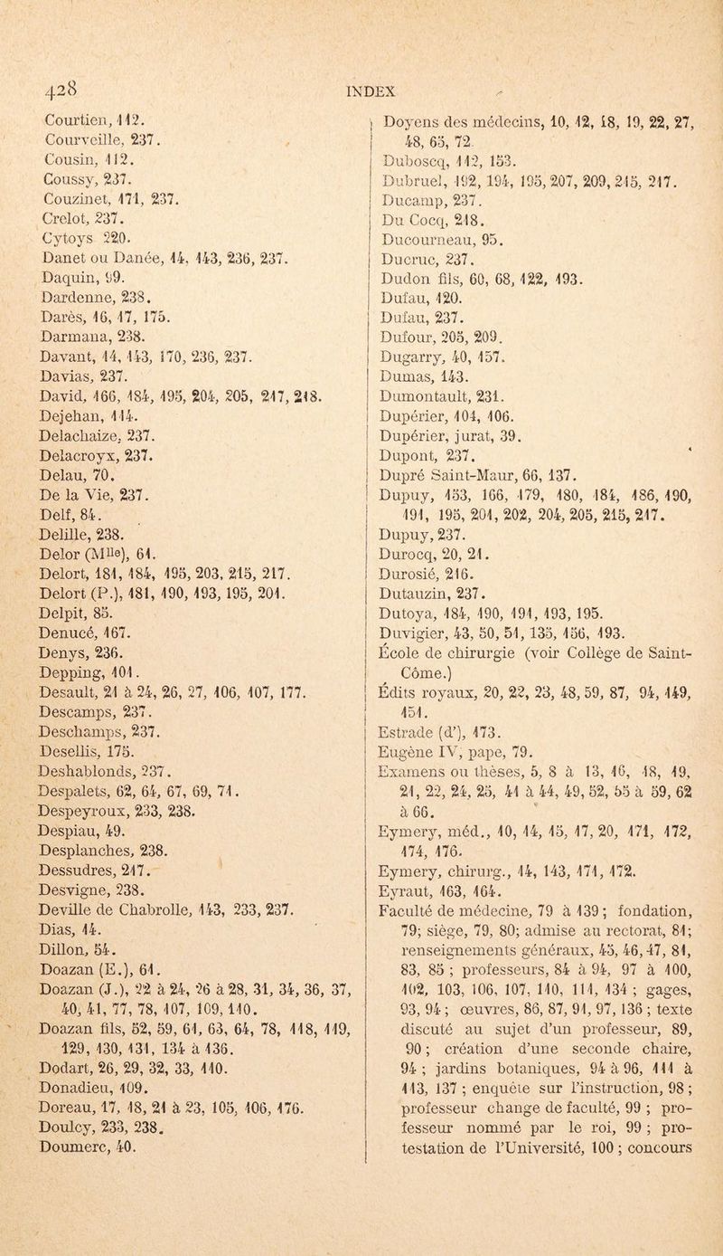 Courtieu, 112. Courveille, 237. Cousin, 112. Coussy, 237. Couzinet, 171, 237. Grelot, 237. Cytoys 220. Danet ou Danée, 14, 143, 236, 237. Daquin, 99. Dardenne, 238. Darès, 16, 17, 175. Darmaua, 238. Davant, 14, 143, 170, 236, 237. Davias, 237. David, 166, 184, 195, 204, 205, 217, 218. Dejehan, 114. Delacliaize. 237. Delacroyx, 237. Delau, 70. De la Vie, 237. Delf, 84. Delüle, 238. Delor (Mile), 61. Delort, 181, 184, 195, 203, 215, 217. Delort (P.), 181, 190, 193, 195, 201. Delpit, 85. Denucé, 167. Denys, 236. Depping, 101. Desault, 21 à 24, 26, 27, 106, 107, 177. Descamps, 237. Deschamps, 237. Desellis, 175. Deshablonds, 237. Despalets, 62, 64, 67, 69, 71. Despeyroux, 233, 238. Despiau, 49. Desplanches, 238. Dessudres, 217. Desvigne, 238. Deville de Chabrolle, 143, 233, 237. Dias, 14. Dillon, 54. Doazan (E.), 61. Doazan (J.), 22 à 24, 26 à 28, 31, 34, 36, 37, 40, 41,77, 78,107, 109,110. Doazan fils, 52, 59, 61, 63, 64, 78, 118, 119, 129, 130, 131, 134 à 136. Dodart, 26, 29, 32, 33, 110. Donadieu, 109. Doreau, 17, 18, 21 à 23, 105, 106, 176. Doulcy, 233, 238. Doumerc, 40. ; Doyens des médecins, 10, 12, 18, 19, 22, 27, 48, 65, 72 Duboscq, 112, 153. Dubruel, 192, 194, 195,207, 209, 215, 217. Ducamp, 237. Du Coccp 218. Ducourneau, 95. Du crue, 237. Dudon fils, 60, 68, 122, 193. Dufau, 120. Dufau, 237. Dufour, 205, 209. Dugarry, 40, 157. Dumas, 143. Dumontault, 231. Dupérier, 104, 106. Dupérier, jurât, 39. | Dupont, 237. ! Dupré Saint-Manr, 66, 137. Dupuy, 153, 166, 179, 180, 184, 186, 190, 191, 195, 201, 202, 204, 205, 215, 217. Dupuy, 237. Durocq, 20, 21. ; Durosié, 216. Dutauzin, 237. Dutoya, 184, 190, 191, 193, 195. Duvigier, 43, 50, 51, 135, 156, 193. École de chirurgie (voir Collège de Saint- Côme.) j Édits royaux, 20, 22, 23, 48, 59, 87, 94,149, 151. Estrade (d’), 173. Eugène IV, pape, 79. Examens ou thèses, 5, 8 à 13, 16, 18, 19, 21, 22, 24, 25, 41 à 44, 49, 52, 55 à 59, 62 à 66. Eymery, méd., 10, 14, 15, 17,20, 171, 172, 174, 176. Eymery, chirurg., 14, 143, 171, 172. Eyraut, 163, 164. Faculté de médecine, 79 à 139 ; fondation, 79; siège, 79, 80; admise au rectorat, 81; renseignements généraux, 45, 46,47, 81, 83, 85; professeurs, 84 à 94, 97 à 100, 102, 103, 106, 107, MO, 111, 134 ; gages, 93, 94 ; œuvres, 86, 87, 91, 97, 136 ; texte discuté au sujet d’un professeur, 89, 90 ; création d’une seconde chaire, 94; jardins botaniques, 94 à 96, 141 à 413, 137 ; enquête sur l’instruction, 98; professeur change de faculté, 99 ; pro- fesseur nommé par le roi, 99 ; pro- testation de l’Université, 100 ; concours