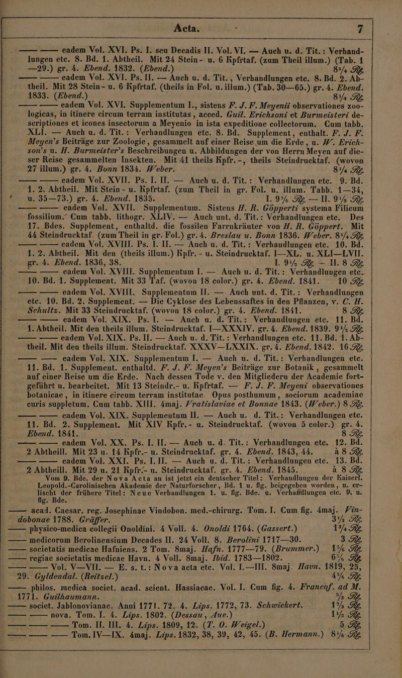 | eadem Vol. XVI. Ps. I. seu Decadis II. Vol. VI. — Auch u. d. Tit.: Verhand- lungen etc. 8. Bd. 1. Abtheil. Mit 24 Stein- u. 6 Rpfrtaf. (zum Theil illum.) (Tab. 1 —29.) gr. A. Ebend. 1832. (Ebend.) 82/4 eadem Vol. XVI. Ps. II. — Auch u. d. Tit., Verhandlungen etc. 8. Bd. 2. Ab- theil. Mit 28 Stein- u. 6 Rpfrtaf. (theils in Fol. u. illum.) (Tab. 30—65.) gr. 4. Ebend. 1833. (Ebend.) | Yr RL. eadem Vol. XVI. Supplementum I., sistens FF. J. F. Meyeni observationes zoo- logicas, in itinere circum terram institutas, acced. Guil. Erichsoni et Burmeisteri de- scriptiones et icones insectorum a Meyenio in ista expeditione collectorum. Cum tabb. XLI. — Auch u. d. Tit.: Verhandlungen etc. 8. Bd. Supplement, enthalt. F\. J. F. Meyen’s Beiträge zur Zoologie, gesammelt auf einer Reise um die Erde, u. W. Erich- son’s u. H. Burmeister’s Beschreibungen u. Abbildungen der von Herrn Meyen auf die- ser Reise gesammelten Insekten. Mit 41 theils Kpfr.-, theils Steindrucktaf. (wovon 27 illum.) gr. 4. Bonn 1834. Weber. Ya RL. eadem Vol. XVII. Ps. I. II. — Auch u. d. Tit.: Verhandlungen etc. 9. Bd. 1. 2. Abtheil. Mit Stein - u. Rpfrtaf. (zum Theil in gr. Fol. u. illum. Tabb. 1—34, ’ u. 35—73.) gr. 4. Ebend. 1835. I. 9% Z.— 1. 9% 2 eadem Vol. XVII. Supplementum. Sistens H. R. Göpperti systema Filicum fossilium.“ Cum tabb. lithogr. XLIV. —— Auch unt. d. Tit.: Verhandlungen ete. Des 17. Bdes. Supplement, enthaltd. die fossilen Farrnkräuter von H. R. Göppert. Mit eadem Vol. XVIII. Ps. I. II. — Auch u. d. Tit.: Verhandlungen ete. 10. Bd. 1.2. Abtheil. Mit den (theils illum.) Rpfr. - u. Steindrucktaf. I—XL. u. XLI—LVI. gr. 4. Ebend. 1836, 38. I. 9% 2. —- 1.8 - eadem Vol. XVII. Supplementum I. — Auch u. d. Tit.: Verhandlungen ete. 10. Bd. 1. Supplement. Mit 33 Taf. (wovon 18 color.) gr. 4. Ebend. 1841. 10.92. eadem Vol. XVII. Supplementum II. — Auch unt. d. Tit.: Verhandlungen etc. 10. Bd. 2. Supplement. — Die Cyklose des Lebenssaftes in den Pflanzen, v. C. H. Schultz. Mit 33 Steindrucktaf. (wovon 18 color.) gr. 4. Ebend. 1841. 8. eadem Vol. XIX. Ps. I. — Auch u. d. Tit.: Verhandlungen etc. 11. Bd. 1. Abtheil. Mit den theils illum. Steindrucktaf. I-XXXIV. gr. 4. Ebend. 1839. 9% 32 eadem Vol. XIX. Ps. IH. — Auch u. d. Tit.: Verhandlungen ete. 11. Bd. 1. Ab- theil. Mit den theils illum. Steindrucktaf. XXXV—LXXIX. gr. 4. Ebend. 1842. 16.92. —— eadem Vol. XIX. Supplementum I. — Auch u. d. Tit.: Verhandlungen etc. 11. Bd. 1. Supplement. enthaltd. F. J. F. Meyen’s Beiträge zur Botanik , gesammelt auf einer. Reise um die Erde. Nach dessen Tode v. den Mitgliedern der Academie fort- geführt u. bearbeitet. Mit 13 Steindr.- u. Rpfrtaf. — F. J. F. Meyeni observationes botanicae , in itinere circum terram institutae. Opus posthumum, sociorum academiae curis suppletum. Cum tabb. XIII. Amaj. Yratislaviae et Bonnae 1843. (Weber.) 8 92. —— eadem Vol. XIX. Supplementum II. — Auch u. d. Tit.: Verhandlungen ete. 11. Bd. 2. Supplement. Mit XIV Kpfr.- u. Steindrucktaf. (wovon 5 color.) gr. A. Ebend. 1841. 8.2. nn eadem Vol. XX. Ps. I. II. — Auch u.d. Tit.: Verhandlungen ete. 12. Bd. 2 Abtheill. Mit 23 u. 14 Rpfr.- u. Steindrucktaf. gr. 4. Ebend. 1843, 44. 8.92 eadem Vol. XXI. Ps. I. II. — Auch u. d. Tit.: Verhandlungen etc. 13. Bd. 2 Abtheill. Mit 29 u. 21 Kpfr’- u. Steindrucktaf. gr. 4. Ebend. 1845. 8.92 Vom 9. Bde. der Nova Acta an ist jetzt ein deutscher Titel: Verhandlungen der Raiserl. Leopold.-Carolinischen Akademie der Naturforscher, Bd. 1 u. fig. beigegeben worden, u. er- lischt der frühere Titel: Neue Verhandlungen 1. u. fig. Bde. u. Verhandlungen etc. 9. u. / — flg. Bde. acad. Caesar. reg. Josephinae Vindobon. med.-chirurg. Tom. I. Cum fig. 4maj. /in- dobonae 1788. Gräffer. 3% RL. —— physico-medica collegii Onoldini. 4 Voll. A. Onoldi 1764. (Gassert.) 134.32. medicorum Berolinensium Decades II. 24 Voll. 8. Berolini 1717—30. 3 societatis medicae Hafniens. 2 Tom. 8maj. Hafn. 1777—79. (Brummer.) 13% 2. regiae societatis medicae Havn. 4 Voll. Smaj. /bid. 1783—1802. 65% Vol. V—-VII. — E. s.t.: Nova acta ete. Vol. I.—III. 8maj. Havn. 1819, 25, 29. Gyldendal. (Reitzel.) 7 — philos. medica societ. acad. scient. Hassiacae. Vol. I. Cum fig. 4. Francof, ad M. 1771. Guilhaumann. VER societ. Jablonovianae. Anni 1771. 72. 4. Lips. 1772, 73. Schwickert, 1% FL. nova. Tom. I. 4. Lips. 1802. (Dessau, Aue.) Ir 32 TE — Tom. II. II. 4. Lips. 1809, 12. (T. 0. Weigel.) 3.2 — — —— Tom. IV—IX. 4maj. Lips. 1832, 38, 39, 42, 45. (B. Hermann.) 8%.%2. £ 0. /