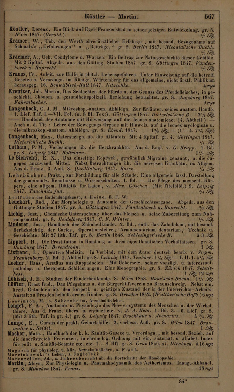 Köstier, Lorenz, Ein’ Blick auf Eger-Franzensbad in seiner jetzigen Entwickelung. gr. 8. Wien 1847: (Gerold.) Ya PL. Kramer, W., Ueb. den Werth ohrenärztlicher Erfahren , mit besond. Bezugnahme auf Schmalz’s „Erfahrungen “ u. ‚Beiträge. “‘ gr. 8. Berlin 1847. Nicoalav’sche Buchh. 1/3 Fb. Kraemer, A., Ueb. Condylome u. were Ein Beitrag zur Naturgeschichte dieser Gebilde. Mit 2 Kpftaf. Abgedr. aus den Götting. Studien 1847. gr. 8. Göttingen 1847. Vanden- hoeck u. Ruprecht. Ya RB. , Krauss, Fr., Anleit. zur Hülfe in plötzl. Lebensgefahren. Unter Hinweisung auf die betref. Gesetze u. Verordngn. im Rönigr. Würtemberg für das allgemeine, nicht ärztl. Publikum herausgeg. 16. Schwäbisch-Hall 1847. Nitzschke, 7; Kreutzer, Joh. Martin, Das Schlachten der Pferde u. der Genuss des Pferdefleisches, in ge- schichtl. ökonom. u. gesundheitspolizeil. Beziehung betrachtet. gr. 8. Augsburg 1847. Fahrmbacher. Inge Langenbeck, GC. J. M., Mikroskop.-anatom. Abbilden. Zur Erläuter. seines anatom. Handb. 1. Lief. Taf. I.—VIl. Fol. (u. 8 Bl. Text). Göttinger 1847. Dieterich’sche B. 2 RE Handbuch der Anatomie mit Hinweisung auf die lcones anatomicae. (4. Abtheil.) — Auch u. d. Tit.: Lehre der Bewegungs-Organe mit Hinweis. auf die leones myologicae u. die mikroskop.-anatom. Abbildgn. gr. 8. Ebend: 1847. , 1A IgG — 1.—. 7% RE) Langenbeck, Max., Untersuchgn. üb. die Allantois. Mit 4 Rpftaf. gr. 4. Göttingen 1847. Dieterich’sche Buchh. DL Latham, P.M., Vorlesungen üb. de Herzkrankbtn. Aus d. Engl. v. G. Krupp. 1. Bd. gr. 8. Leipzig 1847. Rollmann. 1% 92 Le’ Bienvenu, E. X., Das einseitige Kopfweh, gewöhnlich Migraine genannt, u. die da- gegen anzuwend. Mittel. Nebst Betrachtungen üb. die nervösen Krankhtn. im Allgenı. Aus d. Franz. 3. Aufl. 8. Quedlinburg 1841. Basse. Y FR. Lehrbücher, Prakt., zur Fortbildung für alle Stände. Eine allgemein fassl. Darstellung der gemeinnütz. Kenntnisse u. Wissenschaften. 1. Bd. — Die Pflege des menschl. Kör- ‘pers, eine allgem. Diätetik für Laien, v. Alex. Göschen. (Mit Titelbild.) 8. Leipzig | 1847. Tauchnitz Jun. JERSZO; 1. Leitfaden der Entbindungskunst, s. Heine, E. F.W. | Leuckart, Rud., Zur Morphologie u. Anatomie der Geschlechtsorgane. Abgedr. aus den Göttinger Stadien 1847. gr. 8. Göttingen 1847. Vandenhoeck u. Ruprecht. SE Liebig, Just., Chemische Untersuchung über das Fleisch u. seine Zubereitung zum Nah- N rungsmittel. gr. 8. Heidelberg 1847. °C. F. Winter. 78777 | BANdeeAT, Jos., Handbuch der Zahnheilkunde. 2. Bd., enth. das Zahnleben , mit besond.  Berücksichtig. der Caries, Operationslehre, Armamentarium dentarium Technik u. K; Geschichte. Mit 27 lith. Taf. gr. 8. Berlin 1848. Schlesinger’sche B. 3394 Lippert, H., Die Prostitution in Hamburg in ihren eigenthümlichen Verhältnissen. gr. 8. Hamburg 1847. Berendsohn. Re 724 Lisfranc, J., Operative Medizin. In Verbind. mit dem Autor deutsch bearb. v. Siegm. Frankenberg. 2. Bd. 1. Abtheil. gr. 8. Leipzig 1847. Teubner. 1%. — 1.1.1. 4% 92. | Locher , Hans, Aretäus aus Kappadocien. Mit Uebersetz. seiner vorzügl. u. interessant. patholog, u. therapeut. Schilderungen. Eine Monographie. Br. 8 Fürich 1847. Schult- 1,972. 12 nt Löbisch, J. E., Studien der Kinderheilkunde. 8. Wien 1848. Haas’ sche Buchh. ya 3G. Löffler, Erast Rud., -Das Pflegehaus u. der Bürgerhilfsverein zu Braunschweig. Nebst ein. ärztl. Gutachten üb. den körperl. u. geistigen Zustand der in der Unterrichts - Arbeits- Anstalt zu Dresden befindl. armen Rinder. gr.8. Dr esden 1812. (Walther’sche Hofb.)6nge Loevinson, M., s. Sobernheim, Arzneimittellehre. Longet, F. Ko, Anatomie u. Physiologie des Nervensystems des Menschen u. der Wirbel- thiere. Aus A. Franz. übers. u. ergänzt ete. v. J. A. Hein. 1. Bd. 3.—6. Lief. gr. 8. (Mit 3 lith. Taf. in gr. 4.) gr. 8. Leipzig 1847. Brockhaus u. Avenarius. a 3, 2. Lumpe, E., Cursus der prakt. Geburtshilfe. 2. verbess. Aufl. gr. 8. ‚Wien 1847. Brau-_ müller u. Seidel. 17 Macher, Math. , Handbuch der k. k. Sanität-Geseze u. Verordngn. , mit besond. Bezieh. Bar die iAneröstreich. Provinzen, in chronolog. NENNE mit ein. ‚sistemat. u alfabet. Index für polit. u. Sanität-Beamte etc. etc. 1. Ef Hft. gr. 8. Gras 1846, AT, Dirnböck. a1l6 292 Magazin für physiolog. u. klin. Arzneimiltellehre, s. FERNE Marcinkowski’s Leben, s. Jagielski. Marenzeller, Ad., s. Jahresbericht üb. die Fortschritte ‚der Hombonathiei Martin, Aloys, Zur Physiologie u. Pharmakodynamik, des Aetherismus. Inaug.-Abhandl. gr. 8. München 1841. Franz. ; 18 age 84°