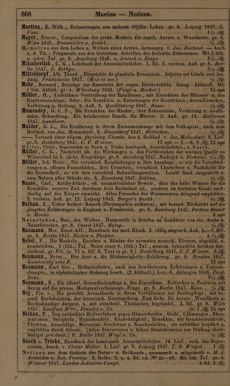 Martius, E. Wilh., Eninaszungaui aus meinem 90jähr. Leben. gr. 8. Leipzig 1847. L. Voss. 1 2 Mayer, Ernest, Compendium der nrach Mediein für angeh. art u. Wundärzte. gr. 8. Wien 1848. Braumüller u. Seidel. Ya RL. Memoiren aus dem Leben u. Wirken eines Arztes, herausgeg. v. Jos. Buchner. — Auch u..d. Tit, : Fragmente aus den hinterlass. Schriften des Hofraths Hahnemann, Mit 3 lith. u. color. Taf. gr. 8. Augsburg 1848. v, Jenisch u. Stage. 2 PTR Mitscherlich , C. a Lehrbuch der Arzneimittellehre. 1. Ba. 2. verbess, Aufl. gr. 8. Ber- lin 1347. 6. Bethge. 323 Mitteldorpf, Alb. Theod., Disquisitio de glandulis Brunnianis. Adjecta est tabula aeri ine. 4Amaj. /ratislaviae 1847. (Max et soc.) MY Rp. Mohr, Bernard , Beiträge zur .Kenntniss der organ. Hirnkrankhtn. Inaug. - Abhandl. ME I lith. Abbild. gr. 4. Würzburg 1833. (Voigt u. Mocker.) 14 ng Möller, H., Unfehlbare Vertreibung der Hautfinnen , mit Hinschluss der Mitesser u. des Kupferausschlags. Oder: Die Krankhtn. u. Entartungen der Hautdrüsen , deren Ursachen, Verhütung u. Heilung. 2. Aufl. 8. Quedlinburg 1847. Basse. ER, Momendey, G..C. F., Die Krankhtn. der Kinder, ihre Erkenntniss, Verhütung u. zwetk- mäss. Behandlung. Ein belehrendes Handb. für Mütter. 2. Aufl. gr. 12. Heilbronn 1847. Landherr. RB. Holländ. von Jac. Moleschott. 8. Düsseldorf 1847. Bötticher, Ya FL. Versuch einer allgem. physiolog. Chemie. Aus d. Holländ. v. Jac. Moleschott. 8. _ gr.8. Heidelberg 1841. C. F. Winter. 12 ag — 1.—8. 2.94.22 M Eller, Clotar, Repertorium zu Noack u. Trinks homöopath. Arzneimittellehre , s. Noack. Müller, Joh. Heinr., Die verschied. Entzündungen u. ihre Ausgänge , so wie die Verschwä- rungen u. offenen Fussschäden , ihre Ursachen, verschied. Charactere u. Nachtheile für die Gesundheit, so wie ihre verschied. Behandlungsweisen. Leicht fassl. dargestellt u. zum Nutzen aller Stände etc. 8. Eisenberg 1847. Schöne. Ya PL. Nasse, Carl, Antihydriasis, od. unumstösslicher Beweis , dass das kalte Wasser für die Krankhtn. unserer Zeit durchaus kein Heilmittel ist, sondern im höchsten Grade nach- theilig auf den Körper einwirkt. Allen Freunden der Wasserceuren dringend empfohlen. 2. verbess. Aufl. gr. 12. Leipzig 1843. Berger’s Buchh. Ya RB. Nathan, E., Ueber Aether- Rausch (Phrenopathia aetherea), mit besond. Rücksicht auf die jüngsten Erfahrungen in England u. Frankreich. ‚gr. 8. Ne 1847. Kenklies hieran u. Mauke. Naturleben, Das, des Weibes. Dargestellt in Briefen ‚an ® Gebildete von ein. Arzte u. Naumann, Mor. Ernst Adf., Handbuch der med. Klinik. 2. völlig umgearb. Aufl, 5.—7. Hit. gr. 8. Berlin 1847. Rücker u. Püchler. a Un BL. Nebel, F., Die ne Knochen u. Bänder des normalen menschl. Körpers, abgebild. u. stellend. ‚gr; Fol. (u. VI u. 107 S. Text in gr. 8.) Heidelberg 1847. C.F. Winter. 8.9. Neumann, Heinr., Der Arzt u. die Blödsinnigkeits- Erklärung. gr. 8. Breslau 1847. Gosohorsky ’scheB. 12 ngr Neumann, Karl Geo., Heilmittellehre, nach den bewährtesten Erfahrungen u. Untersu- chungen, in alphabetischer Ordnung bearb. (2 Abtheill.) Lex.-8. Erlangen 1848. Ferd. Enke. 32 RB. Neumann, S., Die öffentl. Gesundheitspflege u. das Eigenthum. Kritisches u. Positives mit Bezug auf die preuss. Medizinalverfassungs - Frage. gr. 8. Berlin 1847. Riess. Ya R. sond. Berücksichtig. der österreich. Gesetzgebung. Zum Gebr. für Aerzte, Wundärzte u. f ' 1 matismus, Scropheln, Hypochondrie, Engbrüstigkeit,, Krankhth. der Geschlechistheile, Flechten, Ausschläge, Mercurial-Siechthum u. Knochenleiden,, als unfehlbar bewährt u, empfohlen durch Atteste. (Allen Souverainen u. hohen Staatsbeamten zur Prüfung ehrer- bietigst gewidmet.) 8. Berlin 1847. Weyl u. Co. Be Noack u. Trinks, Handbuch der homöopath. Arzneimittellehre. 18. Lief., enth. das Reper- torium, bearb. 'v. Clotar Müller. 1. Lief. gr. 8. Leipzig 1847. T, O. Weigel... 1.2. No aus dem Gebiete der Natur- u. Heilkunde , gesammelt u. mitgetheilt: v. M. J. Schleiden u. Rob. Froriep. 3. Reihe. 3. u. 4. Bd. od. N®45—88. Mit lith. Taf. gröd. Weimar 1841. Landes-Industrie-Compt. ha Bd. Kia