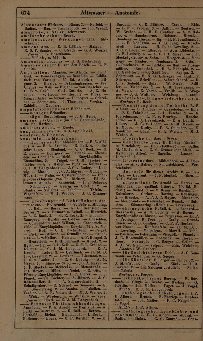 Radius. — Rau. — Taschenbuch. — Joh. Wendt. Amaurose, s. Staar, schwarzer. Ameisenkriechen: Bruck. j Ameisensäure, Wirkungen ders.: Mit- scherlich. \ Ammen: Arzt. — E. R. Löffler. — Maigne. — E.D. F. Sander. — C. Strack. — G. J. Wenzel. Nachtr.: L. Rosenbaum. ’ Milch, s. Milch. Ammoniak: Bodenius. — C. G. Eschenbach. Amnioswasser:H. van den Bosch. — C Cunitz. Amputation: Alanson. — Alcock. — RK. J. Beck. — Bemerkungen. — Benedict. — Biblio- thek von Vorlesgn. (35..Bd. Alcock.) — Bil- guer. 2. — Blasius. — Bränninghausen. — Frz. Chelius. — Dahl. — Flajani. — van Gesscher. — C. F. v. Gräfe. — G. J. Guthrie. — A. G. He- denus. — v. Hoorn. — Kern. 2. — 'Kloss. — Münzenthaler. — Mynor. — Ploucquet. — Schrei- ner. — Scoutetten. — J. Thomson. — Verdat. — Zabiello. — Zanders. Amputationsapparat: — messer: Schaefer. - . _ ; säge: Beschreibung. — J. G. Heine. Eichheimer. Ch. Fr. Harless. Amulete: Amulet. — Emele. x Anagallisarvens., s Gauchheil, Analyse, s. Chemie. Anatomie des Menschen: 3 Kupferwerke: Abbildungen. —B.S. Albi- nus. 4. — F. A. Arnold. — R. Bell. 4. — Be- schreibung. — Bleuland. — A. C. Bock. — C. E. Bock. — Bourgery. — Caldani. — Chesel- . den. — Choulant. — Diehl. — Encyklopädie. — Eustachius. 2. — Feigel. — J. M. Fischer. — Gabler. — A. v. Haller. — Köck. — Kulmus. — C. J. M. Langenbeck. — J.C.v. Loder. — Lud- wig. — Masse. — J. C. A. Mayer. — Mulder. — nig-Encyklopädie (von Th. Richter). — Ed. Sa- lomon u. Aulich. — Santorini. — J. v. Scherer. — Schobinger. — Seerig. — Smellie. 2 — Stanka. — Syllabus. — Tabellen. — Tafeln. — Wagenfeld. — M. J. Weber. — J. C. Zimmer- mann. - N. überhaupt und Lehrbücher: Ana- tomiae ete.— Fr. Arnold. — V. Behr u. Minding. — J. Bell. — Beraz. — A. 6. Bernstein. — Berres. 2. — v. Besnard u. Reindl. — Blumrich. — A. C. Bock. 2. — C. E. Bock. 3..— Boden. — Bourgery. — Burdin. — Caldani. — Cheselden. — Compendium (nach Wilson). — Gonsbruch. — Eble. — Eneyklopädie. — Encyklopädie (v. Mo- ser). — Erdl. — C. E. Eschenbach. — Feigel. — Fick. — Gfrörer. — Grundlinien. — Grund- riss. — A. v. Haller. — Heister. — A. F. Hempel.2. — Hesselbach. — F. Hildebrandt. — Hueck. 2.— Hyrtl. — lg. — C. H. Reil. — C. F. T. Krause. — Kulmus. — 'C. J. M. Langenbeck. — E.A. Lauth. — Leber. 2. — Lehrbuch. — H. M. D. J. v. Leveling. 2. — Lexikon. — Lieutand. 2. — J. €. v. Loder. 2. — C. G. Ludwig. — A. Mayer. 4. — Mavoorooda&amp;ros.—J. C. A. Mayer. J. F. Meckel. — Meinecke. — Memoranda. Jos. Meyer. — Münz, — Nedel. — C. Otto, Pfennig-Encyklopädie. — J. F. Pierer. — J. Plenck. — Th. Richter. — A. Römer. — ). Rosenmüller. 2. A. Schaarschmidt. 3, Schallgruber. — C. Schmid. — Simmons. — Th. Sömmerring. 2. — Stanka. — Tabellen. Verdier. — A. R. Vetter. 3. — M. J. Weber. — Weiz. — Wiedemann. — Winslow. — Ypey. © Nachtr.: Hyrtl. — C. J. M. Langenbeck. [rje=-, || 8 LS) Anecdeten. — F. A. Arnold. — Baglivius. — A. Barth. — Beiträge. 2. — R. Bell. — Berres. — Berthold. — Bichat. — Bleuland. 3.— L. Bock. — Boehmer. — Bruns. — C. F. Burdach. 2. — E. — L. F. v. Froriep. 3. — Gallini. — Goulard. — W. Gruber. — J. H. F. Günther. — A. v. Hal- ler. 4. — Hauchecorne. — Heister. — Hirzel. — Homberg. — Hueck. — Ilg. — H.F. Isenflamm. 2. — J. F. Isenflamm. — Ä G. Jung. — Knack- stedt. — Lassus. — H.P., de Leveling. 2. — J. C.v. Loder. — Lösecke. — A.A.Lüdecke. — C. F. Ludwig. 4. — A. F.J. C. Mayer. — J. F. Meckel , Grossv,. u. Sohn. — Metzger. 3. — Mor- gagni. — Münter. — Neubauer. 3. — Otto. — G. Prochaska. 2. — Rathke. — Reil. — Rosen- müller. — ‚Rosenthal. — K. A. Rudolphi. 2. — BE. Sandifort. — G: Sandifort. — Scarpa. 3. — Schmitson. — B. N. 6. Schreger. — C.gH. T. Schreger. — Schriften. — Schweickhard. — RK. C. v. Siebold. — Spix. — W. Stark. — Stöl- ler. — Tiedemann. 2. — G. R. Treviranus. — A. Vater. — Z. Vogel. — Vrolik. — R. Wag- ner. — J. G. Walther. — Wrisberg — s. auch: Bänderlehre,Eingeweidelehreu.s.w. Iachtr.: B. Beck. Anweisung dazuu. Technik: B. S. Albinus. — C. A. Bock. — Cassebohm. — Eble. — P. C. Fabricius. — J. L. Fischer, 2. — 6. Fleischmann. — L. F. v. Froriep. — Hauche- corne. — F. C. Hesselbach. — E. A. Lauth. — Leber. — J. C. v. Loder. — A. M. Mayer. — A. Monro. — Orchy. — F. B. Osiander, — E. _ Sandifort. — Shaw. — F. A. Walter. — M. J. Weber. 2. j £ er — Fortschritte ders.: Paget. | Geschichte ders.: H. Döring (deutsche im Mittelalter)..— Eble (1800-25). — Gallini (d. 18. Jahrh.). — C. G. Gruner (der Alten). — Hyrtl (der Alten). — Kurella.. — Lassus. — Lieutand. 2. —— Literatur ders.: Bibliotheca. — J. Dou- glas. — A. v. Haller. — Schweickhard. — Ver- zeichniss. &amp; Journale für dies.: Archiv. 2. — Bei- träge. — Laurent. — J. F. Meckel. — Oken. — 'G. G. Valentin. FE EUER £ allgemeine: Fr. Arnold. — Berres. — Bibliothek der ausländ. Literat. (10. Bd. Bi- chat.) — Bichat. 3. — V. Bruns. — Burdach. — Eulenberg. — Gerber. — Harting. — Heusinger. 2. — Rlencke. — A. F. J. G. Mayer. — Meckauer. — Memoranda. — Raeuschel. — Remak. — Solt- sien. — Sömmerring. (Henle.) — T'reviranus. chirurgische: R.Bell.4 —v. Besnard.— Bierkowsky. — A. C. Bock. % — A. Burns. — ag bekam (v. Moser). — Fergusson. — L. F, v. Froriep. — R. Froriep. — Gerdy. — Grund- linien. — G. B. Günther. — C. F. F. Hecker. — van Hoorn. Kupfertafeln.. — H. M. D. J. v. Leveling. — Malgaigne. — Morell. — Nuhn. — Palchim. — Petr&amp;quin. — Pirogoff. — Plenck.— J. C. Rosenmüller. — Rosenthal. — Roser. — Roos. — Saxtorph. — G. Seeger. — Seiler. — J. A. W. Stein. — Velpeau. —sEdu. Weickert. Nachtr.: W. Gruber. für Gerichtsärzte: Diehl. — A, C. Neu- mann. — Petrequin. — 6. Seeger. für Künstler: F, Berger. — Camper. 2. — J. M. Fischer. — Gerdy. Köck. — J. H. Lavater. 2. — Ed. Salomon u. Aulich. — Seiler. — Tabula. Nachtr.: v. Perger. —— mikroskopische: Berres. — E. Bur- dach. — Gluge. — Gruby. — Harting. — 0. Köstlin. — Joh. Müller. — Paget. — E Vogel. Nachtr.: C. J. M. Langenbeck. pathologische, Abbildungen: J.F. H. Albers. — Broers. — R. Froriep. — Kupfer- tafeln. 2. — Joh. Müller. — F. C. Naegele. — J. Vogel. 1 ' Nachtr.: J. F. Albers. pathologische. Lehrbücher und BOSammeS: J. F. H. Albers.- — Andral. — aillie. — Bichat. — G. C. Conradi. — Cons-