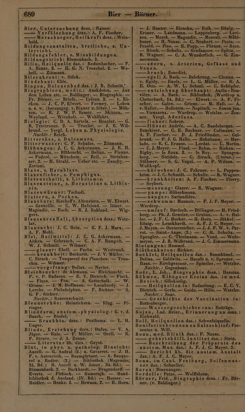 Kaiser! Bier, Untersuchung dess.: A. F. Fischer. Verfälschung dess.: Merseburger, Heilkraft dess.: hold. Bildungsanstalten, ärztliche, s. Un- terricht. Bildungsfehler, s. Missbildungen. Bildungstrieb: Blumenbach. 2. Bilin, Heilquelle das.: Redtenbacher, — F. A. Reuss. 3. — H. G. N. Troschel. 2. — We- -‚bell. — Zitimann. Bilsenkraut: v. Störk. Bindehaut: Eble. Bingen, Helenenbad.das.: J. B. Schmitt. Biographieen, medic.: Anekdoten. — Aus dem Leben etc. — Baldinger. — Biographie. — Fr. Börner. — Briefe. — Celsus. 2. — v. Ei- cken. — J. C. P. Elwert. — Formey. — Leben u. 8. w, (herausgeg. v.Rixner u. Siber.) — Möh- sen. — R. W. P. Remer. — Skizzen. — Weyland. — .Wienholt..— Wohlfahrt. Biologie: €. D. A. Bartels. — Hensler. — G. R. Treviranus. 2. — Troxler. — J. B. Wil- brand. - Vergl. Leben u. Physiologie. Nachtr. : Reich. Bittersüss, s. Dulcamara. Bitterwasser: C. F. Schulze. — Zittmann. Blähungen: J. C. G. Ackermann. — J. R. H. Ackermann. — Blähsucht. — Delius. — Fienus. — Fodere. — Mitschein. — Reil. — Steinhau- ser. 2.— M. Strahl. — Ueber etc. — Zauchy. — Zeviani. Blase, s. Harnblase. Blasenfieber, s. Pemphigus. Blasenschnitt, s. Lithotomie. Blasensteine, s. Harnsteine u. Lithia- sis. Blasenwürmer: Tschudi. Blattern, s. Pocken. Blausäure: Bischof'v. Altenstern. — W. Elwert. — Grauville.. — GC. W. Magendie. — Roch. — R. J. Rohland. — Wig- gers. BlausauresRali,Absorption dess.: Weiz- J. ©. Hein. — G. F. J. Marx. — A. F. Mohl. Blei, Heilmittel: J. C. G. Ackermann. — Aitken. — Gebrauch. — C. A. F. Rumpelt. — W. J. Schmitt. — .Wibmer. . lasur: Ebell. — Fuchs. — Westrumb. ar. Blausucht; rankheit: Bochardt. — )J. V. Müller. — C. Strack. — Tanquerel des Planches. — Tron- chin. — Wibmer. vergiftung: Delius. — Narter.’ Bleiehsucht: ‘de Alemann. — Bleichsucht. — F. v. P. Budaeus. — E. V. Dietrich. — Fleck. — Fluss. — Fox. — A. Gottschalk. — W. Grimm. — J. M. Hoffmann. — Leoubardy. — )J. lLeerche. — Philadelphus. — F. Richter. — S. G. F.' Richter. Nachtr.: Bauernschmitt. Blennorrhöe: -Heinrichsen. — Klug. — Pi- ringer. Blinddarm, anatom.-physiolog.: G. v. d. Busch. — Riedel. Rrankhtn. dess.: Posthuma. — L. HA. ‚ Unger. Blinde, Erziehung defs;d Dufau. — V. A. Jäger. — Knie. — F. Müller. — Orell. — RK. F. Struve. — J. A. Zeune. Literatur üb. dies.: Guyot. Blut, in phys. u. patholog. Hinsicht: Ancell. — 6. Andral (2.) u. Gavarret. — J. H. F. v. Autenrieth. — Baumgärtner. — A. Becque- rel u. Rodier. (2.) — Bibliothek Me 45. Bd.; H. Ancell u. W. Jones, 34. Bd.). Blumenbach. 2. — Burkhardt. — Dragendorff. er Everts. — Födisch. — Hamernjk. — Hand- bibliothek d. Ausland. (IV. Bd.) — Haeser. — Heidler. — Henke. 2. — Hewson. 2. — H. Horn. — J. Hunter..— Rlencke,. — Kolk. — König. — Krimer. — ‚Landmann. — Lappenberg. — Devi- son. — Maack. — Magendie. — Moscati. — Mühl- bauer. — H. Nasse. — C. Neubert. — Pasta. — Pezold. — Piso. — K. Popp. — Pörner. — Rees. — Rösch.— Schultz. — Scudamore. — Dnin —_ R. Wagner. — (. A. Wunderlich. _ . Zim- mermann. adern, Arsen Gefässe wu Venen. bruch: Benediet, egel: A. Bach. — Belehrung. — Glesius. — « Egidy. — Roolz, — L. G. Müller. — RK. A. E Otto. —' A. W. L. Scheel: — C. Schöpfer. entziehung Re viere. — A. Bach. — Bibliothek. (Wardrop u. Clutterbuck. 14. Bd.) — Elwert. — A. F. Fi- scher. — Galen. — Griese.— MN. Hall. — A. v. Haller. — Hollstein. — Nopitsch. — Simon j jun. — Vieusseux. — Wardrop. — Wetzlar. — Zen- ner. Vergl. Aderlass. fieber: Kehrer. flüsse: Andree. — A. C. Baudeloeque.' — Benckiser. — C. E. Buchner. —: Collmann. — A. F. Fischer. — D. J. Friedländer. — . Gul- brand. — P. J. G. Halle. — Hohnbaum. — Hur- tado. — K. C. Krause. — Lordat. — D. Martin. — (.J. Meyer. — Pinel. — Rehm. — Rieken. — Rigby. — le Roux. 2. — le Roy. — Spangen- berg. — Steidele. — C. Strack, (Uterus.) — Stühmer: — 8. 6. Vogel. — A. P. Wilson. —_ Wollkopf. : körnchen:J. C. Fahrner. a. Pappen- - heim. — J. G; Schmidt. — Schultz. — R. Wagner. krankheiten: A. F. Fischer. — Piorry. — Seybert. messung: Glaser. — R. ee pumpe: Hübschmann. | 0 sauger: Sarlandiere. schwamm: Maunoir. RR Meyer. — Wardrop. - umlauf: Burdach. Döllagere — H. Fried- berg. — Ph. J. Gensler. — Grabau.— A. v. Hal- ler. — J. F. C. Hecker. — H. Horn. — Jäkkel. — König. — Leuckhardt. — A. F.J. C. Mayer. — J. Meyen. — Oesterreicher. — J. J. F.W. v. Par- rot. — Saint- Ange. (2.) — €. H. Schultz. — Speugler.. — €. “Thielmann.:— Vend. — Wede- meyer. — J. B..:Wilbrand. — J. C. EPORFRIEER- Blutungen: Hummel. Blüthenkuren: Richter. Bocklet, Heilquellen das.: Benmhlimel.i — Delius. — Goldwitz. — Hacnle u. v. Spruner. — Haus. — Rirchgessner. — Spindler. — Wetzler. ... Nachtr.: .Gegenbaur. Bor, L. Joh. , Biographie dess.: Böhmen,. Eihogner Kreiss das. ‚Bezieh.: Glückselig. Hailgt ellcn in: Badzeitung. —.EiChV. Aullin - Hussian. in me d. MNachtr.:: Saar. Geschichte der Vaccination Rottenberger. Wassergeschichte von: Beiträge. Bojan, Lud. Heinr., Erinnerung an dens.: - Eichwald. Boll, Heilquellen das.: Schwefelquelle. Bonifaciusbrunnen zu Salzschlief: Fre- senius u. Will. Bonn, med. Rlinik das.: F. Nasse. seburtshülfl. Institut das.: Stein. Beschreibung der Präparate des anatom. Mus. das.: A. F. J, C. Mayer. 2. Bericht üb. die anatom. Anstalt A. F..J. C. Mayer. he Seifenwas- ser.das.: Schueller. Borax: Binswanger. Bordelle: Patze. — Wolffsheim. Börner, Frid., Biographüe dess.: ner. (V. Baldinger.) in: das.: Fr. Bör-