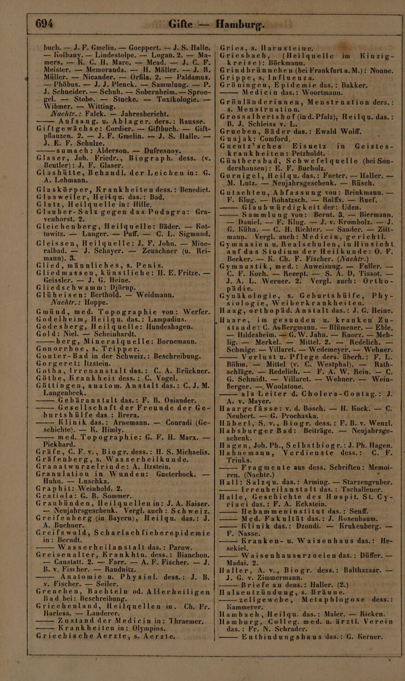 — Rolbany. — Lindestolpe. — Logan. 2. — Ma- mers- — R. €. H. Marc. — Mead. — J. C. F. Meister. — Memoranda. — H. Möller. — J. B. Müller. — Nicander. — Orfila. 2. — Paldamus. — Phöbus. — J. J. Plenck. — Sammlung. — P. J. Schneider. — Schuh. — Sobernheim. — Sproc- gel. — Stobe. — Stucke. — Toxikologie. — Wibmer. — Witting. i Nachtr.:. Falck. — Jahresbericht. Aufsaug. u Ablager. ders.: Rausse. Giftgewächse: Cordier. — Giftbuch. — Gift- pflanzen. 2. — J. F. Gmelin. — J. S. Halle. — J. E. F. Schulze. sumach: Alderson. — Dufresnoy. Glaser, Joh. Friedr., Biograph. dess. (v. Beutler) : J. F. Glaser. Glashütte, Behandl. der Leichenin: G. A. Lehmann, Glaskörper, Krankheiten dess.: Benedict. Glasweiler, Heitqu. das.: Bad. Glatz, Heilquelle in: Hille, Glauber-Salz gegen das Podagra: Gra- venhorst. 2. Gleichenberg, Heilquelle: Bäder. — Rot- towilz. — Langer. — Puff. — €. L. Sigmund. Gleissen, Heilquelle: J. F- John. — Mine- ralbad. — J. Schayer. — Zeuschner (u. Rei- mann). 3. e Glied, männliches, s. Penis. Gliedmassen, künstliche: H. E. Fritze. — Geissler. — J. G. Heine. Gliedschwamm: Djörup. Glüheisen: Berthold. — Weidmann. Nachtr.: Hoppe. Gmünd, med. Topographie von: Werfer. Godelheim, Heilqu. das.: Lampadius. Godesberg, Heilquelle: Hundeshagen. Gold: Niel. — Scheinhardt. berg, Mineralquelle: Bornemann. Gonorrhoe,s. Tripper. Gonter-Bad in der Schweiz.: Beschreibung. Gorgeret: Itzstein. Gotha, Irrenanstalt das.: C. A. Brückner. Göthe, Krankheit dess.: €. Vogel. Göttingen, anatom. Anstalt das.: C.J.M. Langenbeck. Gebäranstalt das.: F. B. Osiander. Gesellschaft der Freunde der Ge- burtshülfe das.: Brera. Klinik das.: Arnemann. — Conradi (Ge- schichte). — RK. Himly. — med. Topographie: G. F. H. Marx. — Pickhard. Gräfe, C. F.v., Biogr. dess.: H. S. Michaelis. Gräfenberg,s. Wasserheilkunde. Granatwurzelrinde: A. Itzstein. Granulation in Wunden: Gueterbock. — Huhn. — Luschka. R Graphit: Weinhold. 2. Gratiola: G. B. Sommer. Graubünden, Heilquellen in: J. A. Kaiser. — Neujahrsgeschenk. Vergl. auch : Schweiz. Greifenberg (in Bayern), Heilgqu. das.: ). A. Buchner. i } Greifswald, Scharlachfieberepidemie in: Berndt. Wasserheilanstalt.das.: Parow. Greisenalter, Krankhtn. dess.: Bianchon. — Ganstatt. 2. — Farr. — A. F. Fischer. — J. B. v. Fischer. — Raudnitz. Anatomie u. Physiol. dess.: J. B. v. Fischer. — Seiler. Bad bei: Beschreibung. Harless. — luanderer. Zustand der Medicin in: Thraemer. Krankheiten in: Olympios. _ Griechische Aerzte, s. Aerzte. Gries, s. Harnsteine, ER s Griesbach, (Heilquelle im Kinzig- kreise): Böckmann. - Grindbrünnchen (bei Frankfurt a.M.): Nonne. Grippe, s. Influenza. Gröningen, Epidemie das.: Bakker. Medicin das.: Woortmaun. Grönländerinnen, Menstruation ders.: s. Menstruation. Grossalbertshof (ind.Pfalz), Heilqu. das.: B. J. Schleiss v. L. Grueben, Bäder das.: Ewald Wolf. Guajak: Comford. Guentz’sches Eisnetz in krankheiten: Petzholdt. Günthersbad, Schwefelquelle (bei Son- dershausen): E. F. Bucholz. Gurnigel, Heilgqu. das.: Fueter. — Haller. — M. Lutz. — Neujahrsgeschenk. — Rüsch. Gutachten, Abfassung von: Brinkmann. — .F. Klug. — Rohatzsch. — Rolffs. — Ruef. —— Glaubwürdigkeit der: Uden. Sammlung von: Bernt. 3, — Biermann. — Daniel. — F. Klug. — J. v. Krombolz. — J. G. Kühn. — €. H. Richter. — Sander. — Zitt- mann. Vergl. auch: Mediein, gerichtl. Gymnasien u. Realschulen, inHinsicht, aufdas Studium der Heilkunde: ©. F. Becker. — R. Ch. F. Fischer. (Nachtr.) Gymnastik, med.: Anweisung. — Fuller. — C. F. Koch. — Reeept. — S. A. D, Tissot. — J. “ L. Werner. 2. Vergl. auch: Ortho- ädie. Ein sk ullktie; s. Geburtshülfe, Phy- siologie, Weiberkrankheiten. k Haag,orthopäd. Anstalt das.: J. G. Heine. Haare, im gesunden u. kranken Zu- stande: C. AvBergmann. — Blümener. — Eble, — Hildesheim. —G.W. Jahn. — Knorz. — Meh- lig. — Merkel. — Mittel. 2. — Redelich. — Schmige. — Villaret. — Wedemeyer. — Wehner. Verlust u. Pflege ders. überh.: F. L. Böhm. — Mittel (v. C. Westphal). — Rath- schläge. — Redelich. — F. A. W. Rein. — C. G. Schmidt. — Villaret. — Wehner. — Wein- Berger. —. Woolstone. ni als Leiter d. Cholera-Gontag.: J. A: v. Mayer, Haargefässe: v. d. Bosch. — H. Kock. — C. Neubert. — G. Prochaska. : Häberl, S. v., Biogr. dess.: F. B. v. Wenzl. Habsburger Bad: Beiträge. — Neujahrsge- schenk. Hagen, Joh. Ph., Selbstbiogr.:J. Ph. Hagen. Hahnemann, Verdienste dess.: GC. F. Trinks. . Fragmente aus dess. Schriften: Memoi- ren. (Nachtr.) f ’ Hall: Salzqu. das.: Arming. — Starzengruber. Irrenheilanstalt das. : Tschallener. Halle, Geschichte des Hospit. St. Cy- riacı das.: F. A. Eckstein. Hebammeninstitut das.: Senf. —— Med. Fakultät das.: J. Rosenbaum. —— Klinik das.: Dzondi. — Krukenberg. — F. Nasse. Kranken- u Waisenhaus das.: He- sekiel. ) Waisenhausarzneiendas.: Düffer. — Madai. 2. | Haller, A. v.,„ Biogr. dess.: Balthazaar. — J. G. v. Zimmermann. ——— Briefe an dens.: Haller. (2.) Halsentzündung,s. Bräune. zellgewebe, Metaphlogose dess.: Hambach, Heilqu. das.: Maler. — Rieken. Golleg. med. u. ärztl. Verein das.: Fr. N. Schrader. Entbindungshaus das.: G. Kerner. Geistes-