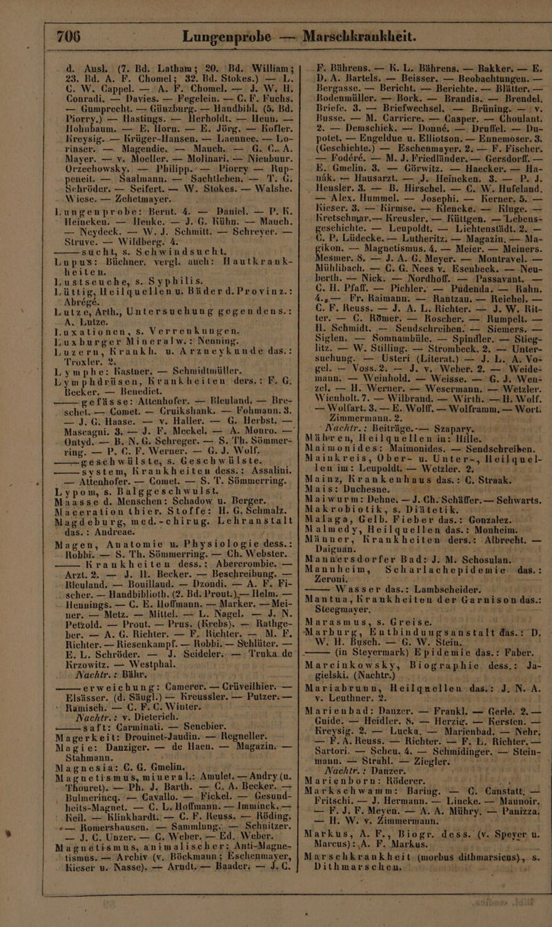 23. Bd. A. F. Chomel; 32. Bd. Stokes.) — L. GC. W. Cappel. — A. F. Chomel. — J. W. H, Conradi. — Davies. — Fegelein. — C, F. Fuchs, — Gumprecht. — Günzburg. — Handbibl. (5. Bd. Piorry.) — Hastings. — Herholdt. — Heun. — Hohnbaum. — E, Horn. — E. Jörg. — Kofler. . Kreysig. — Rrüger-Hansen. — Laennee. — Lo- rinser. — Magendie. — Mauch. — 6. („A. Mayer. —,v. Moeller. — Molinari. — Nieubuur. Orzechowsky. — Philipp.“— Piorry — Rup- peneit. — Saalmann. — Sachtleben. — T. G. Schröder. — Seifert. — W. Stokes. — Walshe. Wiese. — Zehetmayer. Lungenprobe: Bernt. 4. — Daniel. — P.R. Hleineken. — Henke. — J. G. Kühn. — Mauch. — Neydeck. — W. J. Schmitt. — Schreyer. — Struve. — Wildberg. 4. sucht, s. Schwindsucht. i Lupus: Büchner. vergl. auch: Hautkrank- heiten. Bei Lustseuehe, s. Syphilis. Lüttig, Heilquellen u Bäderd.Provinz.: Abrege. Lutze, Arth,, Untersuchung gegendens.: A. Lulze. Luxationen, Ss. Verrenkungen. lLuxburger Mineralw.: Nenning. Luzern, Kraukh. u. Arzueykunde das.: Troxler. 2: AN Lymphe: Rastner. — Schmidtmüller. Lymphdrüsen, Krankheiten (ders.: F. G, Becker. — Benedict. gefässe: Altenhofer. — Bleuland. — Bre- schet. — Comet. — Gruikshank. — Fohmann. 3. — J. G. Haase. — v. Haller. — G. Herbst. — Ontyd..— B. N. 6. Schreger. — S. Th. Sömmer-, ring. — P. €. F. Werner. — 6. J. Wolf. geschwülste, s. Geschwäülste.. | system, Krankheiten dess.:. Assalini. — Attenhofer. — Comet. — S. T. Sömmerring. Lypom, s. Balggeschwulst. Maasse d. Menschen: Schadow u. Berger. Macerationtthier. Stoffe: H. G. Schmalz. Magdeburg, med.-chirug. Lehranstalt das. : Andreae. yr Magen, Anatomie w Physiologie dess.: Robbi. — S. Th. Sönmerring. — Ch. Webster. — Krankheiten dess.: .Abererombie. — Arzt. 2. — J. 11. Becker. — Beschreibung. — Bleuland. — Bouillaud. — Dzondi. — A. F. Fi- scher. — Handbiblioth. (2. Bd. Prout.).— Helm. — Hennings. — C. E. Hoffmann. — Marker. —Mei- ner. — Metz. — Mittel. — L. Nagel. — J. N. Petzold. — Prout. — Prus. (Krebs). — Rathge- ber. — A. G. Richter. — F. Richter. — MN. F. Richter. — Riesenkampf. — Robbi. — Schlüter. — E. L. Schröder. — J. Seideler.- — Traka.de Krzowitz. — Westphal. i Nachtr.: Bähr. erweichung: Camerer. — Crüveilhier. — Elsässer. (d. Säugl.) — Kreussler. — Putzer: — - Ramisch. — C. F. C. Winter. Nachtr, : v. Dieterich. saft: Carminati. — Sencbier. Magerkeit: Drouinet-Jaudin. — Regneller. Stahmann. en &amp; Magnesia:.C. G. Gmelin. Mantia, mineral.: Amulet. — Andry (u. Phouret). — Ph. J. Barth. — G. A. Becker. — Bulmerineqg. '— Cavallo. —..Fickel. — Gesund- heits-Magnet. — C. L. Hoffmann. — Imminck. — : ‚Reil. — Klinkhardt. — €. F. Reuss. — Röding. »— Romershausen. — Sammlung... — Schnitzer. — J. C. Unzer. — C. Weber. — Ed. Weber. Magnetismus, animalischer: Anti-Magne- tismus. — Archiv. (v. Böckmann ; Eschenmayer, Kieser u. Nasse). — Arudt.— Baader: — J.C. ‚D.. A. Bartels. — Beisser. — Beobachtungen. — Bergasse. — Bericht. — Berichte. — Blätter, — Bodenmüller. — Bork. — Brandis. — Brendel, Briefe. 3. — Briefwechsel. — Brüning. — 'v. Busse. — M. Carriere. — Casper. — Choulant. 2. — Demschiek. — Donne. — Druffel. — Du- potet. — Engeldue u. Elliotson. — Ennemöser. 3. (Geschichte.) — Eschenmayer. 2. — F. Fischer. — Fodere. — M. J. Friedländer. — Gersdorfl. — E. Gmelin. 3. — Görwitz. — Haecker. — Ha- näk. — Hausarzt. — ‚J. Heineken. 3. — P. J. . Hensler. 3. — B. Hirschel. — €. W. Hufeland, — Alex. Hummel. — Josephi. — Kerner. 5. — Kieser. 3. — Rirmse, — Rlencke. — Kluge. — kretschmar.— Kreusler. — RKüttgen. — Lebens- geschichte. — Leupoldt. — Lichtenstädl.2. — G. P. Lüdecke. — Lutheritz. — Magazin, — Ma- gikon. — Magnetismus. 4. — Meier. — Meiners. Mesmer. 8. — J. A. G. Meyer. — Montravel. — Mühlibach. — C. G. Nees v; Esenbeck. — Neu- berth. — Nick. — Nordhofl.: — :Passavant. — GC. H. Pfaff. — Pichler. — Pudenda. — Rahn. A.;— . Fr. Raimann. — Rantzau. — Reichel. — C. F. Reuss. — J. A. L. Richter. — J. W. Rit- ter. — C. Römer, — Roscher. — Rumpelt. — H. Schmidt. — Sendschreiben. — Siemers. — Siglen. — Somnambüle. — Spindler. — Stieg- litz. — W. Stilling. — Strombeck. 2. — Unter- suchung. — Usteri (Literat.) — 'J. L.; A. Vo- gel. — Voss.2. — J. v.: Weber. 2. —: Weide- mann. — Weinhold. — Weisse. —'G. J. Wen- zel.e — H.. Werner. — Wesermann. — Wetzler. Wienholt. 7. — Wilbrand. — Wirth. —H. Wolf. — Wolfart. 3: — E. Wolff. — Wolframm, — Wort. Zimmermann. 2. Ds d ‘ Nachtr.: Beiträge. -— Szapary. Mäleren, Heilquellen in: Hille. Maimonides: Maimonides. — Sendschreiben. Maiukreis, Ober- u. Unter-, Heilquel- len im: Leupoldt. — Wetzler. . Mainz, Krankenhaus das.: €. Straak. Mais: Duchesne. er 4 \ Maiwurm: Dehne. — J. Ch. Schäffer. — Schwarts. Makrobiotik, s. Diätetik. ve Malaga, Gelb. Fieber das.: Gonzalez. Malmedy, Heilquellen das.: Monheim. Männer, Krankheiten ders.: ‚Albrecht. — Daignan. ge N Mannersdorfer Bad: J. M. Schosulan. Mannheim, Scharlachepidemie .das.: Zeroni. 2.0, 0 Wasser das.: Lambscheider. % Mantua, Krankheiten der Garnisondas.: Sieegmayer, | Marasmus, S. Greise. ER IEHRR Marburg, Entbinduugsanstalt das.: D. W. H. Busch. — 6. W. Stein. (in Steyermark) Epidemie das.: Faber. Marcinkowsky, Biographie. dess.: Ja- gielski. (Nachtr.) | fr Mariabrunn, Heilguellen.das.: .J. N. A. v. Leuthner. 2. j 1.1 Marienbad: Danzer. — Frankl. — Gerle. 2. — Guide. — Heidler. 8. — Herziz. — Kersten. — Kreysig. 2. — Lucka. — Marienbad. — Nehr. — F. A. Reuss. — Richter. — F. L. Richter, — Sartori. — Scheu. 4. — Schmidinger. — Stein- mann. — Strahl. — Ziegler. . Nachtr. : Danzer. ER Marienborn: Röderer. A Marksehwamm: Baring. — °C. Canstatt, — Fritschi. — J. Hermann. — Linucke. — Maunoir. — F.J. F. Meyen. — A. A. Mühry, — Panizza. — H. W. v. Zimmermann. i Markus, A. F., Biogr. dess. (v. Speyer u. Marcus):,A. F. Markus. RP r WA Marschkrankheit,(morbus dithmarsicus), $- Dithmarschen. ee = uns