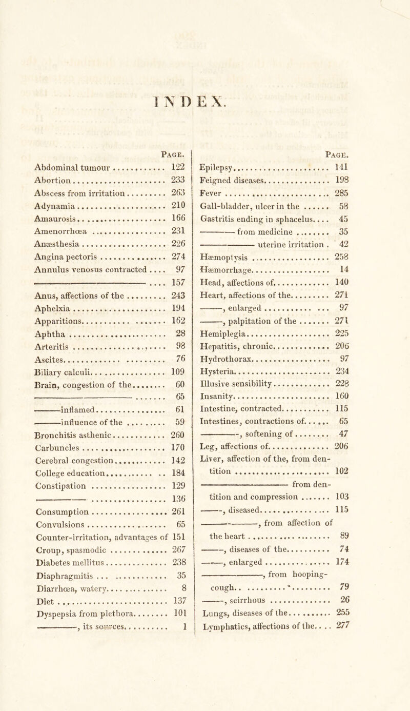 Page. Abdominal tumoui* 122 Abortion 233 Abscess from irritation 263 Adynamia 210 Amaurosis 166 Amenorrhoea 231 Anaesthesia 226 Angina pectoris 274 Annulus venosus contracted .... 97 .... 157 Anus, atFections of the 243 Aphelxia 194 Apparitions 162 Aphtha 28 Arteritis 98 Ascites 76 Biliary calculi 109 Brain, congestion of the........ 60 65 infl amed 61 influence of the 59 Bronchitis asthenic 260 Carbuncles 170 Cerebral congestion. 142 College education 184 Constipation 129 136 Consumption 261 Convulsions 65 Counter-irritation, advantages of 151 Croup, spasmodic 267 Diabetes mellitus 238 Diaphragmitis 35 Diarrhoea, watery 8 Diet 137 Dyspepsia from plethora 101 , its soJ’’:ces 1 Page. Epilepsy 141 Feigned diseases 198 Fever 285 Gall-bladder, ulcer in the 58 Gastritis ending in sphacelus.... 45 from medicine 35 uterine irritation . 42 Haemoptysis 258 Haemorrhage 14 Head, affections of. 140 Heart, affections of the 271 , enlarged 97 , palpitation of the 271 Hemiplegia 225 Hepatitis, chronic 206 Hydrothorax 97 Hysteria 234 Illusive sensibility 228 Insanity 160 Intestine, contracted 115 Intestines, contractions of. 65 , softening of 47 Leg, affections of 206 Liver, affection of the, from den- tition 102 — — • '' from den- tition and compression 103 , diseased 115 , from affection of the heart 89 , diseases of the 74 , enlarged 174 —, from hooping- cough ' 79 , scirrhous 26 Lungs, diseases of the 255 Lymphatics, atFections of the.. .. 277