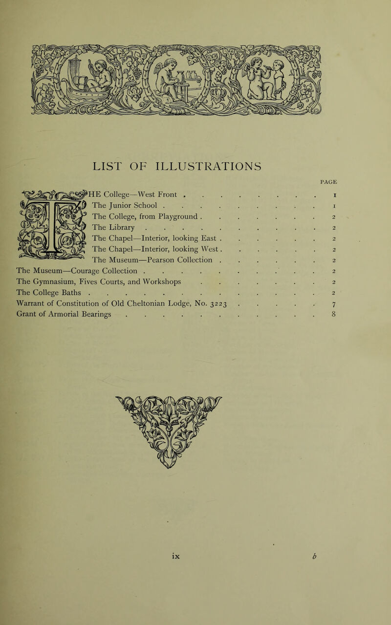 LIST OF ILLUSTRATIONS iE College—West Front . The Junior School .... The College, from Playground . The Library ..... The Chapel—Interior, looking East . The Chapel—Interior, looking West. The Museum—Pearson Collection . The Museum—Courage Collection ..... The Gymnasium, Fives Courts, and Workshops The College Baths ........ Warrant of Constitution of Old Cheltonian Lodge, No. 3223 Grant of Armorial Bearings ...... PAGE I 1 2 2 2 2 2 2 2 2 7 8