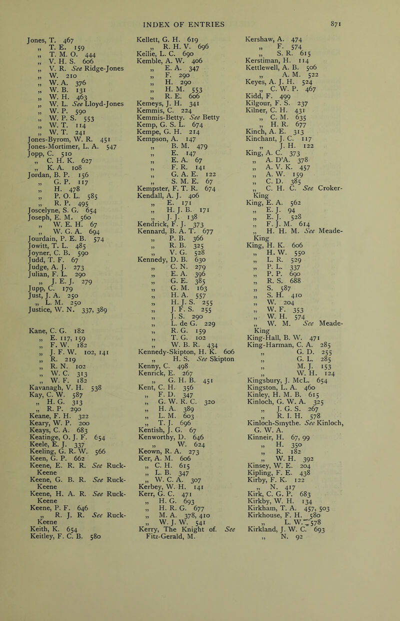Jones, T. 467 „ T. E. 159 „ T. M. O. 444 „ V. H. S. 606 „ V. R. See Ridge-Jones „ W. 210 „ W.A. 376 „ W. B. 131 „ W. H. 463 „ W. L. S'ljg Lloyd-Jones „ W. P. 590 „ W. P. S. 553 „ W. T. 114 „ W. T. 241 Jones-Byrom, W. R. 451 Jones-Mortimer, L. A. 547 Jopp, C. 510 „ C. H. K. 627 „ K. A. 108 Jordan, B. P. 156 „ G. P. 117 „ H. 478 „ P. O. L. 585 „ R. P. 495 Joscelyne, S. G. 654 Joseph, E. M. 560 „ W. E. H. 67 „ W. G. A. 694 Jourdain, P. E. B. 574 Jowitt, T. L. 485 Joyner, C. B. 590 Judd, T. F. 67 Judge, A. J. 273 Julian, F. L. 290 „ J. E. J. 279 Jupp, C. 179 Just, T. A. 250 „ L. M. 250 Justice, W. N. 337, 389 Kane, C. G. 182 „ E. 117, 159 „ F. W. 182 „ J. F. W. 102, 141 „ R. 219 „ R. N. 102 „ W. C. 313 „ W. F. 182 Kavanagh, V. H. 538 Kay, C W. 587 „ H. G. 313 „ R. P. 290 Keane, F. H. 322 Keary, W. P. 200 Keays, C. A. 683 Keatinge, O. J. F. 654 Keele, E. J. 337 Keeling, G. R. W. 566 Keen, G. P. 662 Keene, E. R. R. See Ruck- Keene Keene, G. B. R. See Ruck- Keene Keene, H. A. R. See Ruck- Keene Keene, P. F. 646 „ R. J. R. See Ruck- Keene Keith, K. 654 Keitley, F. C. B. 580 Kellett, G. H. 619 „ R. H. V. 696 Kellie, L. C. 690 Kemble, A. W. 406 „ E. A. 347 „ F. 290 „ H. 290 „ H. M. 553 „ R. E. 606 Kemeys, J. H. 341 Kemmis, C. 224 Kemmis-Betty. See Betty Kemp, G. S. L. 674 Kempe, G. H. 214 Kempson, A. 147 „ B. M. 479 „ E. 147 „ E. A. 67 „ F. R. 141 „ G. A. E. 122 „ S. M. E. 67 Kempster, F. T. R. 674 Kendall, A. J. 406 „ E. 171 „ H. J. B. 171 „ J- J- 138 Kendrick, F. J. 373 Kennard, B. A. T. 677 „ P. B. 366 „ R. B. 325 „ V. G. 528 Kennedy, D. B. 630 „ C. N. 279 „ E. A. 396 „ G. E. 385 „ G. M. 163 „ H. A. 557 „ H. J. S. 255 „ J. F. S. 255 „ J. S. 290 „ L. de G. 229 „ R. G. 159 „ T. G* 102 „ W. B. R. 434 Kennedy-Skipton, H. K. 606 „ H. S. See Skipton Kenny, C. 498 Kenrick, E. 267 „ G. H. B. 451 Kent, C. H. 356 „ F. D. 347 „ G. W. R. C. 320 „ H. A. 389 „ L.M. 603 „ T.J. 696 Kentish, J. G. 67 Kenworthy, D. 646 „ W. 624 Keown, R. A. 273 Ker, A. M. 606 „ C. H. 615 „ L. B. 347 „ W. C. A. 307 Kerbey, W. H. 141 Kerr, G. C. 471 „ H. G. 693 „ H. R. G. 677 „ M. A. 378, 410 „ W. J. W. 541 Kerry, The Knight of. See Fitz-Gerald, M. Kershaw, A. 474 F. 574 „ S. R. 615 Kerstiman, H. 114 Kettlewell, A. B. 506 „ A. M. 522 Keyes, A. J. H. 524 „ C.W. P. 467 Kidd, F. 499 Kilgour, F. S. 237 Kilner, C. H. 431 „ C. M. 635 „ H. R. 677 Kinch, A. E. 313 Kinchant, J. C. 117 „ J. H. 122 King, A. C. 373 „ A. D’A. 378 „ A. V. K. 457 „ A. W. 159 „ C. D. 385 „ C. H. C. See Croker- King King, E. A. 562 „ E. J. 94 „ E. J. 528 „ F. J. M. 614 „ H. H. M. See Meade- King King, H. K. 606 „ H. W. 550 „ L. R. 529 » P- L. 337 „ P. P. 690 „ R. S. 688 „ S. 587 „ S. H. 410 „ W. 204 „ W. F. 353 „ W. H. 574 „ W. M. See Meade- King King-Hall, B. W. 471 King-Harman, C. A. 285 „ G. D. 255 „ G. L. 285 ,, M. J. 153 „ W. H. 124 Kingsbury, J. McL. 654 Kingston, L. A. 460 Kinley, H. M. B. 615 Kinloch, G. W. A. 325 „ J. G. S. 267 „ R. I. H. 578 Kinloch-Smythe. See Kinloch, G. W. A. Kinneir, H. 67, 99 » H. 350 „ R. 182 „ W. H. 392 Kinsey, W. E. 204 Kipling, F. E. 438 Kirby, F. K. 122 „ N. 417 Kirk, C. G. P. 683 Kirkby, W. H. 134 Kirkham, T. A. 457, 503 Kirkhouse, F. H. 580 L. W.-578 Kirkland, J. W. C. 693 „ N. 92
