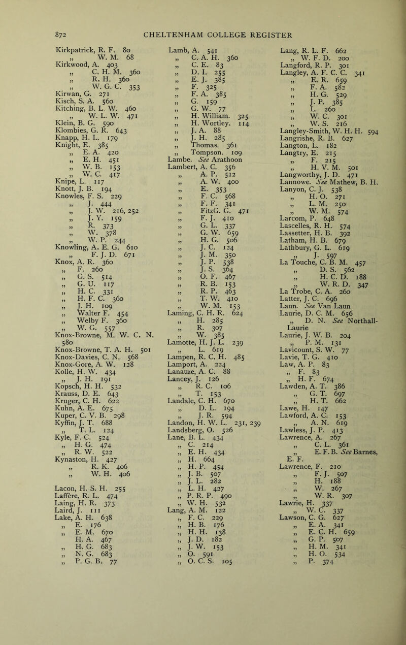 Kirkpatrick, R. F. 80 W. M. 68 Kirkwood, A. 403 „ C. H. M. 360 „ R. H. 360 ,, W. G. C. 353 Kirwan, G. 271 Kisch, S. A. 560 Kitching, B. L. W. 460 „ W. L. W. 471 Klein, B. G. 590 Klombies, G. R. 643 Knapp, H. L. 179 Knight, E. 385 „ E. A. 420 „ E. H. 451 „ W. B. 153 „ W. C. 417 Knipe, L. 117 Knott, J. B. 194 Knowles, F. S. 229 » J- 444 „ J. W. 216, 252 „ J. Y. 159 » R- 373 „ w. 378 „ W. P, 244 Knowling, A. E. G. 610 „ F. J. D. 671 Knox, A. R. 360 „ F. 260 „ G. S. 514 „ G. U. 117 „ H. C. 331 „ H. F. C. 360 „ J. H. 109 „ Walter F. 454 „ Welby F. 360 „ W. G. 557 Knox-Browne, M. W. C. N. 580 Knox-Browne, T. A. H. 501 Knox-Davies, C. N. 568 Knox-Gore, A. W. 128 Kolle, H. W. 434 „ J. H. 191 Kopsch, H. H. 532 Krauss, D. E. 643 Kruger, C. H. 622 Kuhn, A. E. 675 Kuper, C. V. B. 298 Kyffin, J. T. 688 „ T. L. 124 Kyle, F. C. 524 „ H. G. 474 „ R. W. 522 Kynaston, H. 427 Lamb, A. 541 „ C. A. H. 360 „ C. E. 83 „ D. 1. 255 ,, E. J. 38s » F- 325 „ F. A. 385 » G. 159 ,, G. W. 77 „ H. William. 325 „ H. Wortley. 114 ,, J. A. 88 „ J. H. 28s „ Thomas. 361 „ Tompson. 109 Lambe. See Arathoon Lambert, A. C. 356 „ A. P. 512 „ A. W. 400 .. E. 353 „ F. C. 568 „ F. F. 341 „ FitzG. G. 471 „ F. J. 410 „ G. L. 337 „ G. W. 659 „ H. G. 506 „ J. C. 124 „ J. M. 350 ,, J. P. 538 „ J. S. 364 „ O. F. 467 „ R. B. 153 „ R. P. 463 „ T. W. 410 „ W. M. 153 Laming, C. H. R. 624 „ H. 285 » R- 307 » w. 385 Lamotte, H. J. L. 239 „ L. 619 Lampen, R. C. H. 485 Lamport, A. 224 Lanauze, A. C. 88 Lancey, J. 126 „ R. C. 106 ,, T. 153 Landale, C. H. 670 „ D. L. 194 „ J. R. 594 Landon, H. W. L. 231, 239 Landsberg, O. 526 Lane, B. L. 434 „ C. 214 „ E. H. 434 „ H. 664 Lang, R. L. F. 662 „ W. F. D. 200 Langford, R. P. 301 Langley, A. F. C. C. 341 „ E. R. 659 „ F. A. 582 „ H. G. 529 „ J. P. 385 „ L. 260 „ W. C. 301 „ W. S. 216 Langley-Smith, W. H. H. 594 Langrishe, R. B. 627 Langton, L. 182 Langtry, E. 215 „ F. 215 „ H. V. M. 501 Lang worthy, J. D. 471 Lannowe. See Mathew, B. H. Lanyon, C. J. 538 „ H. O. 271 „ L. M. 250 „ W. M. 574 Larcom, P. 648 Lascelles, R. H. 574 Lassetter, H. B. 392 Latham, H. B. 679 Lathbury, G. L. 619 » J- 597 La Touche, C. B. M. 457 „ D. S. 562 „ H. C. D. 188 „ W. R. D. 347 La Trobe, C. A. 260 Latter, J. C. 696 Laun. See Van Laun Laurie, D. C. M. 656 „ D. N. See Northall- Laurie Laurie, J. W. B. 204 ,, P. M. 131 Lavicount, S. W. 77 Lavie, T. G. 410 Law, A. P. 83 „ F. 83 „ H. F. 674 Lawden, A. T. 386 „ G. T. 697 „ H. T. 662 La we, H. 147 Lawford, A. C. 153 „ A. N. 619 Lawless, J. P. 413 Lawrence, A. 267 „ C. L. 361 „ E.F. B. Barnes, E. F. „ R. K. 406 95 H. P. 454 Lawrence, F. 210 „ W. H. 406 99 J. B. 507 99 F. J. 507 99 J. L. 282 99 H. 188 Lacon, H. S. H. 255 99 L. H. 427 99 W. 267 Laff^re, R. L. 474 99 P. R. P. 490 99 W. R. 307 Laing, H. R. 373 99 W. H. 532 Lawrie, H. 337 Laird, J. in Lang, A. M. 122 99 W. C. 337 Lake, A. H. 638 9) F. C. 229 Lawson, C. G. 627 „ E. 176 99 H. B. 176 99 E. A. 341 „ E. M. 670 99 H. H. 138 99 E. C. H. 659 H. A. 467 99 J. D. 182 99 G. P. 507 „ H. G. 683 99 J. W. 153 99 H. M. 341 „ N. G. 683 99 0. 591 99 H. 0. 534 „ P. G. B. 77 99 0. C. S. 105 99 P- 374