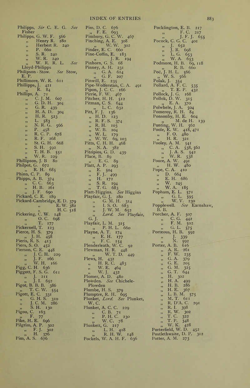 Philipps, Sir C. E. G. See Fisher Philipps, G. W. F. 566 „ Henry R. 280 „ Herbert R. 240 „ P. 660 „ S. R. 240 „ W. R. 240 „ W. R. R. L. See Lloyd-Philipps Philipson - Stow. See Stow, E. P. Phillimore, W. R. 611 Phillipps, j. 421 „ R. 84 Phillips, A. 71 „ C. J. M. 607 „ G. D. H. 304 „ G. R. 439 „ H. A. D. 304 „ H. R. 523 ,, L- 583 „ N. R. G. 566 „ P. 458 „ R. C. P. 678 „ R. F. 268 „ St. G. H. 668 „ S. H. 592 „ T. H. B. SSI „ W. R. 229 Phillipson, J. B 80 Philpot, G. 672 „ R. H. 68s Phinn, C. P. 89 Phipps, A. B. 374 „ C. C. 663 „ H. B. 261 „ J. F. 690 Pickard, C. E. 189 Pickard-Cambridge, E. D. 379 „ E. W. 382 H. C. 518 Pickering, C. W. 148 „ O. C. 698 T. 177 Pickernell, T. 123 Pierce, H. S. 379 „ J. H. 458 Pieris, R. S. 413 Piers, S. O. 432 Pierson, C. E. 448 „ J. C. H. 229 „ J. F. 166 „ W. H. 166 Pigg, C. H. 636 Piggott, F. S. G. 611 „ J. 211 ,, J. I. 632 Pigot, B. B. B. 386 „ T. C. W. S54 Pigott, E. C. 331 „ G. H. S. 310 „ J. C. M. 286 „ S. H. 130 Pigou, C. 163 Pike, H.’e. 696 Pilgrim, A. P. 302 „ F. J. 302 » H. 376 Pim, A. S. 676 Pini, D. C. 676 „ F. E. 693 Pimbury, G. C. W. 467 Pinching, A. E. 308 „ W. W. 302 Pinder, E. C. 660 Pine-Coffin, E. 183 J. R. 194 Pinhorn, G. S. 68 Pinney, A. H. 231 „ G. A. 614 ,, G. F. 207 Pinwill, E. 23s Pipe-Wolferstan, C. A. 491 Pipon, J. C. C. i66 Pirrie, F. W. 467 Pitcher, H. H. 312 Pitman, C. S. 644 „ L. C. 632 Pitt, F. J. 136 „ H.D. 123 „ R. F. S. 374 „ R. H. 103 „ W. B. 104 „ W. L. 179 „ W. W. 69, 103 Pitts, C. H. H. 468 _ _N. A. 382 Pitzipios, G. D. 439 Place, B. 89 „ E. G. 89 Platt, A. P. 293 „ E. S04 ,> F. J. 499 „ H. 172 „ S. R. 194 „ T. G. 683 Platt-Higgins. See Higgins Playfair, G. J. 280 „ G. M. H. 314 „ I. S. O. 683 „ J. W. M. 632 „ Lord. See Playfair, G. J. Playfair, L. M. 313 „ P. H. L. 660 Playne, A. T. 174 „ E. H. 177 „ F. C. 134 Plenderleath, W. C. 92 Plewman, H. R. 448 „ W. T. D. 449 Plews, H. 432 „ H. R. C. 483 „ W. E. 464 „ W. J. 432 Plomer, A. D. 480 Plowden. See Chichele- Plowden Plumbe, H. S. 379 Plumptre, R. H. 693 Plunket, Lord. See Plunket, W. C. Plunket, A. C. C. 229 „ C. B. 71 „ P. H. C. 230 „ W. C. 78 Plunkett, G. 217 „ L. H. 418 „ R. H. W. 148 Pockels, W. A. H. F. 636 Pocklington, E. B. 217 „ F. C. 217 „ J. F. J. 633 Pocock, C. G. C. 401 „ J. 632 „ J. R. 698 „ L. G. 633 „ W. A. 633 Podmore, H. B. 69, 118 ,, R. B. 660 Poe, J. H. L. 366 ,, W. S. 366 Polak, J. 334 Pollard, A. F. C. 333 „ T. E. P. 432 Pollock, J. G. 168 Pollok, D. W. 313 „ E. A. 370 Polwhele, J. A. 304 Pomeroy, R. H. 84 Ponsonby, H. E. 604 „ M. de H. 139 Ponting, W. H. 362 Poole, E. W. 418, 471 „ F. O. 480 „ H. R. 321 Pooley, A. M. 341 „ C. A. 338, 362 „ J. A. S. 342 „ W. R. 338 Poore, A. W. 491 „ H. W. 480 Pope, C. A. 410 „ D. 664 „ E. H. 686 „ W. 243 „ W. A. 183 Popham, E. L. 371 „ G. L. 393 „ W. V. 230 Popplewell. See Earnshaw, B. B. Porcher, A. F. 307 „ C. G. 442 „ F. M. 302 „ G. L. 373 Porteous, H. B. 392 >. J- 339 „ N. 392 Porter, A. B. 616 „ A. R. 261 „ F. W. 233 „ G. A. 379 „ G. E. 203 „ G. M. 323 „ G. T. 644 „ H. 302 „ H. A. 499 „ H. B. 286 „ H. E. 367 „ L. B. M. 373 „ M. T. 611 „ R. D’A. C. 291 „ R. I. 398 „ R. W. 302 „ T. C. 322 „ T. P. 348 „ W. K. 428 Porterfield, W. D. 432 Postlethwaite, D. P. 302 Potter, A. M. 273