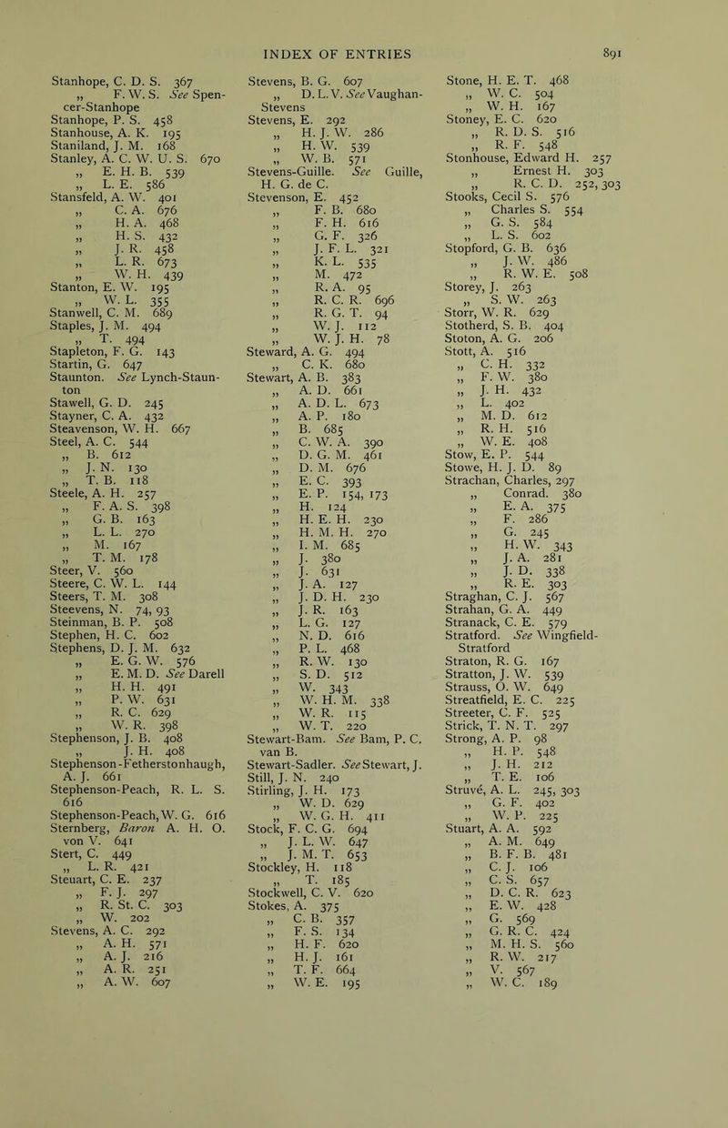 Stanhope, C. D. S. 367 „ F. W. S. See Spen- cer-Stanhope Stanhope, P. S. 458 Stanhouse, A. K. 195 Staniland, J. M. 168 Stanley, A. C. W. U. S. 670 „ E. H. B. 539 „ L. E. 586 Stansfeld, A. W. 401 „ C. A. 676 „ H. A. 468 ,, H. S. 432 „ J. R. 458 „ L. R. 673 „ W. H. 439 Stanton, E. W. 195 „ W. L. 355 Stanwell, C. M. 689 Staples, J. M. 494 „ T. 494 Stapleton, F. G. 143 Startin, G. 647 Staunton. See Lynch-Staun- ton Stawell, G. D. 245 Stayner, C. A. 432 Steavenson, W. H. 667 Steel, A. C. 544 „ B. 612 „ J. N. 130 „ T. B. 118 Steele, A. H. 257 „ F. A. S. 398 „ G. B. 163 „ L. L. 270 „ M. 167 „ T. M. 178 Steer, V. 560 Steere, C. W. L. 144 Steers, T. M. 308 Steevens, N. 74, 93 Steinman, B. P. 508 Stephen, H. C. 602 Stephens, D. J. M. 632 „ E. G. W. 576 „ E. M. D. See Darell „ H. H. 491 „ P. W. 631 „ R. C. 629 „ W. R. 398 Stephenson, J. B. 408 „ J. H. 408 Stephenson -F etherstonhaugh, A. J. 661 Stephenson-Peach, R. L. S. 616 Stephenson-Peach, W. G. 616 Sternberg, Baron A. H. O. von V. 641 Stert, C. 449 „ L. R. 421 Steuart, C. E. 237 „ F. J. 297 „ R. St. C. 303 „ W. 202 Stevens, A. C. 292 „ A. H. 571 „ A. J. 216 „ A. R. 251 „ A. W. 607 Stevens, B. G. 607 „ D. L. V. S’^t'Vaughan- Stevens Stevens, E. 292 „ H. J. W. 286 „ H. W. 539 „ W. B. 571 Stevens-Guille. See Guide, H. G. de C. Stevenson, E. 452 „ F. B. 680 „ F. H. 616 „ G. F. 326 „ J. F. L. 321 » K. L. 535 „ M. 472 „ R. A. 95 „ R. C. R. 696 „ R. G. T. 94 „ W.J. 112 „ W. J. H. 78 Steward, A. G. 494 „ C. K. 680 Stewart, A. B. 383 „ A. D. 661 „ A. D. L. 673 „ A. P. 180 „ B. 685 „ C. W. A. 390 „ D. G. M. 461 „ D. M. 676 » E. C. 393 „ E. P. 154,173 „ H. 124 „ H. E. H. 230 „ H. M. H. 270 „ I. M. 685 „ J- 380 „ J- 631 „ J. A. 127 „ J. D. H. 230 „ J. R. 163 „ L. G. 127 „ N. D. 616 ,, P. L. 468 „ R. W. 130 „ S. D. 512 „ W. 343 „ W. H. M. 338 „ W. R. 115 „ W. T. 220 Stewart-Bam. See Bam, P. C. van B. Stewart-Sadler. Stewart, J. Still, J. N. 240 Stirling, J. H. 173 „ W. D. 629 „ W. G. H. 411 Stock, F. C. G. 694 „ J. L. W. 647 „ J. M. T. 653 Stockley, H. 118 „ T. 185 Stockwell, C. V. 620 Stokes, A. 375 C. B. 357 Stone, H. E. T. 468 „ W. C. 504 „ W. H. 167 Stoney, E. C. 620 „ R. D. S. 516 „ R. F. 548 Stonhouse, Edward H. 257 „ Ernest H. 303 „ R. C. D. 252, 303 Stocks, Cecil S. 576 „ Charles S. 554 „ G. S. 584 ,, L. S. 602 Stopford, G. B. 636 „ J. W. 486 „ R. W. E. 508 Storey, T. 263 „ S. W. 263 Storr, W. R. 629 Stotherd, S. B. 404 Stoton, A. G. 206 Stott, A. 516 „ C. H. 332 „ F. W. 380 „ J. H. 432 „ L. 402 „ M. D. 612 „ R. H. 516 „ W. E. 408 Stow, E. P. 544 Stowe, H. J. D. 89 Strachan, Charles, 297 „ Conrad. 380 „ E. A. 375 „ F. 286 „ G. 245 » H. W. 343 „ J. A. 281 „ J- D- 338 „ R. E. 303 Straghan, C. J. 567 Strahan, G. A. 449 Stranack, C. E. 579 Stratford. See Wingfield- Stratford Straton, R. G. 167 Stratton, J. W. 539 Strauss, O. W. 649 Streatfield, E. C. 225 Streeter, C. F. 525 F. S. H. F. H. J. T. F. W. E. 134 620 161 664 195 Strick, T. N. ' r. 297 Strong, , A. P. 98 H. P. 548 11 J. H. 212 )> T. E. 106 Struve, A. L. 245,303 11 G. F. 402 11 W. P. 225 Stuart, A. A. 592 11 A. M. 649 11 B. F. B. 481 11 C.J. 106 11 c. s. 657 11 D. C. R. 623 11 E. W. 428 11 G. 569 11 G. R. C. 424 11 M. H. S. 560 11 R. W. 217 V. 567 W. C. 189