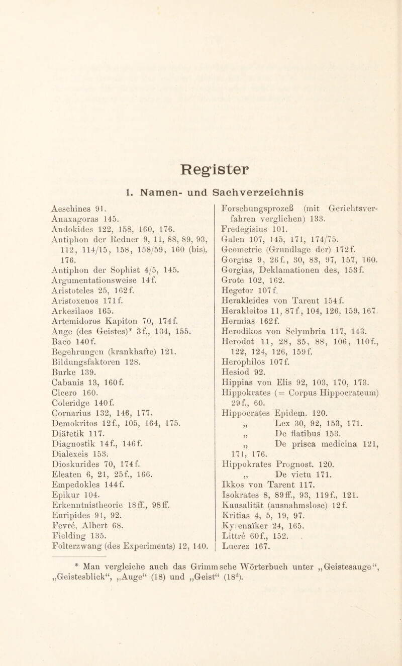 Register 1. Namen- und Sachverzeichnis Aeschines 91. Auaxagoras 145. Andokides 122, 158, 160, 176. Antiphon der Redner 9, 11, 88, 89, 93, 112, 114/15, 158, 158/59, 160 (bis), 176. Antiphon der Sophist 4/5, 145. Argnmentations weise 14f. Aristoteles 25, 162f. Aristoxenos 171 f. Arkesilaos 165. Artemidoros Kapitoii 70, 174f. Auge (des Geistes)* 3f., 134, 155. Baco 140f. Begehrungcn (krankhafte) 121. Bildungsfaktoren 128. Burke 139. Cabanis 13, 160f. Cicero 160. Coleridge 140 f. Cornarius 132, 146, 177. Demokritos 12 f., 105, 164, 175. Diätetik 117. Diagnostik 14f., 146f. Dialexeis 153. Dioskurides 70, 174f. Eleaten 6, 21, 25f., 166. Empedokles 144f. Epikur 104. Erkenntnistheorie 18 tf., 98 ff. Euripides 91, 92. Fevre, Albert 68. Fielding 135. Folterzwang (des Experiments) 12, 140. Forschungsprozeß (mit Gerichtsver- fahren verglichen) 133. Fredegisius 101. Galen 107, 145, 171, 174/75. Geometrie (Grundlage der) 172f. Gorgias 9, 26 f., 30, 83, 97, 157, 160. Gorgias, Deklamationen des, 153f. Grote 102, 162. Hegetor 107f. Herakleides von Tarent 154f. Herakleitos 11, 87 f, 104, 126, 159, 167. Hermias 162f, Herodikos von Selymbria 117, 143. Herodot 11, 28, 35, 88, 106, llOf., 122, 124, 126, 159f. Herophilos 107 f. Hesiod 92. Hippias von Elis 92, 103, 170, 173. Hippokrates (= Corpus Hippocrateum) 29f., 60. Hippocrates Epidem. 120. „ Lex 30, 92, 153, 171. „ De flatibus 153. „ De prisca medicina 121, 171, 176. Hippokrates Prognost. 120. ,, De victu 171. Ikkos von Tarent 117. Isokrates 8, 89ff., 93, 119f., 121. Kausalität (ausnahmslose) 12f. Kritias 4, 5, 19, 97. Kyienaiker 24, 165. Littre 60f., 152. Lucrez 167. * Man vergleiche auch das Grimmsche Wörterbuch unter ,,Geistesauge“, „Geistesblick“, „Auge“ (18) und ,,Geist“ (18*^).