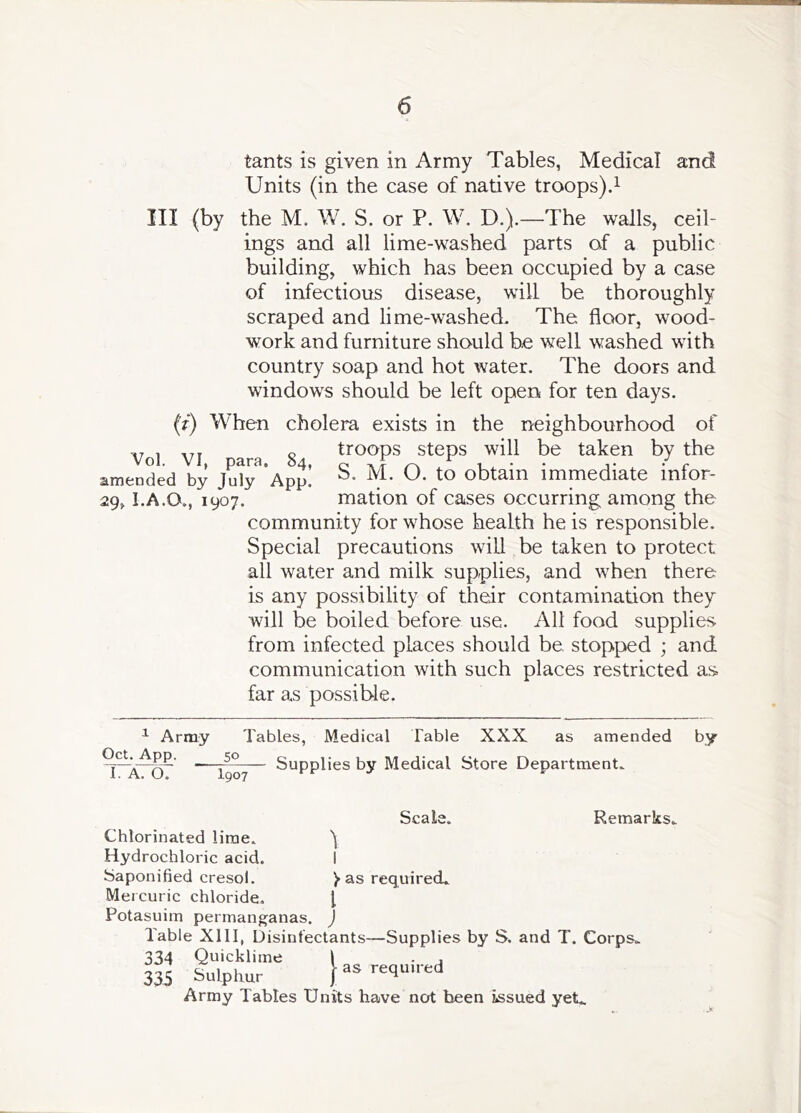 tants is given in Army Tables, Medical and Units (in the case of native troops)d III (by the M. W. S. or P. W. D.).—The walls, ceil- ings and all lime-washed parts of a public building, which has been occupied by a case of infectious disease, will be thoroughly scraped and lime-washed. The floor, wood- work and furniture should he well washed with country soap and hot water. The doors and window^s should be left open for ten days. (t) When cholera exists in the neighbourhood of ,,,,,, o troops steps will be taken by the Vol. VI, para, 54, o ^ f ^ 1 • • t • r amended by July App. obtain immediate intor- 29,1.A.O., 1907. mation of cases occurring among the community for whose health he is responsible. Special precautions will be taken to protect all water and milk supplies, and when there is any possibility of their contamination they will be boiled before use. All food supplies from infected places should be stopped ; and communication with such places restricted as far a.s possible. ^ Army Tables, Medical Table XXX as amended OcC^pp. ^— Supplies by Medical Store Department. by I } as required. Scale. Remarks. Chlorinated lime. Hydrochloric acid. Saponified cresol. Mercuric chloride, [ Potasuim permanganas. J Table XllI, Disinfectants—Supplies by S. and T. Corps. 334 Quicklime \ . , 335 Sulphur J requ.red Army Tables Units have not been issued yeC