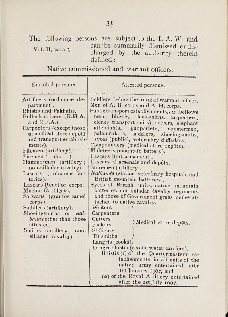 The following persons are subject to the L A. W. and can be summarily dismissed or dis- charged by the authority therein defined :— Vol. II, para 3, Native commissioned and warrant officers. Enrolled persons Artificers (Ordnance de- partment). Bhistis and Pakhalis. Bullock drivers (R.H.A. and K.F.A.), Carpenters ^except those of medical store depots and transport establish^ ments). Filemen (artillery). Firemen ( do. ). Hammermen (artillery ; non-silladar cavalry). Lascars (ordnance fac- tories). Lascars (tent) of corps. Muchis (artillery). Sarwans (grantee camel corps). Saddlers (artillery), Shoeingsmiths or nal- bands othev than those attested. Smiths (artillery; non- silladar cavalry). Attested persons. Soldiers below the rank of wartant officer. Men of A. B. corps and A. H. corps. Public transport establishments,,bellows men, bhistis, blacksmiths, carpenters, clerks transport units), drivers, elephant attendants, gunportets, hammermen, palanmakers, saddlers, shoeingsmiths, syces (public), veterinary duffadars. Compounders (medical store depots). Muleteers (mountain battery). Lascars (fort armament 1. Lascars of arsenals and depots. Storemen (artillery;. Nalbands (station veterinary hospitals and British mountain batteries). Syces of British units, native mountain batteries, non-silladar cavalry regiments and those of Government grass mules at- tached to native cavalry. Writers Carpenters Cutters Packers Slkligars Tinsmiths Langris (cooks). Langri-bhistis (cooks’, water carriers). Bhistis (i) of the Quartermaster's es- tablishments in all units of the native army enteitained aft'er 1st January 19O7, and (ti) of the Royal Artillery entertained after the ist July 1907. I ( I ) Medical store depots.
