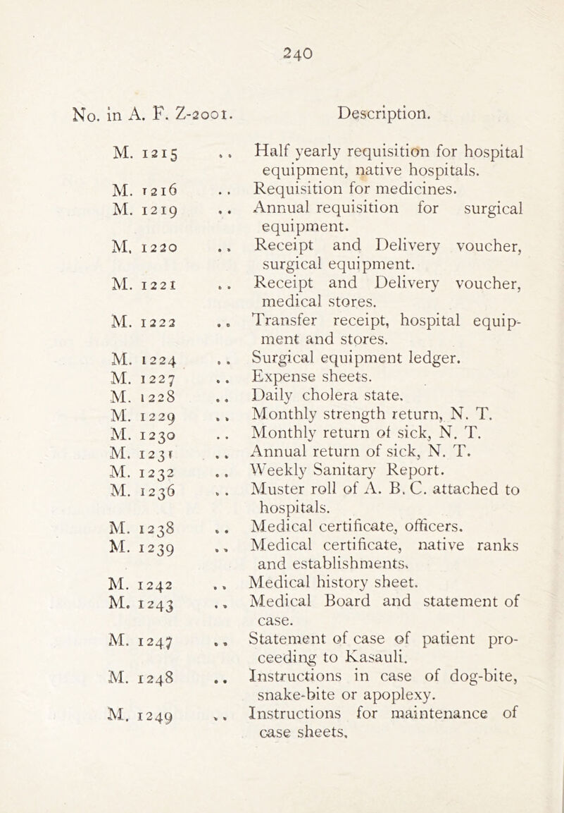 No. in A. F. Z-2001. Description. M. 1215 M. t2i6 M. 1219 M. 1220 M. 1221 M. 1222 M. 1224 M. 1227 M. 1228 M. 1229 M. 1230 M. 1231 M. 1232 M. 1236 M. 1238 M. 1239 M. 1242 M. 1243 M. 1247 M. 1248 M. 1249 Half yearly requisition for hospital equipment, native hospitals. Requisition for medicines. Annual requisition for surgical equipment. Receipt and Delivery voucher, surgical equipment. Receipt and Delivery voucher, medical stores. Transfer receipt, hospital equip- ment and stores. Surgical equipment ledger. Expense sheets. Daily cholera state. Monthly strength return, N. T. Monthly return ol sick, N. T. Annual return of sick, N. T. Weekly Sanitary Report. Muster roll of A. B. C. attached to hospitals. Medical certificate, officers. Medical certificate, native ranks and establishments. Medical history sheet. Medical Board and statement of case. Statement of case of patient pro- ceeding to Kasauli. Instructions in case of dog-bite, snake-bite or apoplexy. Instructions for maintenance of case sheets.