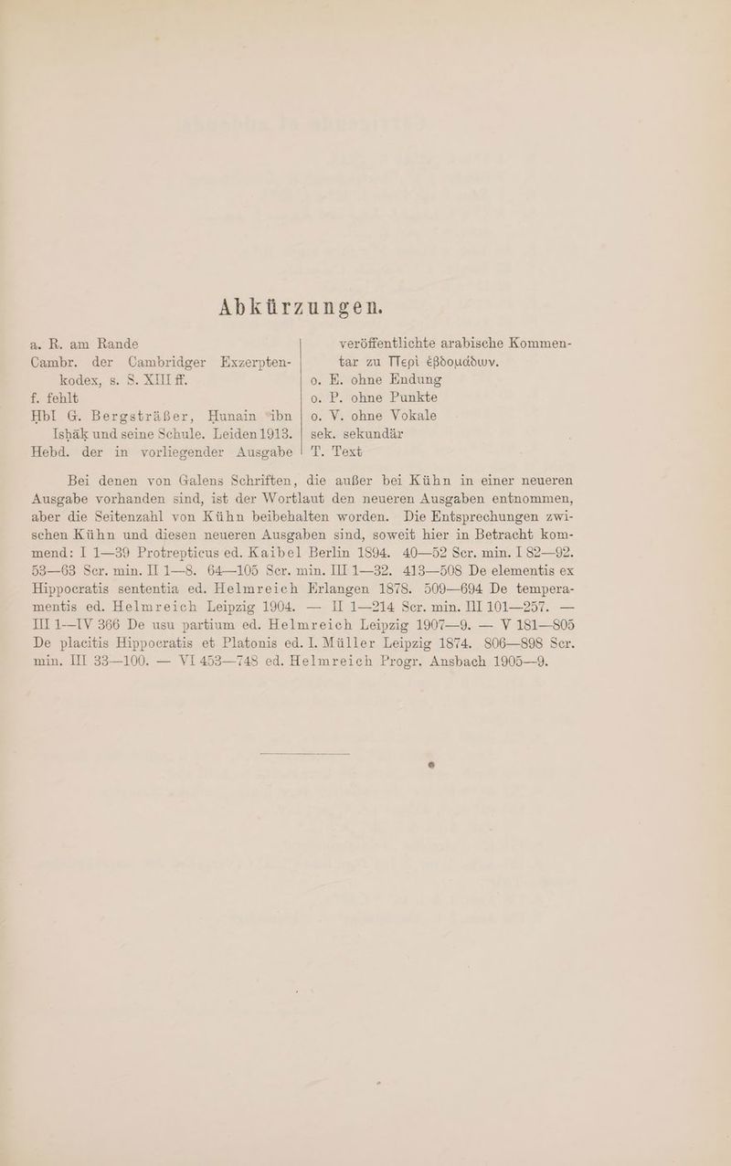 Abkürzungen. a. R. am Rande | veröffentlichte arabische Kommen- Cambr. der Cambridger Exzerpten- tar zu TTepi éBoóoudbuv. kodex, s. S. XIII ff. o. E. ohne Endung f. fehlt o. P. ohne Punkte HbI G. Bergsträßer, Hunain ibn | o. V. ohne Vokale Ishäk und seine Schule. Leiden1913. | sek. sekundär Hebd. der in vorliegender Ausgabe ! T. Text Bei denen von Galens Schriften, die außer bei Kühn in einer neueren Ausgabe vorhanden sind, ist der Wortlaut den neueren Ausgaben entnommen, aber die Seitenzahl von Kühn beibehalten worden. Die Entsprechungen zwi- schen Kühn und diesen neueren Ausgaben sind, soweit hier in Betracht kom- mend: I 1—39 Protreptieus ed. Kaibel Berlin 1894. 40—52 Ser. min. I 82—92. 53-03 Ser. min. II 1—8. 04-105 Ser. min. III 1—32. 413—508 De elementis ex Hippoeratis sententia ed. Helmreich Erlangen 1878. 509—694 De tempera- mentis ed. Helmreich Leipzig 1904. — II 1—214 Ser. min. 111 101—257. — III 1-—IV 366 De usu partium ed. Helmreich Leipzig 1907—9. — V 181—805 De placitis Hippocratis et Platonis ed. I. Müller Leipzig 1874. 806—898 Ser. min. III 33—100. — VI453—748 ed. Helmreieh Progr. Ansbach 1905—9.