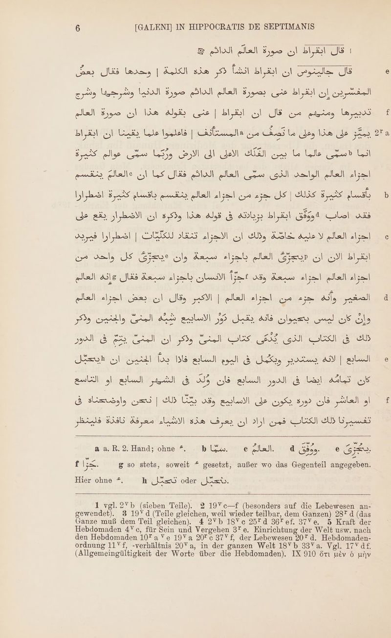 € Sl قال ابقراط ان صورة العالم ١ كال لبدو أن LE BLA ذكر A se | وحدها Ans is المفشربن إن ابقراط (uie بصورة العالم الداكم صورة الدنيا وشرجيدا وشرج .ها eig امن qub JE ابقراط | Quis بقولة. هذا-ان صورة العالم Lil ا Le Ile بين AN U الى الأرض وريما ERAS Al Que اجزاء العالم الواحد. الذى سمّى العالم الدائم فقال كما ان Alle ينقسم cea aime JS | Ms ES usb اصع ان Dl use! ES sts ui led فقد اصاب 1+ $594( ابقراط Anl فى قوله هذا وذكرة ان الاضطرار يقع على اجواء العالم لا عليه AUS وذلك ان الاجزاء تنقاد للكليّات | اضطرارا فبريد ابقراط الان ان Fur العالم باجزاء سبعة وان Set كل واحد من اجزاء العالم اجواء سبعة وقد Tat الانسان باجواء سبعة فقال A3lg العالم 7 الصغير وأنه جوء من اجزاء العالم | الاكبر وقال ان بعض اجزاء العالم Cl» كان لمس بكيوان فانه يقبل وَور الاسابيع IL المنى والجنين وذكر li nes: قا الا عبى ehh re ee لضم فى pU السابع | A39 يستدير ويكمل ف اليوم السابع dos BE الجنين ان «يتحبّل كان Ua AA فى الدور السابع فان ولد فى الشيير السابع او اناسع او العاشر فان دورة يكون على الاسابيع وقد gc ذلك | m os & تنفسيرنا ذلك us فمن اراد ان يعرف هزه syl معرفة sau فلينظر a a أو بط Hand; ohne ^; ba. era le e ere. f s. g so stets, soweit ^ gesetzt, außer wo das Gegenteil angegeben. Hier ohne >. h تحمل oder ist. gewendet). 3 19Yd (Teile gleichen, weil wieder teilbar, dem Ganzen) 28* d (das Ganze muß dem Teil gleichen). 4 2Yb 18Ve 25* d 362 ef. 37Ye. 5 Kraft der Hebdomaden 47 c, für Sein und Vergehen 32 e. Einrichtung der Welt usw. nach den Hebdomaden 102 a Ve 19V a 207 c 37V£, der Lebewesen 20* d. Hebdomaden- ordnung 11V f, -verhültnis 20V a, in der ganzen Welt 18 b 33V a. Vgl. 17V df. (Allgemeingültigkeit der Worte über die Hebdomaden). IX 910 6+1 uev 6 unv