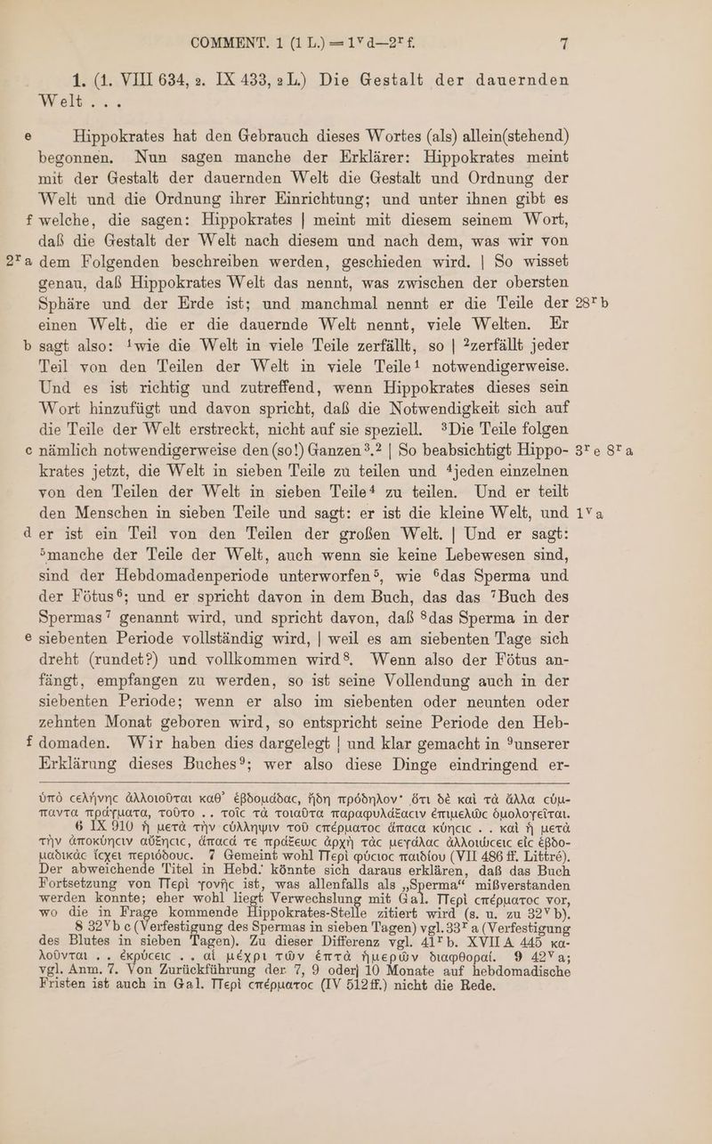 1. (1. VIII 634, 2. IX 433, aL.) Die Gestalt der dauernden Wei: as s e Hippokrates hat den Gebrauch dieses Wortes (als) allein(stehend) begonnen. Nun sagen manche der Erklärer: Hippokrates meint mit der Gestalt der dauernden Welt die Gestalt und Ordnung der Welt und die Ordnung ihrer Einrichtung; und unter ihnen gibt es f welehe, die sagen: Hippokrates | meint mit diesem seinem Wort, daf die Gestalt der Welt nach diesem und nach dem, was wir von 225 dem Folgenden beschreiben werden, geschieden wird. | So wisset genau, daß Hippokrates Welt das nennt, was zwischen der obersten Sphäre und der Erde ist; und manchmal nennt er die Teile der 287b einen Welt, die er die dauernde Welt nennt, viele Welten. Er b sagt also: !wie die Welt in viele Teile zerfällt, so | ?zerfällt jeder Teil von den Teilen der Welt in viele Teile! notwendigerweise. Und es ist richtig und zutreffend, wenn Hippokrates dieses sein Wort hinzufügt und davon spricht, daß die Notwendigkeit sich auf die Teile der Welt erstreckt, nicht auf sie speziell. ?Die Teile folgen nämlich notwendigerweise den (so!) Ganzen ?.? | So beabsichtigt Hippo- 3 e 87a krates jetzt, die Welt in sieben Teile zu teilen und *jeden einzelnen von den Teilen der Welt in sieben Teile? zu teilen. Und er teilt den Menschen in sieben Teile und sagt: er ist die kleine Welt, und 1vYa d er ist ein Teil von den Teilen der großen Welt. | Und er sagt: 5manche der Teile der Welt, auch wenn sie keine Lebewesen sind, sind der Hebdomadenperiode unterworfen®, wie 9das Sperma und der Fötus®; und er spricht davon in dem Buch, das das ”Buch des Spermas genannt wird, und spricht davon, daß Sdas Sperma in der siebenten Periode vollständig wird, | weil es am siebenten Tage sich dreht (rundet?) und vollkommen wird$. Wenn also der Fötus an- fängt, empfangen zu werden, so ist seine Vollendung auch in der siebenten Periode; wenn er also im siebenten oder neunten oder zehnten Monat geboren wird, so entspricht seine Periode den Heb- f domaden. Wir haben dies dargelegt | und klar gemacht in ?unserer Erklärung dieses Buches’; wer also diese Dinge eindringend er- e هه óTÓ ceArivnc 023016001 xa0' ERdouddac, 5 mpóbnAov' غة اجة xai TA 5300 درك Tavra TTPAYUATO, 000 .. TOIC TA 01000. TTApapuAdeacıv EriueiWc óuoAoTetro1. 6 IX 910 ^ uerà ندع cbAAnyıv TOD crepuaroc 67020 xüncic . . xol f) nerä nv Amoklncıv ,عل ا ناه Ämacd TE mpdEeuc Apxr) TAc uepdÀac AAkorwceic eic EBdo- nadırac Icxeı trepiödouc. 7 Gemeint wohl TTepi pbcıoc traıdiou (VII 486 ff. Littré). Der abweichende Titel in Hebd. könnte sich daraus erklären, daß das Buch Fortsetzung von TTepi yovfic ist, was allenfalls als „Sperma“ mißverstanden werden konnte; eher wohl liegt Verwechslung mit Gal. TTepi cmepuoroc vor, wo die in Frage kommende ا ا Stilo zitiert wird (s. u. zu 32Y b). 8 32 b c (Verfestigung des Spermas in sieben Tagen) vgl.33T a (Verfestigung des Blutes in sieben Tagen). Zu dieser Differenz vgl. 413 b. XVIIA 445 xa- Ao0vrar . . Ééxpüceic . . Al uéxpt TWV émTÀ fjuepójv biagOopat. 9 42Va; vgl. Anm. 7. Von Zurückführung der 7, 9 oder| 10 Monate auf hebdomadische