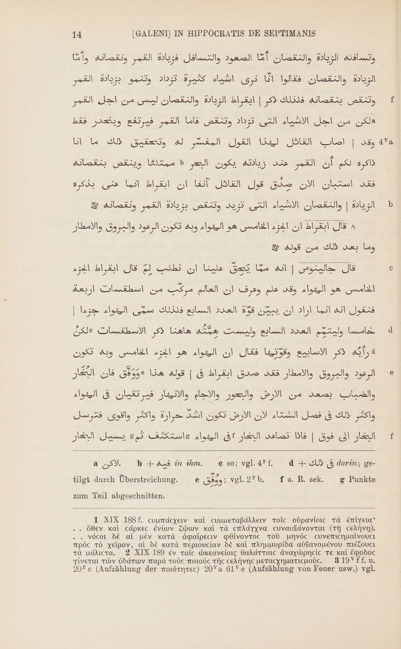 ei, القمر ونقصانه Us الصعود والتسافل WI وتسافله الزيلاة والنقصان il Bla ومنتو فرى: اشياء كثيرة. توداد G1 الزيادة .والنقصان فقالوا فغط ES g33 الغمر ف Lolo Le bs Te الاشماء Joel cm „Na ذلك ما انا ge A a N a EN lol | os, 47a Slaii ai, Elise ll يكون Abb; ode ll qj ذاكره لاك انما عنى بذكره bl ان Gol استبان الان حبدق قول القاكل odis © القمر ونقصانه al الويادة | والنقصان الاشياء التى تريد وتنقص قال ابقراط الجزء I يق علينا ان نطلب Ue قال جالينوص | انه e Aa) من اسطقسات cuf pe وقد علم وعرف أن العالم alea الخاسس هو ETE (Su إبها ,اراد ان 35 العرد_السابع فلك MENT SI هاهنا ذكر الاسطفسات alfa خامسا وليتيّم العدد السابع وليست 3 IT Ay ll al نهو alt N 5 اله ذكر الاساريع الرعود والمروق والامطار فقد صدق ابقراط فى | قوله هذا 58750 فان البغار » ll بصعد من الارض والبهور والاجام والانويار فيرتقيان فى als واكثر ذلك فى فصل الشمتاء لان الارض نكون اشد حرارة واكثر واقوى فتترسل f كار الل 39$ | BE تطتاعادا االخاوا؟ في الطدواء»اشتشكقهاة ثم ءا Sun الخار (à darin; ge- ذلك b -F 443 in hm. € 50; vgl.4Tf. d-+ — دلاكن 8 tilgt durch Überstreichung. e E vgl.2*b. fa. R. sek. g Punkte zum Teil abgeschnitten. 1 XIX 188 1. cuumdcyew xai cuuneraßdAkeıv roic oüpaviotc TA Eriyera’ . 60ev xai 600126 Eviwv Zuwv xdi TA cmAdyxva cuvavkdvovrar (Tf) ceANvn). . . vocor bé ai EV xard apaipecıv qtvovroc TOD UNVÖC cuvemicnuatvouct mpóc TO Xecipov, ai 56 200 mepioucíav dE Kal mAnunupida ab£avouévou 11660101 ta udAıcra. 2 XIX 189 ev «oic diea vetotg 007001 عأ 1م لازن رحن TE kai Epodoc امج بحام TWV VdATWY TTAPA TOUC 10100 TC ceANvNc neracxnuarıcmouc. 819Yff. u. 20° c (Aufzählung der noiörntec) 20Va 017 e (Aufzählung von Feuer usw.) vgl.