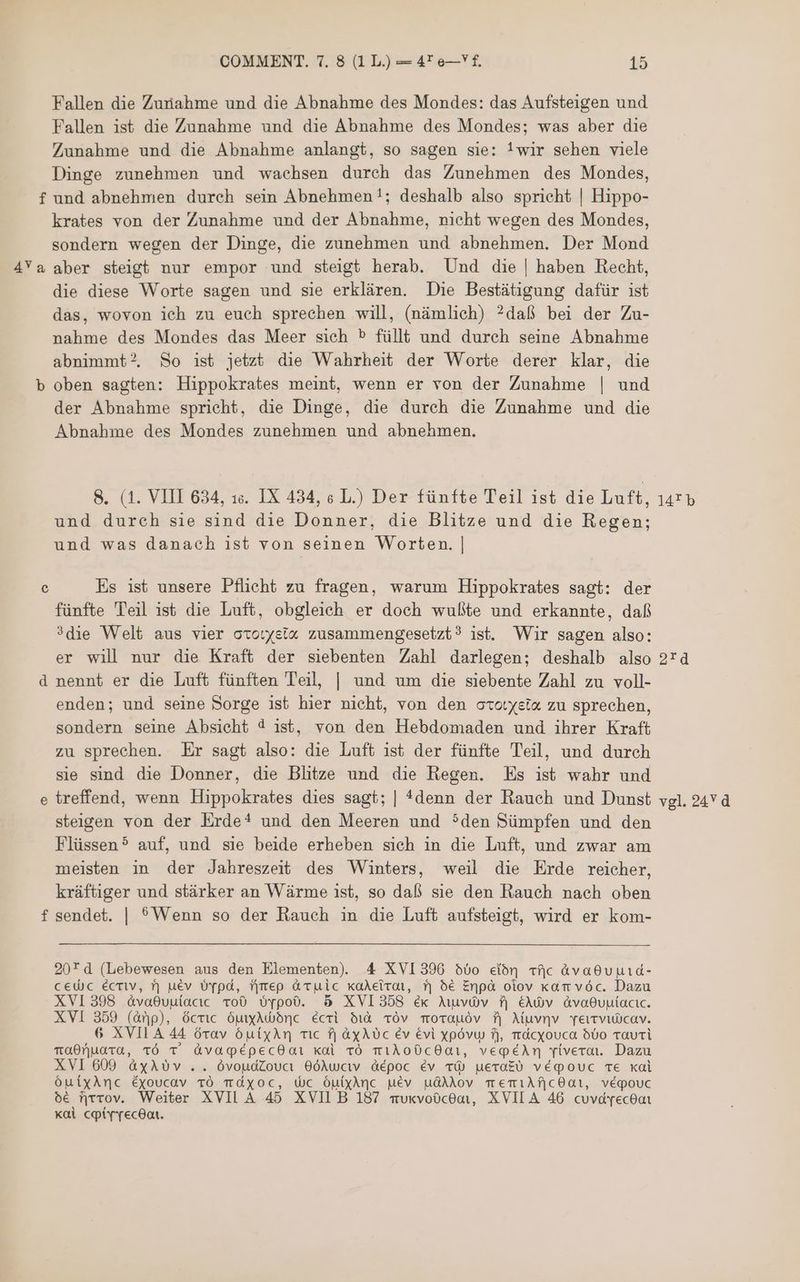 Fallen die Zunahme und die Abnahme des Mondes: das Aufsteigen und Fallen ist die Zunahme und die Abnahme des Mondes; was aber die Zunahme und die Abnahme anlangt, so sagen sie: !wir sehen viele Dinge zunehmen und wachsen durch das Zunehmen des Mondes, f und abnehmen durch sein Abnehmen!; deshalb also spricht | Hippo- krates von der Zunahme und der Abnahme, nicht wegen des Mondes, sondern wegen der Dinge, die zunehmen und abnehmen. Der Mond 4Ya aber steigt nur empor und steigt herab. Und die | haben Recht, die diese Worte sagen und sie erklären. Die Bestätigung dafür ist das, wovon ich zu euch sprechen will, (nämlich) ?daß bei der Zu- nahme des Mondes das Meer sich 5 füllt und durch seme Abnahme abnimmt?, So ist jetzt die Wahrheit der Worte derer klar, die b oben sagten: Hippokrates meint, wenn er von der Zunahme | und der Abnahme spricht, die Dinge, die durch die Zunahme und die Abnahme des Mondes zunehmen und abnehmen. 8. (1. VIII 634, 1e. IX 434, 6 L.) Der fünfte Teil ist die Luft, 14* b und durch sie sind die Donner, die Blitze und die Regen; und was danach ist von seinen Worten. | c Es ist unsere Pflicht zu fragen, warum Hippokrates sagt: der fünfte Teil ist die Luft, obgleich er doch wußte und erkannte, daß ?die Welt aus vier oto:yeix zusammengesetzt? ist. Wir sagen also: er wil nur die Kraft der siebenten Zahl darlegen; deshalb also 84 d nennt er die Luft fünften Teil, | und um die siebente Zahl zu voll- enden; und seine Sorge ist hier nicht, von den otoryelx zu sprechen, sondern seine Absicht 4 ıst, von den Hebdomaden und ihrer Kraft zu sprechen. Er sagt also: die Luft ist der fünfte Teil, und durch sie sind die Donner, die Blitze und die Regen. Es ist wahr und e treffend, wenn Hippokrates dies sagt; | *denn der Rauch und Dunst vgl. 247 à steigen von der Erde* und den Meeren und den Sümpfen und den Flüssen? auf, und sie beide erheben sich in die Luft, und zwar am meisten in der Jahreszeit des Winters, weil die Erde reicher, kräftiger und stärker an Wärme ist, so daß sie den Rauch nach oben f sendet. | Wenn so der Rauch in die Luft aufsteigt, wird er kom- 207 01 (Lebewesen aus den Elementen) 4 XVI396 dbo elön عقع Avaduuıd- CEWC ECTIV, 8 uév لمعن Nep aruic xadeltar, N 56 Enpà oiov kamvöc. Dazu XVI 398 avaduniacıc tod üypodü. 58 XVI358 ek Muvv N انك( dvadvuiacıc. XVI 359 (ànp), ócric óuuAd)ónc écri 510 بدن 1010101 N Muvnv Terrviücav. 6 XVILA 44 órav óuíixAÀn عا ^ 001 Ev Evi xpóvu) fj, TACXoUca dVo Tauri radnuara, 60 T Avapepecdaı xai Tö 113006 01, vegéAn Yiveron. Dazu XVI 609 àxyA90v .. óvoudZouct BöAwcıv 0م06 © Ev نع METOED véqouc TE kai óuixAnc éyoucav TÓ TÄXOC, WC ÖuixAnc uev udAAov 16118156 01, végouc de rrov. Weiter XVII Á 45 XVII B 187 nukvoücdar, XVILA 46 cuvayecdaı xai cpiyyecdar.