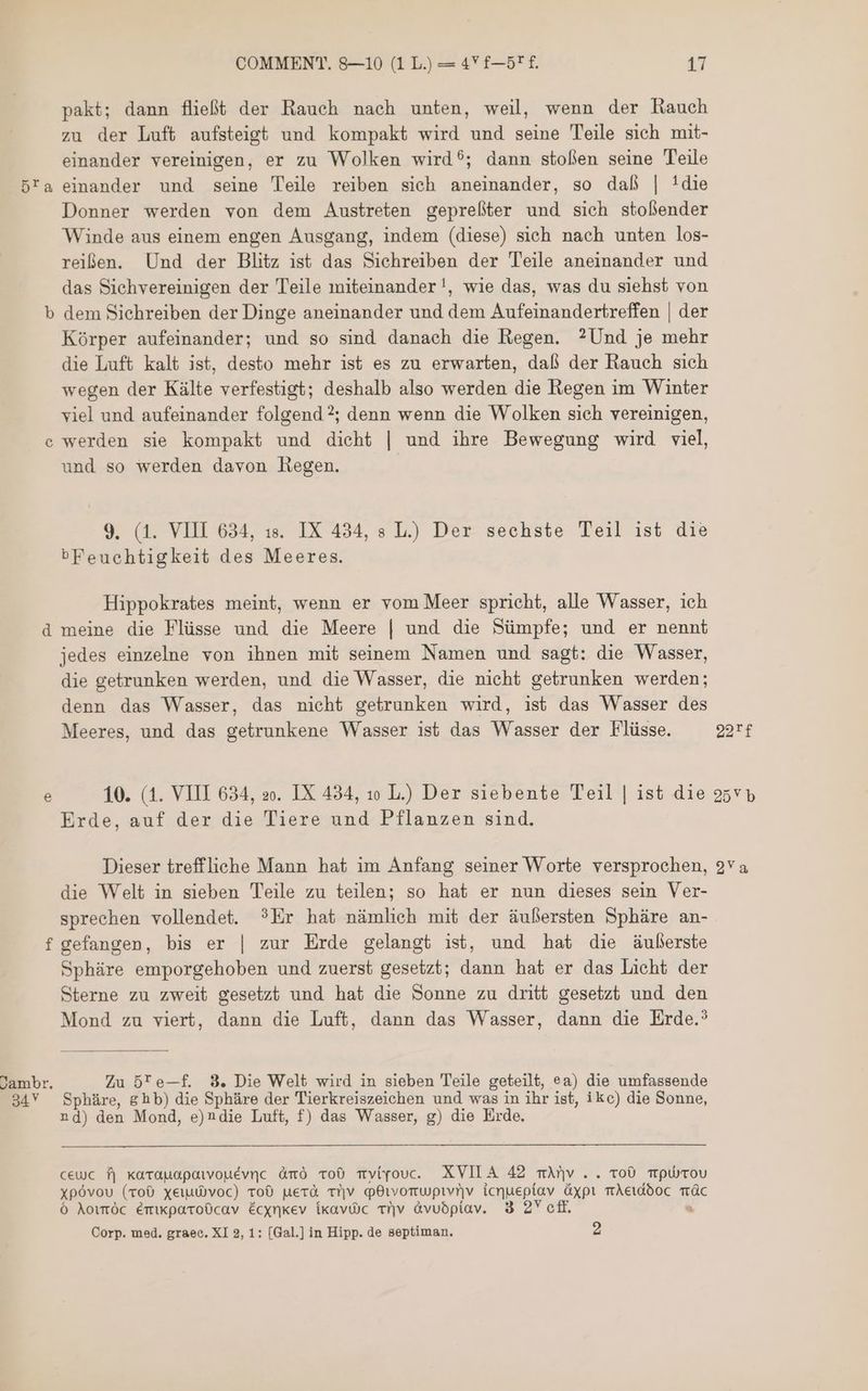 pakt; dann fließt der Rauch nach unten, weil, wenn der Rauch zu der Luft aufsteigt und kompakt wird und seine Teile sich mit- einander vereinigen, er zu Wolken wird®; dann stoßen seine Teile 5'a einander und seine Teile reiben sich aneinander, so daß | !die Donner werden von dem Austreten gepreßter und sich stoßender Winde aus einem engen Ausgang, indem (diese) sich nach unten los- reißen. Und der Blitz ist das Sichreiben der Teile aneinander und das Sichvereinigen der Teile miteinander!, wie das, was du siehst von b dem Sichreiben der Dinge aneinander und dem Aufeinandertreffen | der Kórper aufeinander; und so sind danach die Regen. ?Und je mehr die Luft kalt ist, desto mehr ist es zu erwarten, dali der Rauch sich wegen der Kälte verfestigt; deshalb also werden die Regen im Winter viel und aufeinander folgend ?; denn wenn die Wolken sich vereinigen, werden sie kompakt und dicht | und ihre Bewegung wird viel, und so werden davon hegen. | [e 9. (1. VIII 634, ıs. IX 434, s L.) Der sechste Teil ist die bFeuchtigkeit des Meeres. Hippokrates meint, wenn er vom Meer spricht, alle Wasser, ich d meine die Flüsse und die Meere | und die Sümpfe; und er nennt jedes einzelne von ihnen mit seinem Namen und sagt: die Wasser, die getrunken werden, und die Wasser, die nicht getrunken werden; denn das Wasser, das nicht getrunken wird, ist das Wasser des Meeres, und das getrunkene Wasser ist das Wasser der Flüsse. 99Tf e 10. (1. VIII 634, 2o. IX 434, مد‎ L.) Der siebente Teil | ist die 25Y» Erde, auf der die Tiere und Pflanzen sind. Dieser treffliche Mann hat im Anfang seiner Worte versprochen, 2Ya die Welt in sieben Teile zu teilen; so hat er nun dieses sein Ver- sprechen vollendet. ?Er hat nämlich mit der äußersten Sphäre an- f gefangen, bis er | zur Erde gelangt ist, und hat die äußerste Sphüre emporgehoben und zuerst gesetzt; dann hat er das Licht der Sterne zu zweit gesetzt und hat die Sonne zu dritt gesetzt und den Mond zu viert, dann die Luft, dann das Wasser, dann die Erde.? cambr. Zu D'e—f. 9. Die Welt wird in sieben Teile geteilt, ea) die umfassende 34V Sphäre, £h b) die Sphäre der Tierkreiszeichen und was in ihr ist, ikc) die Sonne, nd) den Mond, e)ndie Luft, f) das Wasser, g) die Erde. ceuc 5 korroudpatvouévnc نتن‎ To0 myviyouc. XVII A 42 mv . . 0 TTPWTOU xpóvou (TOD xeıuWvoc) roO perd vv qOtvomupivrv icnueptav áxpi mÀetdóoc mác 6 Aoınöc émikparoücav Ecxnkev íxavü)c Tiv àvuobpiav. 3 2Y off. a Corp. med. graec. XI 2, 1: [Gal.]in Hipp. 06 2
