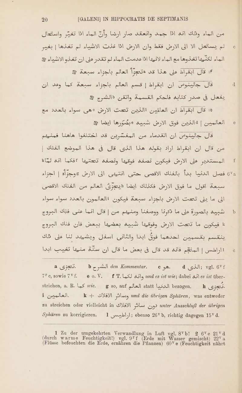 6Ya lee a 191 الماء GUT, عدار ارهنا BES كن 3517 DNA E غذت الاشياء لم تغذها | بغير DL الارض ola Bis لم بيساتحل الا الى الارض ORDER ui ان de S553 الغحسك الملا له US ملع االماء Uno d A Ud الماء © العالم باجزاء سبعة Tania قال ابقراط على هذا قد ıf قال جالينوس ان ابقراط | قسم العالم lab سبعة كما وعد ان يفعل فى صذر كتابه فالحكم القسمة le (الشرج & 9 قال ابقراط ان العالين N تحث الارض ٠هى سواء بالعدد مع العالمين | 1الذين فوق الارض شبيه lese ايضا & ed uela اكدرفوا Od ap rl a re JE | من قال ان ايقراط اراد بقوله هذا الذى قال فى هذا الموضع الفلك EU #فكما انه id المستدير على الارض فيكون نصفه فوقيها ونصفه ol | أن الارض 2 وحرأة el se Zu ellalb las Lat es سبعة اقول ما فوق الارض فكذلك ايضا «يجِزىٌ العالم من الفلك الاقصى الى ما يلى نحت الارض باجزاء سبعة فيكون +العالمون بالعدد سواء سواء gay شبيه بالصورة على ما ذكرنا ووصفنا ومنييم من | قال انما عنى فلك فان فلك البروج man Uran شبيه Use فيكون ما تتحت الارض ok على لك UJ ابدا والثانى اسفل ويشبيد ss ينقسم بقسمين احدهما تغيب ابدا u AXas فانه قد قال فى بعض ما قال ان N | سطارا١ ae 5 الشرح den Kommentar. .هوه 4 sa; vgl Ovi 7* e, sowie 7771, e o. V. fd s às und es ist wie; dabei 4l es öst über- strichen, a. R. كما w?e. — g so, auf العالم statt Sl bezogen. | h.c gm 1 call. k الافلاك -ل play und die übrigen Sphüren, was entweder zu streichen oder vielleicht in الافلاك pw cos? unter Ausschluß der übrigen Sphären zu korrigieren. 1 | Abl jV; ebenso 26 b, richtig dagegen 15Y d. 1 Zu der umgekehrten Verwandlung in Luft vgl. 8Yb! 2 6Ve 21Vd (durch warme Feuchtigkeit!) vgl. 9f (Erde mit Wasser gemischt) 92V a (Flüsse befeuchten die Erde, ernähren die Pflanzen) 60V e (Feuchtigkeit nührt