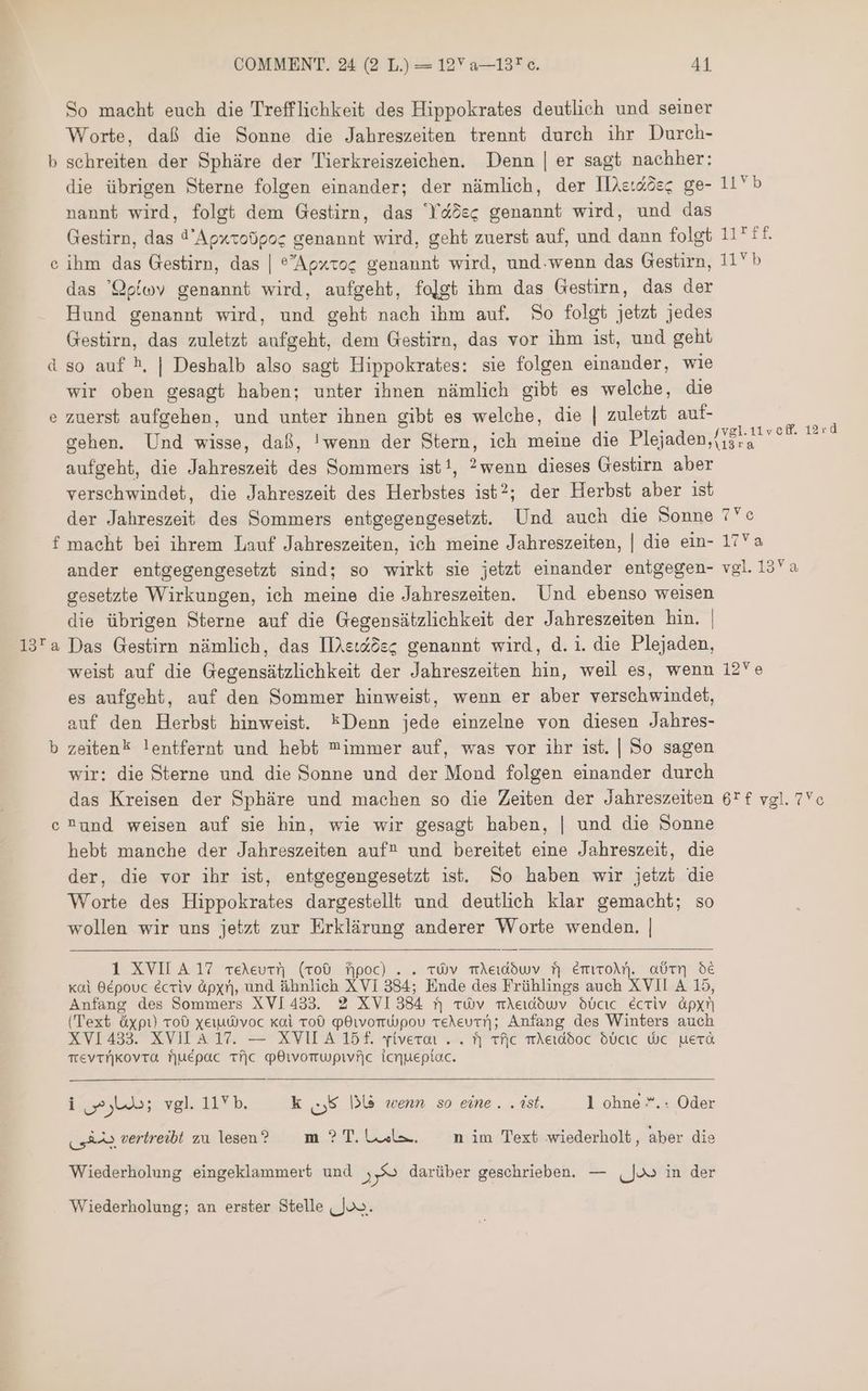 00 1106 11 COMMENT. 24 (2 L.) = 12Y a—13* c. 41 So macht euch die Trefflichkeit des Hippokrates deutlich und seiner Worte, daß die Sonne die Jahreszeiten trennt durch ihr Durch- schreiten der Sphäre der Tierkreiszeichen. Denn | er sagt nachher: die übrigen Sterne folgen einander; der nämlich, der 1182:2524 ge- nannt wird, folgt dem Gestirn, das 210524 genannt wird, und das Gestirn, das d’Apxtoöpos genannt wird, geht zuerst auf, und dann folgt ihm das Gestirn, das | *Agxtoc genannt wird, und.wenn das Gestirn, das 'Qolwy genannt wird, aufgeht, folgt ihm das Gestirn, das der Hund genannt wird, und geht naeh ihm auf. So folgt jetzt jedes Gestirn, das zuletzt aufgeht, dem Gestirn, das vor ihm ist, und geht so auf h, | Deshalb also sagt Hippokrates: sie folgen einander, wie wir oben gesagt haben; unter ihnen nämlich gibt es welche, die zuerst aufgehen, und unter ihnen gibt es welche, die | zuletzt auf- 7 Ve A: vgl. 13 a - 12V e Of vel. ve aufgeht, die Jahreszeit des Sommers ist!, ?wenn dieses Gestirn aber verschwindet, die Jahreszeit des Herbstes ist?; der Herbst aber ist der Jahreszeit des Sommers entgegengesetzt. Und auch die Sonne b e d e ander entgegengesetzt sind; so wirkt sie jetzt einander entgegen- gesetzte Wirkungen, ich meine die Jahreszeiten. Und ebenso weisen die übrigen Sterne auf die Gegensützlichkeit der Jahreszeiten hin. | weist auf die Gegensätzlichkeit der Jahreszeiten hin, weil es, wenn es aufgeht, auf den Sommer hinweist, wenn er aber verschwindet, auf den Herbst hinweist. kDenn jede einzelne von diesen Jahres- zeitenk lentfernt und hebt immer auf, was vor ihr ist. | So sagen wir: die Sterne und die Sonne und der Mond folgen einander dureh das Kreisen der Sphäre und machen so die Zeiten der Jahreszeiten und weisen auf sie hin, wie wir gesagt haben, | und die Sonne hebt manche der Jahreszeiten auf? und bereitet eine Jahreszeit, die der, die vor ihr ist, entgegengesetzt ist. So haben wir jetzt die Worte des Hippokrates dargestellt und deutlich klar gemacht; so wollen wir uns jetzt zur Erklärung anderer Worte wenden. | 1 XVILA 17 reXeurn (Tod Npoc) . . vó)v mÀeidbuv f] EmroAn. aürn de Anfang des Sommers XV1433. 2 XV1384 f| rv mAaddwv dbcıc écriv Apyxn (Text üxpı) TOD xeıuWvoc xai 00 PhilvonrWpov rekeurn; Anfang des Winters auch XVIA433. XVIL A 17. — XVII A 15£f. yiveran . . f| 66 70610806 5101 dc 60 TTEVTNKOVTA fjuépac Tfjc gOivorupif|c icqueptac. i ودلمارصس‎ vul Lib, k كان‎ Ile wenn so eine. . dst. 1 ohne *.: Oder sa vertreibt zu lesen? 1&amp;2 D, o... n im Text wiederholt, aber die Wiederholung eingeklammert und , دكر‎ darüber geschrieben. — Jo» in der Wiederholung; an erster Stelle | Jo».
