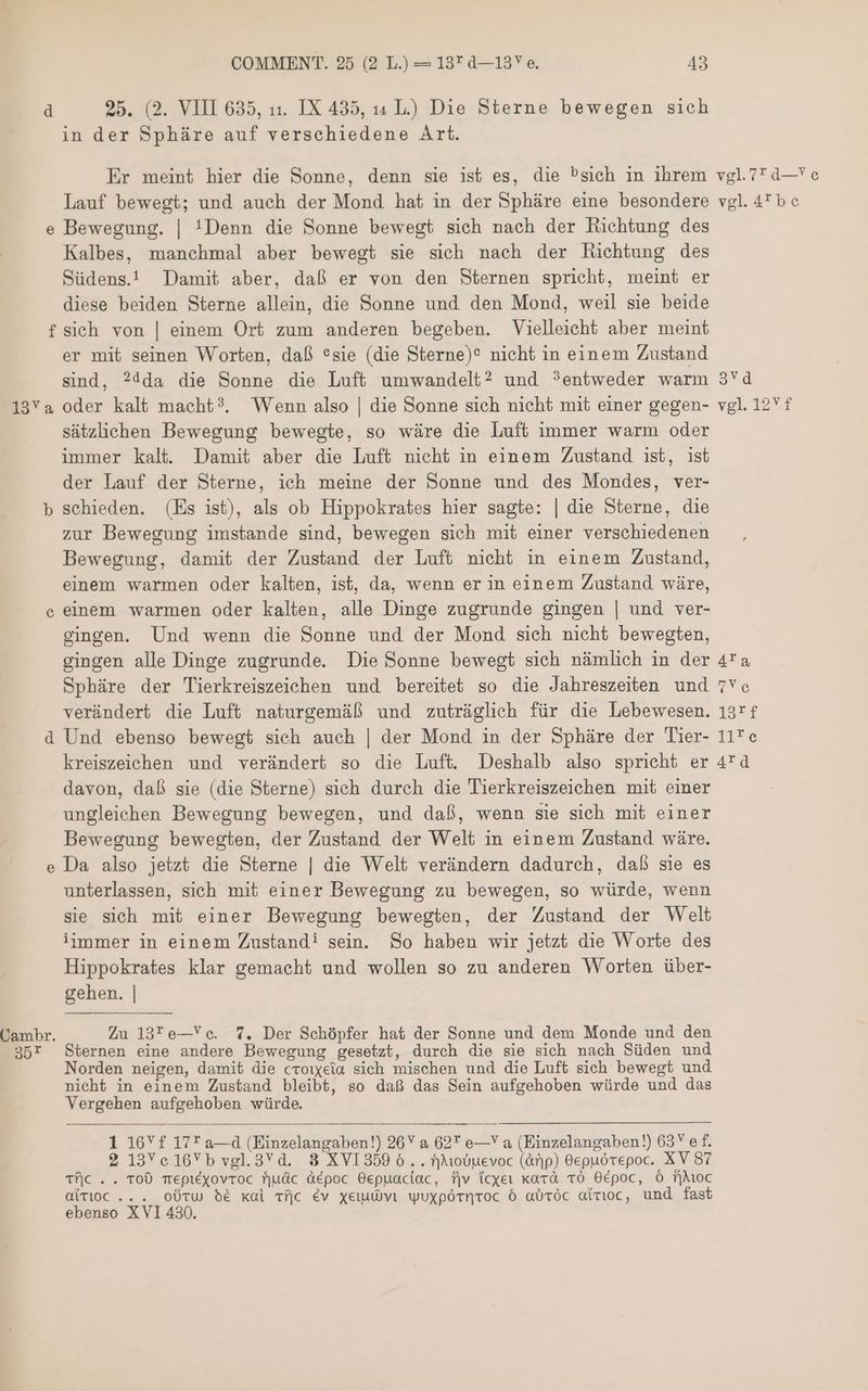vgl.7* 07ل © vgl.4* be ovd vgl. 12Vf 4*a FETU 197 f Tlte 475 0 COMMENT. 25 2 L.) — 13* d—13Y e. 43 d 25. (2. VIII 635, 11. IX 435, 14 L) Die Sterne bewegen sich in der Sphäre auf verschiedene Art. Er meint hier die Sonne, denn sie ist es, die sich in ihrem Lauf bewegt; und auch der Mond hat in der Sphàre eine besondere e Bewegung. | !Denn die Sonne bewegt sich nach der Richtung des Kalbes, manchmal aber bewegt sie sich nach der Richtung des Südens. Damit aber, daß er von den Sternen spricht, meint er diese beiden Sterne allein, die Sonne und den Mond, weil sie beide f sich von | einem Ort zum anderen begeben. Vielleicht aber meint er mit seinen Worten, daß *sie (die Sterne)? nicht in einem Zustand sind, 20053 die Sonne die Luft umwandelt? und ?entweder warm sützlichen Bewegung bewegte, so wäre die Luft immer warm oder immer kalt. Damit aber die Luft nicht in einem Zustand ist, ist der Lauf der Sterne, ich meine der Sonne und des Mondes, ver- b sehieden. (Es ist), als ob Hippokrates hier sagte: | die Sterne, die zur Bewegung imstande sind, bewegen sich mit einer verschiedenen Bewegung, damit der Zustand der Luft nicht in einem Zustand, einem warmen oder kalten, ist, da, wenn er in einem Zustand wäre, einem warmen oder kalten, alle Dinge zugrunde gingen | und ver- gingen. Und wenn die Sonne und der Mond sieh nicht bewegten, gingen alle Dinge zugrunde. Die Sonne bewegt sich nümlich in der Sphäre der Tierkreiszeichen und bereitet so die Jahreszeiten und verändert die Luft naturgemäß und zuträglich für die Lebewesen. d Und ebenso bewegt sich auch | der Mond in der Sphäre der Tier- kreiszeichen und verändert so die Luft. Deshalb also spricht er davon, daß sie (die Sterne) sich durch die Tierkreiszeichen mit einer ungleichen Bewegung bewegen, und daß, wenn sie sich mit einer Bewegung bewegten, der Zustand der Welt in einem Zustand wäre. e Da also jetzt die Sterne | die Welt verändern dadurch, daß sie es unterlassen, sich mit einer Bewegung zu bewegen, so würde, wenn sie sich mit einer Bewegung bewegten, der Zustand der Welt iimmer in einem Zustand! sein. So haben wir jetzt die Worte des Hippokrates klar gemacht und wollen so zu anderen Worten über- gehen. | 6 Sternen eine andere Bewegung gesetzt, durch die sie sich nach Süden und Norden neigen, damit die croixeia sich mischen und die Luft sich bewegt und nicht in einem Zustand bleibt, so daß das Sein aufgehoben würde und das Vergehen aufgehoben würde. 1 16Vf 177 a—d (Einzelangaben!) 267 a 62 e—Y a (Einzelangaben!) 63 e f. 2 13761675 vgl.3Yd. 8 XVI359 6 . . Xıobuevoc (àrjp) 0epuórepoc. XV 87 TC... TOD TepiéXovroc fjuác àépoc Oepuacíac, fjv icxeı katd TO O0époc, 6 fjuoc ebenso XVI 430. 30