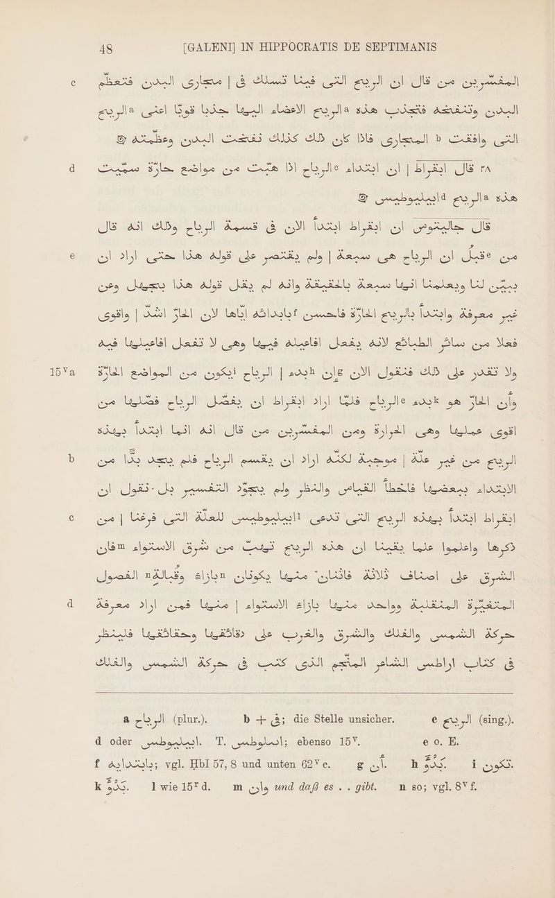 التى فينا تسلك فى | مجارى البدن فتعظم‎ eo JE المغسشرين من قال ان‎ gu la قويًا اعنى‎ bi ol البدن وتنفضه فتجذب هذه «الريح الاعضاء‎ وعظمة ره‎ ya Cm GUAS GU كان‎ D leid b روافقت‎ U De Ha اذا هيت من مواضع‎ cb Jie قال ابقراط | ان ابقتداء‎ ra © هذه «الريح 2ابيليوطيس‎ NE A3 AB, ul Aus N locui bläst sb sie JE من «قبل ان الرياح هى سبعة | ولم يقتصر على قوله هذا حتى اراد ان‎ ويعلمنا انوبا سبعة بالحقيقة وانه لم يقل قوله هذا بتجييل وعن‎ UJ ببيّن‎ اشد | واقوى‎ ZI لان‎ Lab! فلحسن #بابداته‎ BE وابتدا بالريج‎ Aime غير‎ وهى لا تفعل افاعيليها فيه‎ Und يفعل افاعيله‎ AV الطبائع‎ Als من‎ Mas ظبدء | الرياح ذيكون من المواضع الحارة‎ le ولا تغدر على ذلك فنقول الان‎ oe Urs ul hans اق‎ bil ob] WS cb le zone ga SUL ul. sn al Leib A UB eue re quee ارارق‎ Quo Us اللو‎ بدا من‎ oma اراد ان يقسم الرياح فلم‎ AU موجبة‎ | Xe من غير‎ a القياص والنظر ولم يصوّد التغسير بل ٠نقول ان‎ ali الابتداء ببعضيها‎ | المي فرعن‎ AU breit ei U ea JE sis loco! اراح‎ qum ذكرها واعلموا علما يقينا ان هذه الريحج تيمت من شرق الاستواء‎ :وقبالةه.الغصون‎ aljbn متها وكونان‎ LE فلاف‎ Gliel Je الشرقى‎ الاشدواء”|اقنها'فمرع ]> معرفة‎ ilb Ute Ales kN E AA] ورحقائقيها فلينظر‎ Wil والشرق والغرب على‎ Mile حركة الشمس‎ Al, ui Af me see ehr a الو باح‎ (plur.). b + 3; die Stelle unsicher. e gu الو‎ (sing.). d oder .اأييليوطسن‎ T. زاتبلوطسى‎ ebenso 15V. e 0. E. ale ee k .دده‎ 1 wie 15* d. m cola und daß es . . gibt. H 80; vgl. S f. f زبايتدايه‎ vgl. HbI 57, 8 und unten 62 c. os