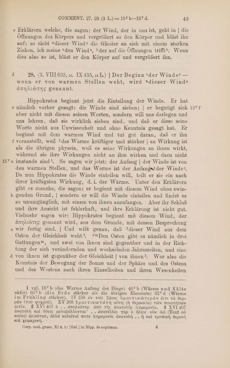 1377 Öffnungen des Körpers und vergrößert so den Körper und bläst ihn auf; so zieht ?dieser Wind? die Glieder an sich mit einem starken Ziehen, ich meine @den Winds, bder auf die Öffnungen trifft», Wenn dies also so ist, bläst er den Körper auf und vergrößert ihn. 28. (3. VIIL 635, 16. IX 435,18 L.) | Der Beginn *der Winde* — wenn er von warmen Stellen weht, wird dieser Wind? ArnAıwrng genannt. Hippokrates beginnt jetzt die Einteilung der Winde. Er hat nämlich vorher gesagt: die Winde sind sieben; | er begnügt sich aber nicht mit diesen seinen Worten, sondern will uns darlegen und uns lehren, daß sie wirklich sieben sind, und daß er diese seine Worte nicht aus Unwissenheit und ohne Kenntnis gesagt hat. Er beginnt mit dem warmen Wind und tut gut daran, daß er ihn d e als die übrigen physeis, weil es seine Wirkungen an ihnen wirkt, während sie ihre Wirkungen nicht an ihm wirken und dazu nicht imstande sind!. So sagen wir jetzt: der Anfang | der Winde ist von den warmen Stellen, und das Warme ist der Anfangseder Windes, Da nun Hippokrates die Winde einteilen will, teilt er sie ein nach ihrer kräftigsten Wirkung, d.i. der Wärme. Unter den Erklärern gibt es manche, die sagen: er beginnt mit diesem Wind ohne zwin- genden Grund, | sondern er will die Winde einteilen und findet es so unumgänglich, mit einem von ihnen anzufangen. Aber ihr Schluß und ihre Ansicht ist fehlerhaft, und ihre Erklärung ist nicht gut. Vielmehr sagen wir: Hippokrates beginnt mit diesem Wind, der ArmAıwrrg genannt wird, aus dem Grunde, mit dessen Besprechung wir fertig sind. | Und wißt genau, daß ?dieser Wind aus dem Osten der Gleichheit weht? 3mDen Osten gibt es nämlich in drei Gattungen”, und zwei von ihnen sind gegenüber und in der Rich- tung der sich verändernden und wechselnden Jahreszeiten, und eine von ihnen ist gegenüber der Gleichheit | von ihnen?. Wer also die Kenntnis der Bewegung der Sonne und der Sphäre und des Ostens und des Westens nach ihren Einzelheiten und ihren Wesenheiten 1 vgl. 16Yb (das Warme Anfang der Dinge) 465 (Wärme und Kälte aktiv) 60Yb (die Erde stärker als die übrigen Elemente) 62Yd (Wärme im Frühling stärker). IV 158 Ev toic Zworc dpactırWrepöv ecrı 0م‎ Bep- uöv (roO wuxpoü) XV 368 dpacrıkwrarn abt (fj Gepuacía) TWVv molorrTwv éctiv. 2 XVI 407 0 .. AmnAwornc àmó Tfj)c àvaroM|c icnuepwfjc. 3 271 7 àvaToÀ! xai óócic meraßdiXovrar’ . . KvareMlcı vào Ó fjuoc oük del (Text ob Kaveı) Wcabrwec, àÀAà Kadeitul move icruepivóc àvavoM| .. i) kai rpomiki] epi) Kal xeiuepivr]. Corp. med. graec. XI 3, 1: [(Gal.] in Hipp. de septiman. E 15Ya 6