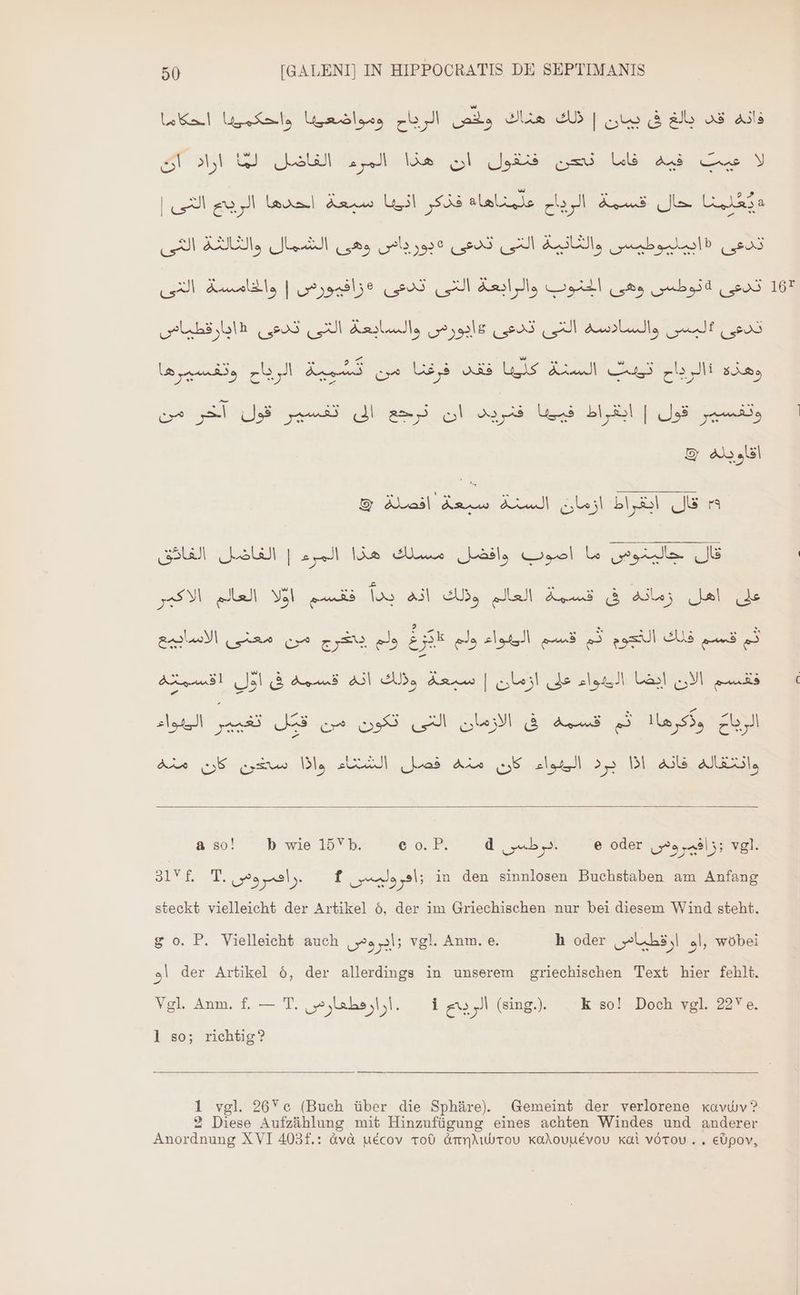167 pil Lax. Sa dU | „io ' ab os aula‏ [وضواضعها واتحكميدا الحكانا Y‏ اغبي qmd Ud anb‏ فقول S UD el aub le qul‏ Lass‏ حال قسمة الرياح علمناهاه فذكر انييا سبعة احدها الريج التى | os‏ #ابيليوطيس والثانية CE‏ تدعى ٠‏ بورداس وهى الشمال والثالقة الى فوع ا reat‏ والسادسه c? 53218 C523 UI‏ والسايعة N‏ ادا رقطياس £o xia.‏ قنك Aus Qe USj a Us AN‏ الرياح ' وتفسيرها Us) bl | sd v3.‏ دروي U x9 A BR Q6‏ لكر ce‏ اقاويله 3 © افصلة‎ da قال ابقراط ازمان السنة‎ rs قال جاليتوس ما اصوب وافضل مسلك هذا المرء | الفاضل الفائق Jar‏ ماس ين Ku‏ العام وتات انير ددا معستي INN N‏ لم قشم فلك التعوم ثم قسم البدواء ولم EEE‏ ولم يأخرج من معنى الاسابيع فغسم Las! co»‏ 21.447 على ازمان | A acus‏ وذلك أنه قسمةهة sl Jal à‏ الزباح ls s,‏ ثم قسمه ف الازمان التى تكون من AS‏ تغيير N‏ Ais QUE eve Dis. lc hai Ai ]تسو ركان‎ a Ba a so! b wie 15Y b. e^o, EE d vb ys. e oder | 525,495; vgl. SIR ME U rel) f ee); in den sinnlosen Buchstaben am Anfang steckt vielleicht der Artikel ó, der im Griechischen nur bei diesem Wind steht. ع‎ o. P. Vielleicht auch , 2,3; vgl. Anm. e. h oder ارقطياصس‎ al, wobei أو‎ der Artikel ó, der allerdings in unserem griechischen Text hier fehlt. Vgl Anm. f. — T. <ازارقطفارض‎ d £y yl (sing.). k so! Doch vgl. 22Y e. ] so; richtig? 1 vgl. 26Yc (Buch über die Sphäre). Gemeint der verlorene xavwv? 2 Diese Aufzählung mit Hinzufügung eines achten Windes und anderer Anordnung XVI 403£.: àvà uécov TOD 016710010 KOAOUMEVOU kai vórou.. EUPOV,